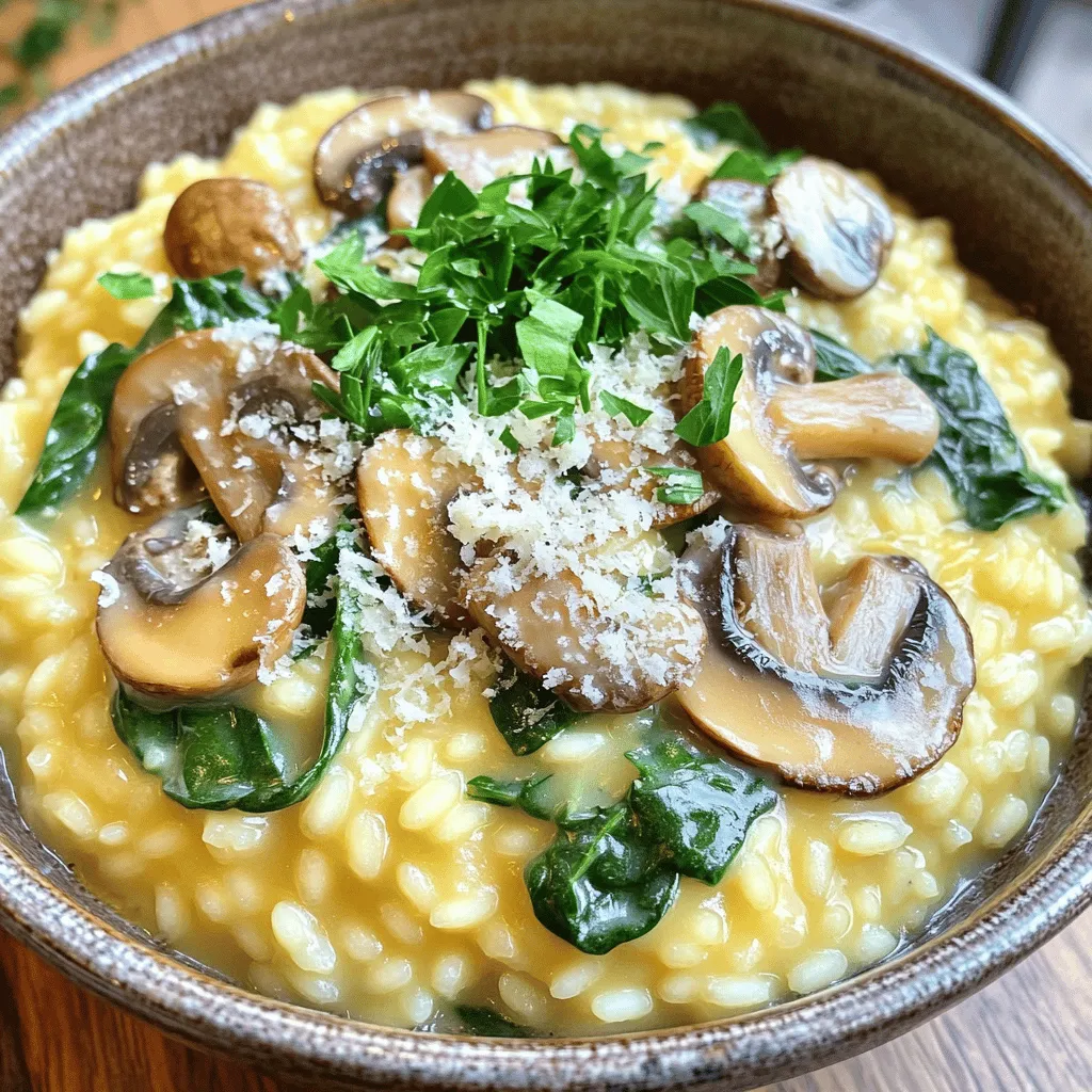 To make a perfect creamy mushroom risotto, you'll need some key ingredients: - 1 cup Arborio rice - 4 cups vegetable broth - 1 cup mushrooms (mixed varieties like cremini, shiitake, and button), sliced - 1 small onion, finely chopped - 2 cloves garlic, minced - 1 cup fresh spinach, roughly chopped - 1/2 cup heavy cream - 1/2 cup grated Parmesan cheese - 2 tablespoons olive oil - 1 tablespoon unsalted butter - Salt and freshly ground black pepper to taste - Fresh parsley, chopped, for garnish These ingredients create depth and richness in the dish. The Arborio rice gives it that creamy texture. The mushrooms add umami, while the onion and garlic provide a strong flavor base. For optional garnishes and enhancements, you can consider: - Extra grated Parmesan cheese on top - A drizzle of truffle oil for a gourmet touch - Toasted pine nuts for crunch - Lemon zest for a fresh kick Feel free to mix and match these ideas to make your risotto even more special! Heating the vegetable broth Start by pouring the vegetable broth into a saucepan. Heat it over low heat. You want it warm, but not boiling. This helps the rice cook evenly. Sautéing onions and mushrooms In a large skillet, add olive oil and butter. Heat it over medium heat. Once hot, toss in the chopped onion. Sauté it for about 3 to 4 minutes. The onion should be soft and clear. Next, add minced garlic and sliced mushrooms. Cook for another 5 to 7 minutes. Stir until the mushrooms are soft and their juices release. Toasting the Arborio rice Now, stir in the Arborio rice. Make sure each grain gets coated in the oil and butter mix. Toast the rice for 1 to 2 minutes. This step adds a nice nutty flavor to the risotto. Adding broth gradually and stirring It's time to add the warm vegetable broth. Use a ladle to scoop it out. Pour one ladle of broth into the rice. Stir as the rice absorbs the broth. Repeat this process, adding broth one ladle at a time. Keep stirring until the rice is creamy and slightly firm. This takes about 18 to 20 minutes. Incorporating cream and cheese When the rice is cooked, add the heavy cream. Then, mix in the grated Parmesan cheese. Stir well until everything is smooth and creamy. Folding in spinach and seasoning Now, fold in the chopped spinach. Stir it in gently. Let it cook for 2 to 3 minutes. The spinach should wilt and mix well. Finally, add salt and black pepper to taste. Make sure the flavors are balanced and delicious. To make your risotto creamy, use Arborio rice. This rice has high starch content, which helps create a rich texture. Start by heating your vegetable broth in a separate pot. Keep it warm, but do not let it boil. When cooking the rice, add the broth slowly. Use a ladle and add one scoop at a time. Stir the rice often. This helps the rice absorb the broth and release its starch. Keep stirring until the rice is soft and creamy. This takes about 18-20 minutes. Choosing the right mushrooms boosts the flavor of your risotto. I like to mix cremini, shiitake, and button mushrooms. Each type adds its own unique taste. Slice the mushrooms thinly for even cooking and better texture. Seasoning is key. Use salt and freshly ground black pepper to taste. Add them gradually. Taste your risotto as you go. This way, you can find the perfect balance. Don't forget to add fresh parsley at the end for a pop of color and flavor. {{image_2}} You can change up the mushrooms in this dish for fun and flavor. Try using a mix of cremini, shiitake, and button mushrooms. Each type brings its unique taste. - Cremini mushrooms add a rich, earthy flavor. - Shiitake mushrooms offer a smoky, meaty taste. - Button mushrooms have a mild flavor, perfect for balance. You can also add other vegetables to your risotto. Spinach is a great option, as it wilts nicely. You can try peas, asparagus, or even zucchini. These veggies add color and more nutrients. If you want a vegan risotto, you can easily adapt this recipe. Use vegetable broth and skip the heavy cream. Instead, use coconut cream or cashew cream for richness. Nutritional yeast is a great substitute for Parmesan. It adds a cheesy flavor without dairy. For a gluten-free risotto, make sure your broth is certified gluten-free. Arborio rice is naturally gluten-free, so you are safe there. This way, anyone can enjoy your creamy mushroom risotto! To store leftover risotto, let it cool first. Place it in an airtight container. This keeps it fresh and prevents drying out. You can store it in the fridge for up to three days. After that, the taste and texture may change. Freezing risotto is a great option if you want to save it for later. First, let the risotto cool completely. Then, transfer it into freezer-safe bags or containers. Remove as much air as possible to avoid freezer burn. It can last in the freezer for about one month. When you’re ready to eat it, thaw the risotto in the fridge overnight. To reheat, add a splash of broth or water. Warm it on the stove over low heat. Stir often until it’s heated through. This helps restore its creamy texture. Enjoy your tasty risotto again! How to make risotto creamy? To make risotto creamy, use Arborio rice. This rice has high starch content. Stir the rice often while cooking. This helps release the starch and creates a rich, creamy texture. Adding warm broth slowly also helps. Keep stirring until the rice absorbs each ladle of broth. At the end, mix in heavy cream and Parmesan cheese for extra creaminess. Can risotto be made ahead of time? Yes, you can make risotto ahead of time. Cook the risotto until it is just al dente. Let it cool and store it in an airtight container in the fridge. When ready to serve, warm it on low heat. Add a splash of broth or cream to loosen it up. Stir well until heated and creamy again. What to serve with creamy mushroom risotto? Creamy mushroom risotto pairs well with many dishes. Serve it with a fresh green salad for balance. Grilled chicken or shrimp adds protein and flavor. You can also enjoy it with roasted vegetables. For a special touch, serve it with a glass of white wine. This elevates the meal and enhances the flavors. In this blog post, we explored how to make a creamy mushroom risotto. We covered key ingredients, simple steps, and helpful tips. You learned about variations and dietary options too. Remember, the right mushrooms and stirring techniques make a big difference. You can store and even freeze leftover risotto easily. Enjoy experimenting with flavors to make the dish your own. I hope this guide helps you create a rich, hearty meal!