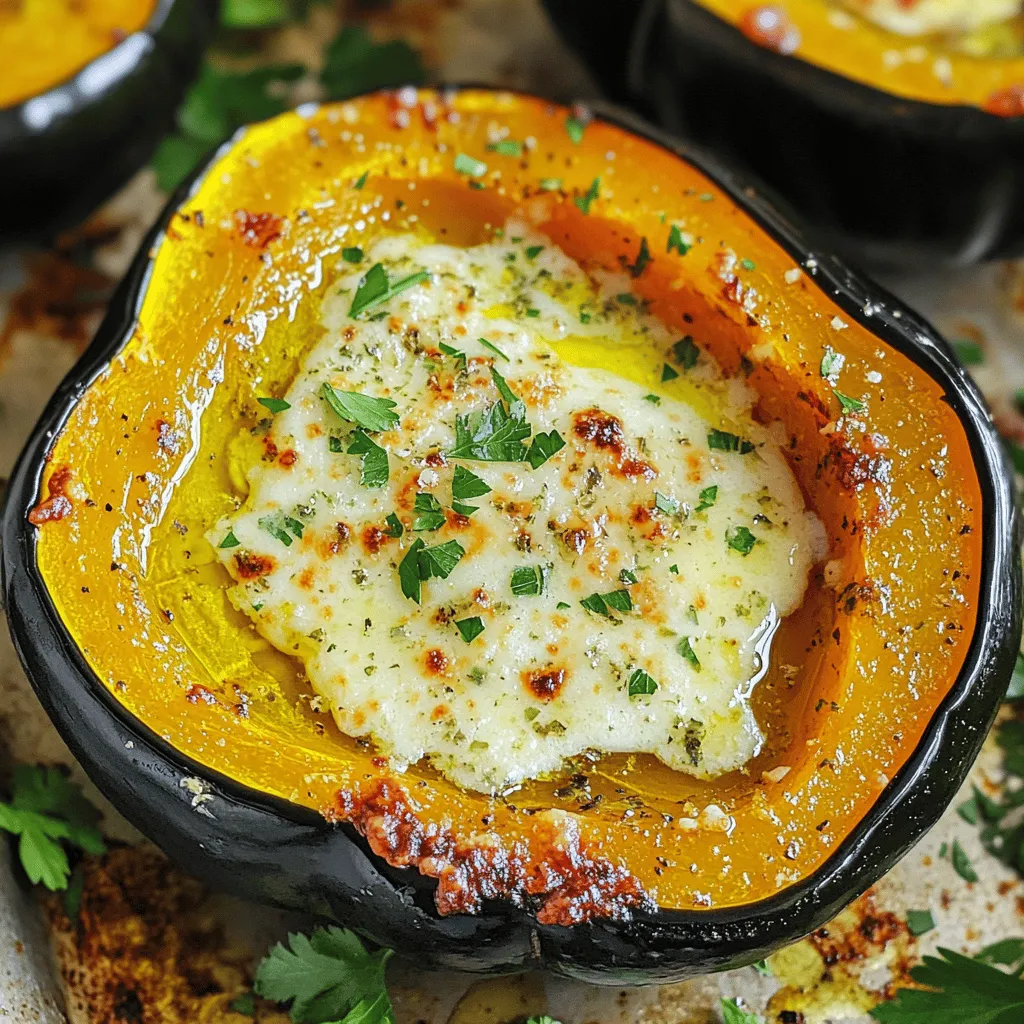 - 2 medium acorn squash, halved and seeds removed - 3 tablespoons olive oil - 1 teaspoon garlic powder - 1 teaspoon dried thyme - 1 teaspoon dried rosemary - 1 teaspoon sea salt - ½ teaspoon black pepper - ½ cup grated Parmesan cheese - 2 tablespoons chopped fresh parsley (for garnish) - Additional herbs and spices - Alternative cheeses When I prepare Parmesan Herb Roasted Acorn Squash, I gather my ingredients first. I use two medium acorn squashes. These squashes have a lovely shape and sweet taste. Next, I measure out three tablespoons of olive oil. Olive oil adds rich flavor and helps the squash roast well. Then, I grab garlic powder. One teaspoon adds a nice depth to the dish. I also use dried thyme and rosemary, both one teaspoon each. These herbs give the squash an earthy taste. I add one teaspoon of sea salt and half a teaspoon of black pepper. These seasonings balance the flavors perfectly. I can't forget the star ingredient: Parmesan cheese. I use half a cup of grated cheese for a nice, cheesy crust. Finally, I chop two tablespoons of fresh parsley. It adds a bright touch when serving. You can also think about optional ingredients. You might want to play with extra herbs or spices. For those who love cheese, try different kinds to change the taste. This recipe is flexible, so feel free to experiment! Prepping the acorn squash Start by preheating your oven to 400°F (200°C). Next, take two medium acorn squashes. Cut them in half and scoop out the seeds. Place the squash halves cut side up on a baking sheet lined with parchment paper. This step helps them roast evenly and prevents sticking. Making the seasoning blend In a small bowl, mix together 3 tablespoons of olive oil, 1 teaspoon of garlic powder, 1 teaspoon of dried thyme, 1 teaspoon of dried rosemary, 1 teaspoon of sea salt, and ½ teaspoon of black pepper. This blend is key for adding flavor to the squash. Stir well until everything combines into a smooth mixture. Roasting process Brush the cut sides of the squash generously with your seasoning blend. Next, sprinkle ½ cup of grated Parmesan cheese evenly over the seasoned squash halves. Place the baking sheet in the preheated oven. Roast for 30 to 35 minutes. The squash should be tender and the tops golden brown. Tips for achieving perfect browning To get that nice golden color, keep an eye on the squash. If they need more color, you can broil them for a few minutes at the end. This helps the cheese crisp up nicely. Let them cool for a few minutes after roasting. Garnish with chopped fresh parsley for a bright finish. To get that perfect roasted acorn squash, start by ensuring even cooking. Place the squash cut side up on a lined baking sheet. This helps the heat reach all parts of the squash. Make sure to use a good amount of the olive oil blend. It keeps the squash moist and tasty. After roasting for 30 to 35 minutes, check for tenderness. A fork should slide easily into the flesh. If it doesn't, give it a few more minutes. You want it soft and ready to eat. To add a twist to your acorn squash, think about sweet or spicy elements. A drizzle of honey or maple syrup can add sweetness. If you like heat, sprinkle some red pepper flakes on top. Both options can change the flavor game. When it comes to garnishes, fresh parsley gives a nice touch. It adds color and a fresh taste. You could also use toasted nuts for crunch. They provide a nice contrast to the soft squash. {{image_2}} You can change up the flavors to match your taste. Adding red pepper flakes gives the dish a spicy kick. Just sprinkle a pinch on top of the squash before roasting. This heat pairs well with the Parmesan. If you want different herbs, try basil or oregano. Each herb brings a unique flavor. Mix and match to create your own blend! If you need a gluten-free option, this recipe is perfect. All the ingredients are naturally gluten-free. For a vegan version, skip the Parmesan cheese. You can replace it with nutritional yeast for a cheesy flavor. You might also use a plant-based cheese. These swaps keep the dish tasty while meeting dietary needs. Feel free to explore different options to suit your palate! After enjoying your Parmesan Herb Roasted Acorn Squash, let it cool. Place the leftovers in an airtight container. This keeps the squash fresh for a few days. Store it in the fridge, where it will last about 3 to 5 days. If you want to keep it longer, consider freezing. Wrap each piece tightly in plastic wrap and then put it in a freezer-safe bag. This way, you can enjoy it later without losing flavor. To reheat, I recommend using the oven. Preheat your oven to 350°F (175°C). Place the squash on a baking sheet. Cover it with foil to keep it moist. Heat for about 15 to 20 minutes. You can also use a microwave for quicker reheating. Just place a piece on a microwave-safe plate and cover it with a damp paper towel. Heat in 30-second bursts until warm. This method may not keep the squash as crispy, but it’s fast and easy. How long does it take to roast acorn squash? Roasting acorn squash takes about 30 to 35 minutes. You want it tender and golden brown. First, preheat your oven to 400°F (200°C) to get the best results. Can I use a different type of squash? Yes, you can use other squashes. Butternut and delicata are great options. They both roast well and have a nice flavor. Just adjust the cooking time based on the size and type of squash you choose. What can I serve with Parmesan Herb Roasted Acorn Squash? This dish pairs well with proteins like chicken or fish. You can also enjoy it with grains such as quinoa or rice. A simple green salad adds freshness and balance to your meal. Caloric and nutritional breakdown Each serving of Parmesan Herb Roasted Acorn Squash has about 200 calories. It provides healthy fats from olive oil and protein from Parmesan cheese. The squash is also a good source of vitamins A and C, which are great for your health. Health benefits of acorn squash Acorn squash is rich in fiber, which is good for digestion. It also has antioxidants that help fight inflammation. Eating this squash can boost your immune system and keep your skin healthy. It’s a tasty way to add nutrition to your meals! This blog post covered everything you need to know about cooking acorn squash. We explored essential and optional ingredients, step-by-step instructions, and tips for the best results. You also learned about flavor variations and how to store leftovers. Acorn squash offers great taste and health benefits, making it a versatile choice for any meal. With these tips, you can easily create a delicious dish that impresses. Enjoy experimenting with flavors that suit your taste!