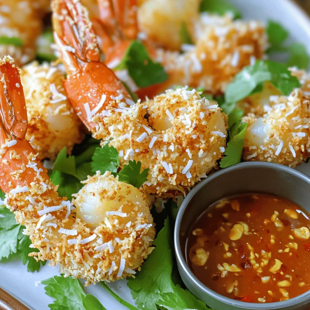 - 1 pound large shrimp, peeled and deveined - 1/2 cup all-purpose flour - 2 large eggs, beaten - 1 cup shredded unsweetened coconut - 1/2 cup panko breadcrumbs - 1 teaspoon paprika - 1/2 teaspoon garlic powder - Salt and pepper to taste - Cooking spray or oil for greasing For this air fryer coconut shrimp, I use large shrimp. They give the best results. Make sure they are peeled and deveined. This step is key for a clean bite. Next, I gather my dry ingredients. I need 1/2 cup of all-purpose flour. This helps the shrimp stick to the coating. I also use 1 cup of shredded unsweetened coconut and 1/2 cup of panko breadcrumbs. The panko adds extra crunch. For flavor, I mix in seasonings. I use 1 teaspoon of paprika and 1/2 teaspoon of garlic powder. I also add salt and pepper to taste. These spices bring the dish to life. I need wet ingredients too. Two large eggs, beaten, help bind everything together. Finally, I have cooking spray or oil. This ensures the shrimp cook evenly and get crispy in the air fryer. Gathering these ingredients makes the process simple and fun. You can easily find them at your local store. With everything ready, you’re set to make delicious coconut shrimp! First, set your air fryer to 400°F (200°C). This is the best temperature for crispy shrimp. Let it preheat for about 5 minutes. Preheating helps the shrimp cook evenly and get that perfect crunch. Next, take your peeled and deveined shrimp. In a bowl, season them well. Use salt, pepper, paprika, and garlic powder. Toss the shrimp gently until they are fully coated. This step adds great flavor to every bite. Now, let’s set up a breading station. You need three shallow dishes: - Flour: Place all-purpose flour in the first dish. - Eggs: Pour beaten eggs into the second dish. - Coconut Mixture: In the third dish, mix shredded coconut and panko breadcrumbs. Take each shrimp and follow these steps for breading: 1. Dip the shrimp in flour first. Shake off any extra. 2. Next, dip it into the beaten eggs. Let any excess drip off. 3. Finally, coat the shrimp in the coconut mixture. Press gently to make it stick. This method builds layers of flavor and texture. For cooking, lightly spray the air fryer basket with cooking spray. Place the breaded shrimp in a single layer. You may need to do this in batches. Lightly spray the tops of the shrimp with cooking spray. Cook the shrimp for 8-10 minutes. Remember to flip them halfway through. This ensures even cooking and a nice golden color. When they are done, they will be crispy and brown. Serve the coconut shrimp hot. They pair well with dipping sauces. Try sweet chili sauce or tangy pineapple salsa for a tasty kick. Enjoy your crispy delight! To get that crunchy bite, follow these steps: - Breading: Use a three-step process. Coat the shrimp in flour first. Then, dip it in beaten eggs. Finally, press the shrimp into a mix of coconut and panko. This helps the coating stick. - Cooking Spray: Always use cooking spray. It keeps the shrimp from sticking and helps them crisp up nicely. The right shrimp makes a big difference. I recommend using large shrimp, peeled and deveined. They cook evenly and taste great. For the breading, choose unsweetened coconut for that perfect balance. Panko breadcrumbs give a light, crispy texture. Air fryers can vary. If your shrimp are smaller, check them sooner. You may need less time. For larger shrimp, add a minute or two. Always flip the shrimp halfway through for even cooking. Keep an eye on them so they don’t overcook. {{image_2}} You can spice up your coconut shrimp by adding herbs and spices. Try mixing in a pinch of cayenne pepper for heat. You can also add dried herbs like oregano or thyme to the coating. These spices can enhance the flavor and add depth to each bite. Experimenting with different spices can lead to a new favorite recipe! Instead of using just coconut and panko, consider crushed nuts. Almonds or cashews can add a nice crunch. You can also try using cornflakes for a different texture. Mixing in some Parmesan cheese with the breadcrumbs can add a savory twist. These options keep your dish exciting and unique. For gluten-free diets, swap the all-purpose flour with a gluten-free blend. You can also use gluten-free breadcrumbs to maintain the crispy coating. Other options include using chickpea flour or almond flour for a nutty flavor. These substitutions ensure everyone can enjoy this tasty dish without worry. To store your leftover coconut shrimp, follow these steps: - Let the shrimp cool down completely. - Place them in an airtight container. - If you want to freeze them, use a freezer-safe bag. This way, you keep the shrimp fresh and tasty. When it's time to enjoy your leftovers, you can reheat them without losing crispiness. Here are two great options: 1. Air Fryer: Preheat your air fryer to 350°F (175°C). Place the shrimp in a single layer and heat for about 5 minutes. This keeps them crispy. 2. Oven: Preheat your oven to 375°F (190°C). Spread the shrimp on a baking sheet and bake for 10 minutes. This method also helps retain the crunch. Coconut shrimp can last in the fridge for up to 3 days. If you freeze them, they'll stay good for about 2 months. Just remember to check for any signs of freezer burn before cooking. Enjoy your tasty shrimp! It takes about 8-10 minutes to cook coconut shrimp in an air fryer. Preheat your air fryer to 400°F (200°C) for the best results. Place the breaded shrimp in a single layer. Flip them halfway through cooking. This helps them cook evenly and get crispy. Yes, you can use frozen shrimp. Thaw them first by placing them in cold water for about 15-20 minutes. Pat them dry before seasoning. This step is key to getting a good coating on the shrimp. If you use frozen shrimp, the cooking time may be a bit longer. Coconut shrimp tastes great with several dipping sauces. Here are a few suggestions: - Sweet chili sauce - Pineapple salsa - Mango chutney - Spicy mayo These sauces complement the sweet and savory flavors of the shrimp. To make this dish gluten-free, swap the all-purpose flour and panko breadcrumbs. Use gluten-free flour and crushed gluten-free cornflakes. This gives a nice crunch, just like panko. Always check the labels to ensure all ingredients are gluten-free. In this post, I covered all you need to know about making air fryer coconut shrimp. We discussed the right ingredients, step-by-step cooking instructions, and tips for the perfect crisp. You learned about storage and reheating, plus tasty serving ideas. Remember, using quality shrimp and proper seasoning is key to great flavor. Experiment with variations to make the dish your own. Enjoy your cooking journey and indulge in this delicious meal!