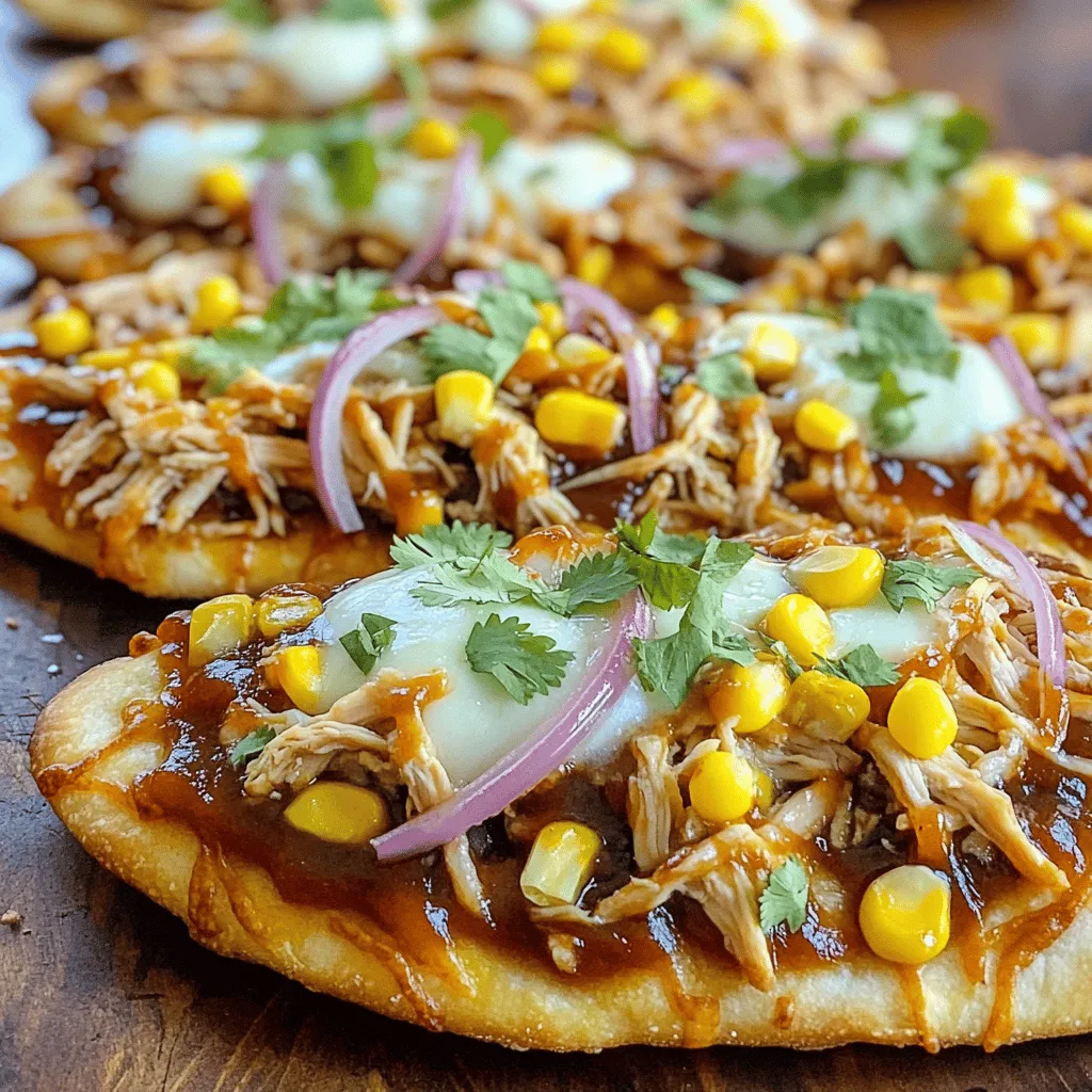 To make BBQ chicken flatbread pizza, you need these key ingredients: - 2 large flatbreads or naan - 1 cup cooked chicken, shredded - 1/2 cup barbecue sauce - 1 cup shredded mozzarella cheese - 1/2 red onion, thinly sliced - 1/2 cup sweet corn (fresh or canned) - 1/4 cup fresh cilantro, chopped - 1/2 teaspoon smoked paprika - Olive oil for brushing - Salt and pepper to taste These ingredients create a tasty pizza packed with flavor. The flatbreads serve as a great base. The shredded chicken covered in barbecue sauce adds a sweet and smoky taste. Mozzarella cheese melts beautifully, making each bite creamy. Fresh cilantro gives a burst of color and flavor that brightens the dish. You can enhance your flatbread pizza with these optional ingredients: - Jalapeños for heat - Avocado slices for creaminess - Feta cheese for a tangy kick - Pineapple for sweetness - Bell peppers for crunch These add-ins let you customize your pizza. If you love spice, jalapeños work great. Want more creaminess? Add avocado slices. Every extra ingredient adds a new layer of taste, making your meal unique. Gather these tools before you start cooking: - Oven - Baking sheet - Parchment paper - Mixing bowl - Brush for olive oil - Knife for slicing These basic tools make the cooking process easier. The oven helps cook the pizza evenly, while the baking sheet with parchment paper prevents sticking. A mixing bowl is useful for mixing your chicken and sauce. Having the right tools makes all the difference in your cooking experience. First, preheat your oven to 400°F (200°C). This step is key for a nice, crispy pizza. While the oven heats up, you can prepare your ingredients. In a bowl, mix 1 cup of shredded chicken with 1/2 cup of barbecue sauce. Make sure the chicken is well-coated. This will give your pizza a rich, smoky flavor. Next, gather your flatbreads. You can use two large flatbreads or naan. Lay them out on a baking sheet lined with parchment paper. This will help with easy cleanup. Lightly brush the tops of the flatbreads with olive oil. This adds flavor and helps them crisp up in the oven. Now, it's time to assemble your pizza. Evenly distribute the BBQ chicken mixture over each flatbread. Use a spoon to spread it out well. Then, sprinkle 1 cup of shredded mozzarella cheese over the chicken. This will melt beautifully while baking. Next, add the thin slices of 1/2 red onion and 1/2 cup of sweet corn on top of the cheese. The onion adds crunch, and the corn brings sweetness. Finally, season your creation with 1/4 teaspoon smoked paprika, salt, and pepper to taste. Once your flatbread pizza is fully assembled, it's time to bake. Place the baking sheet in the preheated oven. Bake for about 12-15 minutes. The cheese should be bubbly, and the edges of the flatbread will get crispy. Once the pizza is done, carefully take it out of the oven. The aroma will be mouthwatering! Sprinkle 1/4 cup of fresh cilantro over the top for a burst of freshness. Slice it into pieces and serve hot. Enjoy your BBQ chicken flatbread pizza with friends or family! To get a crispy flatbread base, start with a good oven. Preheat it to 400°F (200°C). This high heat helps the flatbread crisp up nicely. Brush the flatbreads lightly with olive oil. This adds flavor and helps with browning. Place the flatbreads on a baking sheet lined with parchment paper. This prevents sticking. Bake for 12-15 minutes and watch for golden edges. If you want extra crispiness, bake them for a few more minutes. Just be careful not to burn them! Want to kick up the flavor? Try adding fresh herbs like basil or parsley. These herbs brighten the dish. You can also add jalapeños for a spicy kick. If you like a tangy twist, use ranch dressing instead of barbecue sauce. For a smoky taste, sprinkle more smoked paprika on top. You could even swap mozzarella for gouda cheese for a richer flavor. Don’t be afraid to mix and match toppings. Sweet bell peppers or black olives are great choices too! One common mistake is overloading the flatbread with toppings. Too much can make it soggy. Stick to a balanced amount for the best texture. Make sure your chicken is cooked and shredded well. This helps it blend nicely with the sauce. Avoid using too much barbecue sauce; it can overpower the other flavors. Always taste as you go! Lastly, keep an eye on the baking time. Every oven is different, and you want that cheese to be bubbly but not burnt. {{image_2}} You can easily swap chicken for veggies. Use bell peppers, mushrooms, and zucchini. Toss them with barbecue sauce. This mix adds great taste without meat. Add some extra cheese for creaminess. Top it with fresh cilantro after baking. This vegetarian version is just as tasty. If you love heat, add some spice. Mix diced jalapeños or red pepper flakes into the chicken. You can also use spicy barbecue sauce. This will give your flatbread a nice kick. Top with pepper jack cheese for more flavor. The heat balances well with the sweet barbecue sauce. For a gluten-free option, use gluten-free flatbreads. You can also make your own using almond flour or chickpea flour. Just keep the same toppings and sauce. Always check labels for hidden gluten. This way, everyone can enjoy BBQ chicken flatbread pizza. To store your BBQ chicken flatbread pizza, let it cool first. Place it in an airtight container. You can also wrap it in plastic wrap or aluminum foil. This keeps the pizza fresh and prevents it from drying out. Store it in the fridge for up to three days. For reheating, I recommend using an oven. Preheat your oven to 350°F (175°C). Place the pizza on a baking sheet. Heat it for about 10-12 minutes. This method keeps the flatbread crispy and the cheese gooey. You can also use a skillet on medium heat. Cover it with a lid to melt the cheese evenly. If you want to freeze your pizza, wrap it tightly in plastic wrap. Then, place it in a freezer-safe bag. This pizza can last up to two months in the freezer. When you’re ready to eat it, thaw it in the fridge overnight. Reheat it in the oven for the best taste and texture. Yes, you can use store-bought BBQ sauce. It saves time and still tastes great. Look for flavors you enjoy. A sweet sauce pairs well with the chicken. You can also try spicy BBQ sauce for a kick. Mozzarella cheese works best for BBQ chicken flatbread pizza. It melts well and is mild. You can mix it with cheddar for more flavor. Provolone or gouda also add a nice twist. Experiment with your favorites to find the perfect blend. If the flatbread is frozen, it takes about 18-20 minutes to cook. Preheat the oven to 400°F (200°C). Bake until the cheese is bubbly and golden. Check for a crispy edge to know it's ready. Flatbread is thinner and crisper, while naan is thicker and softer. Naan has a chewy texture, which many find appealing. Both work well for this recipe, but they offer different eating experiences. Choose based on your taste preference! We explored how to make BBQ Chicken Flatbread Pizza. You learned about key ingredients and cooking tools needed. I shared tips for a crispy base and flavor tweaks. We even discussed fun variations like vegetarian and gluten-free options. Plus, I covered storage and reheating tips. With this guide, you can create a tasty meal easily. Enjoy your pizza-making journey!