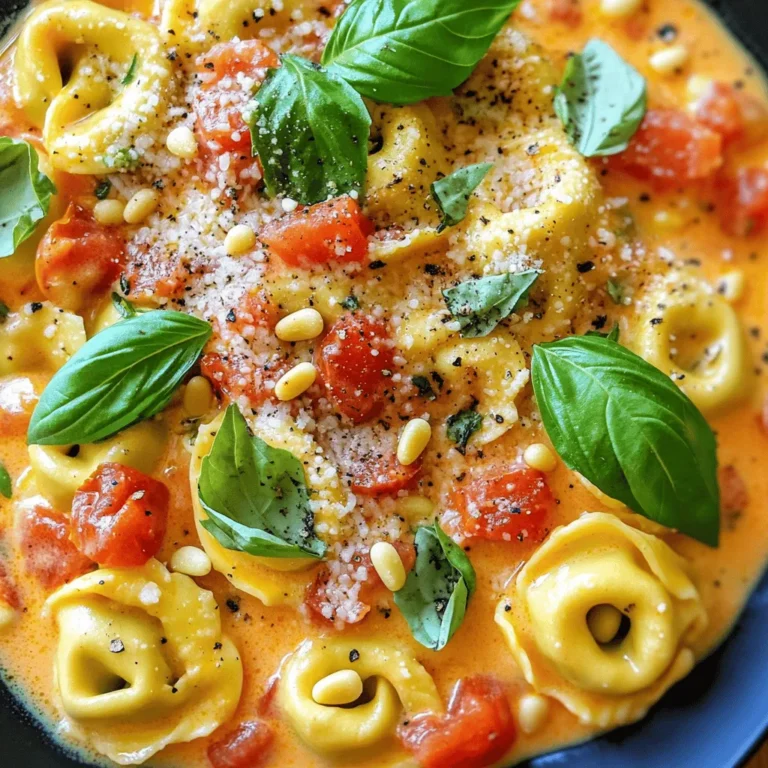 - 12 oz cheese tortellini (fresh or frozen) - 2 tablespoons olive oil - 3 cloves garlic, minced - 1 can (14 oz) diced tomatoes, undrained - 1 cup heavy cream - 1/2 cup grated Parmesan cheese - 1/4 cup fresh basil leaves, chopped - Salt and pepper to taste - 1/2 teaspoon red pepper flakes (optional) - Extra basil leaves for garnish - Toasted pine nuts for garnish (optional) To create this creamy tomato basil tortellini, you need a few key ingredients. First, grab your cheese tortellini. You can use fresh or frozen tortellini, depending on what you have. The cheese-filled pasta is the star of this dish. Next, olive oil is essential for sautéing the garlic. You want that rich flavor to kick off your sauce. Speaking of garlic, you’ll need three cloves, finely minced. This is where your dish starts to come alive. For the sauce, you will use one can of diced tomatoes. Keep the juices; they add flavor. Heavy cream makes the sauce rich and smooth. You’ll need one cup of it. Then, sprinkle in half a cup of grated Parmesan cheese. It adds depth and a savory taste. Fresh basil is a must. You’ll need a quarter cup of chopped basil leaves. They give your dish a fresh aroma and vibrant flavor. Don’t forget salt and pepper to taste. These simple seasonings balance everything. If you like a bit of heat, add half a teaspoon of red pepper flakes. For garnish, use extra basil leaves and toasted pine nuts if you want some crunch. This combination of ingredients makes a delightful and easy meal that you’ll love to share! To cook cheese tortellini properly, follow the package directions. Bring salted water to a boil. Add the tortellini gently. Cook until they float, usually 3-5 minutes. Fresh tortellini cooks faster than frozen. For frozen tortellini, it may take a few extra minutes. Drain the tortellini and set them aside. Sauté garlic for optimal flavor by heating olive oil in a skillet over medium heat. Add minced garlic and stir for 1-2 minutes. You want it fragrant but not brown. Then, add the diced tomatoes with their juices. Simmer for about 5 minutes. This helps the flavors blend well. To achieve a creamy sauce consistency, lower the heat and stir in the heavy cream. Let it simmer for 3-4 minutes. Add grated Parmesan cheese next. Stir until it melts and the sauce becomes creamy. Mix the cooked tortellini into the sauce. Toss with chopped basil, salt, and pepper. Make sure every piece is coated. Cook for 2-3 more minutes to warm everything through. To adjust seasoning, start with salt and pepper. Taste your dish as you cook. If you want more flavor, add more salt or a pinch of red pepper flakes. This allows you to make it just right for you. Cooking times vary by brand. Fresh tortellini takes about 3-5 minutes. Frozen tortellini usually needs 5-7 minutes. Always check the package for exact times to avoid overcooking. To complement creamy tomato basil tortellini, serve a simple salad. A mix of greens, cherry tomatoes, and a light vinaigrette works well. Garlic bread is another great side. It soaks up the tasty sauce. For wine pairings, try a light white wine. A Pinot Grigio or Sauvignon Blanc enhances the meal. If you prefer red, a light Chianti is a good choice. Meal prep can save time. Cook the tortellini and sauce ahead of time. Store them separately in the fridge. This way, you can heat them up when you’re ready to eat. To reheat without losing creaminess, use low heat. Add a splash of cream or water while warming. This keeps the sauce smooth and delicious. {{image_2}} You can make your creamy tomato basil tortellini heartier by adding protein. Chicken is a great choice. Cook diced chicken breast in the skillet before adding garlic. Shrimp also works well. Just toss them in during the last few minutes of cooking. If you prefer sausage, slice it and brown it before mixing in the sauce. For vegetarian options, consider chickpeas or lentils. These add great texture and protein without meat. Tofu can also be a good choice. Just sauté it until it’s golden and crispy. To make this dish plant-based, swap heavy cream for coconut cream or cashew cream. Both options will keep your sauce rich and creamy. For cheese, you can use nutritional yeast to add a cheesy flavor. Vegan cheese is another option. Look for brands that melt well for the best results. Using vegetable broth instead of chicken broth can enhance the flavor. It's a simple way to keep the dish plant-based without losing taste. To elevate the flavors, add more herbs and spices. Fresh thyme or oregano pairs well with tomato. A pinch of smoked paprika can also add depth. If you like some heat, consider adding more red pepper flakes. Roasted vegetables can bring a nice touch. Think about mixing in roasted bell peppers, zucchini, or even spinach. They add color and nutrients, making the dish even more appealing. To keep your creamy tomato basil tortellini fresh, refrigerate it right away. Use an airtight container. This helps keep the flavors intact. Aim to eat the leftovers within three days. If you want to store it longer, freezing is a great option. Just place the cooled dish in a freezer-safe container. It can last up to three months in the freezer. When it’s time to enjoy your leftovers, you have a few good options. The stovetop is my favorite. Heat a pan over low to medium heat. Add a splash of cream or water to keep it moist. Stir until warm. If you use a microwave, place it in a bowl. Cover it with a damp paper towel to avoid drying out. Heat in short bursts, stirring often. In the fridge, the creamy tomato basil tortellini lasts about three days. Check for signs of spoilage before eating. If it smells off or has a strange color, it’s best to toss it. Always trust your senses. Remember, fresh is best! Cooking tortellini is quick and easy. Fresh tortellini usually takes about 3-5 minutes. Frozen tortellini cooks for about 5-7 minutes. Always check the package for specific times. You want it tender but firm. Yes, you can prepare creamy tomato basil tortellini ahead of time. Cook the tortellini and make the sauce separately. Store them in airtight containers. Keep them in the fridge for up to two days. When ready to serve, reheat gently on the stove. Add a splash of cream to keep it creamy. Creamy tomato basil tortellini pairs well with many sides. Here are some great options: - Garlic bread for a crunchy bite - A fresh green salad for balance - Roasted vegetables for extra flavor - Grilled chicken or shrimp for protein These sides enhance the meal and provide variety. Enjoy your dinner! This blog post covered how to make creamy tomato basil tortellini. You learned about the ingredients needed and step-by-step instructions for cooking. I shared tips for perfecting the dish, serving suggestions, and how to store leftovers. In conclusion, this dish is easy to customize and delicious. Make it your own by adjusting flavors or adding proteins. Enjoy sharing this comforting meal with family and friends!