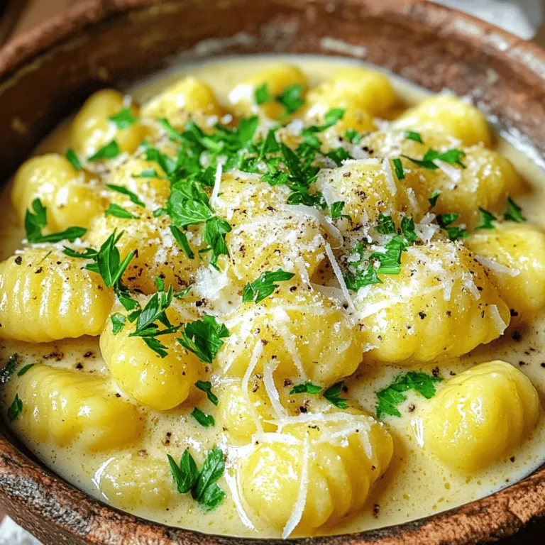 To make creamy garlic parmesan gnocchi, gather these items: - 1 package (16 oz) gnocchi - 2 tablespoons butter - 4 cloves garlic, minced - 1 cup heavy cream - 1 cup grated Parmesan cheese - 1/2 teaspoon garlic powder - Salt and pepper to taste - Fresh parsley, chopped (for garnish) When you choose gnocchi, look for these signs of quality: - Freshness: Check the expiration date. Choose the freshest package. - Texture: It should feel soft yet firm. Avoid any that feel hard. - Ingredients: Good gnocchi uses simple ingredients like potatoes and flour. If you need substitutes for any ingredient, try these options: - Gnocchi: You can use store-bought or homemade gnocchi. - Heavy Cream: Swap it with half-and-half for a lighter sauce. - Parmesan Cheese: Grana Padano or Pecorino Romano can work well. - Butter: Olive oil can replace butter for a healthier choice. To start, bring a large pot of salted water to a boil. Add the gnocchi to the water. Cook the gnocchi for about 2-3 minutes. You’ll know they are ready when they float to the top. This means they are cooked. Drain the gnocchi and set them aside for now. Next, grab a large skillet and melt 2 tablespoons of butter over medium heat. Once the butter melts, add 4 cloves of minced garlic. Sauté the garlic for 1-2 minutes. You want it to smell great but not burn. After that, pour in 1 cup of heavy cream. Stir the mixture well and let it simmer for 1-2 minutes. Then, whisk in 1 cup of grated Parmesan cheese. Keep stirring until the sauce turns creamy and smooth. Now it’s time to mix! Add the cooked gnocchi to the skillet with the garlic sauce. Gently toss the gnocchi to coat them well in the sauce. Season with 1/2 teaspoon of garlic powder, salt, and pepper to taste. Once combined, remove the skillet from the heat. Let it rest for a couple of minutes. Before serving, garnish with fresh chopped parsley for a nice touch. Enjoy your creamy garlic Parmesan gnocchi! To get a rich, creamy sauce, start with fresh heavy cream. Use high-quality Parmesan cheese for the best flavor. When you add the cheese, do it slowly. This helps it melt smoothly into the sauce. Keep the heat low when mixing in the cream and cheese. This prevents the sauce from burning. Remember to keep stirring to avoid clumps. You’ll notice how the sauce becomes silky and thick! One common mistake is cooking the garlic too long. If it burns, it can make the sauce taste bitter. Another mistake is not seasoning enough. Salt and pepper are key to bring flavors alive. Overcooking the gnocchi can also ruin their texture. They should be soft but still hold their shape. Lastly, don’t skip the resting time after cooking. It helps the sauce to thicken and cling to the gnocchi. Garnishing adds a pop of color and flavor. Fresh parsley is a great choice, as it adds brightness. You can also sprinkle extra Parmesan on top for a cheesy finish. Consider adding crushed red pepper for a spicy kick. Serve the gnocchi in shallow bowls to show off the sauce. Pair with crusty bread to soak up every drop. Enjoy your meal with a simple salad for a complete dish! {{image_2}} You can boost the taste of your creamy garlic parmesan gnocchi by adding veggies. Try spinach, mushrooms, or cherry tomatoes. These add color and nutrients. Start by sautéing your chosen veggies in the skillet before adding the garlic. This way, they soak up all the flavors. Cook them until tender, then add the minced garlic. This step gives the dish a nice twist. For a heartier meal, add protein like chicken, shrimp, or sausage. Cook the protein first in the skillet. Make sure to season it with salt and pepper. Once it’s cooked, remove it and set it aside. Then, follow the recipe to make the sauce. Finally, mix the protein back into the gnocchi. This adds a filling touch and extra flavor. If you need a gluten-free option, look for gluten-free gnocchi. Many brands offer this. You can find it in stores or make your own using gluten-free flour. The cooking time may be the same, but always check the package. The sauce remains the same, so you can still enjoy the creamy garlic flavor. To store leftovers, let the gnocchi cool to room temperature. Place them in an airtight container. Keep the container in the fridge. The gnocchi will stay fresh for up to three days. When you are ready to eat, you can reheat the gnocchi on the stove or in the microwave. For stovetop, add a splash of cream or water to a pan. Heat it over medium heat, stirring gently. In the microwave, place the gnocchi in a bowl with a splash of cream. Heat for 1-2 minutes, stirring halfway through. You can freeze the gnocchi and sauce. To freeze, cool them completely first. Place the sauce and gnocchi in separate airtight containers. They will stay good in the freezer for up to three months. To use, thaw overnight in the fridge, then reheat as described above. This delightful dish takes only 15 minutes from start to finish. You can prep the ingredients in just 5 minutes. Cooking the gnocchi takes about 2-3 minutes. The creamy sauce comes together in the same time. Yes, you can! While Parmesan gives a rich flavor, feel free to mix it up. Try Pecorino Romano for a sharper taste. Mozzarella can add a nice stretch. Go for cream cheese if you want a thicker sauce. Traditional gnocchi is not gluten-free, as it often contains wheat flour. However, you can find gluten-free gnocchi made from potato or rice flour. Always check the package to be sure. Enjoy your meal without worry! This blog post covers everything you need for creamy garlic parmesan gnocchi. We explored the best ingredients and how to select quality gnocchi. You learned step-by-step cooking instructions and tips to avoid common mistakes. We discussed tasty variations and how to store your leftovers properly. In closing, making gnocchi is easy and fun. With these tips, you can create a delicious dish every time. Enjoy your cooking and explore different flavors!