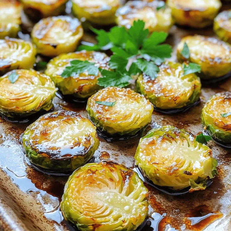 - 1 pound Brussels sprouts, trimmed and halved - 4 cloves garlic, minced - 3 tablespoons olive oil - 1 teaspoon salt - ½ teaspoon black pepper - ½ teaspoon smoked paprika - ½ cup grated Parmesan cheese - 2 tablespoons balsamic glaze - Fresh parsley, chopped Choosing the Best Brussels Sprouts When selecting Brussels sprouts, look for bright green, firm ones. Avoid any that are yellow or wilted. Fresh sprouts have a tighter bud and feel heavy for their size. You want them to have a nice crunch when cooked. Fresh vs. Dried Garlic Fresh garlic is best for this dish. It gives a strong flavor and aroma. Dried garlic can be used, but it won’t provide the same rich taste. If you have fresh garlic, mince it right before cooking for the best flavor. Substituting Parmesan Cheese If you don’t have Parmesan, you can use Pecorino Romano. It has a similar salty flavor but is sharper. For a dairy-free option, try nutritional yeast. It gives a cheesy taste and is perfect for vegan dishes. Preheating the Oven Start by preheating your oven to 400°F (200°C). This step is key to getting that perfect crisp. Preparing the Brussels Sprouts Next, take 1 pound of Brussels sprouts. Trim the ends and slice each one in half. This helps them cook evenly. Place them in a large bowl. Add 4 cloves of minced garlic, 3 tablespoons of olive oil, 1 teaspoon of salt, ½ teaspoon of black pepper, and ½ teaspoon of smoked paprika. Toss everything together until the sprouts are well coated. Tossing Ingredients Ensure the Brussels sprouts are evenly mixed. This mixture adds flavor and helps them roast well. Roasting Process Now, spread the Brussels sprouts on a baking sheet in a single layer. Make sure the cut sides face down. Roast them in the oven for about 20 to 25 minutes. They should turn golden brown and get crispy on the edges. Adding Parmesan Once the sprouts are roasted, take them out of the oven. Sprinkle ½ cup of grated Parmesan cheese evenly on top. This will melt and create a tasty crust. Drizzling Balsamic Glaze Put the baking sheet back in the oven for another 5 minutes. This step allows the cheese to melt just right. After that, remove the sprouts again. Drizzle 2 tablespoons of balsamic glaze over them for a burst of flavor. Garnish with freshly chopped parsley before serving. Enjoy your delicious Roasted Garlic Parmesan Brussels Sprouts! Achieving Perfect Crispiness To get that ideal crunch, spread the Brussels sprouts in a single layer. This helps them roast evenly. Cut side down is the secret to a beautiful golden brown. Don’t crowd the pan! If needed, use two baking sheets. Also, make sure your oven is hot enough. Preheating to 400°F (200°C) is key. Adjusting Flavor with Seasonings You can play with the flavors. For more heat, add a pinch of red pepper flakes. If you want more depth, try smoked paprika. Garlic is a must, but don’t hold back! Use fresh minced garlic for a bold taste. Adjust salt and pepper to fit your taste. Pairing with Main Dishes Roasted garlic Parmesan Brussels sprouts make a great side. They pair well with chicken, steak, or fish. If you're having pasta, they add a nice crunch. They also work well with roasted meats and hearty dishes like shepherd's pie. Best Sides to Complement the Dish Serve these sprouts with a light salad or rice. Quinoa is a great option, too. You might also want to include a creamy dip or sauce on the side. This adds more texture and flavor to your meal. Garnishing with Parsley Fresh parsley adds color and freshness. It makes your dish look more appealing. Just chop some and sprinkle it over the sprouts right before serving. This simple touch makes a big difference. Serving on a Platter For a beautiful display, use a large serving platter. Arrange the Brussels sprouts loosely. Drizzle some balsamic glaze on top. This makes it look fancy and inviting. Your guests will be impressed! {{image_2}} Adding bacon or pancetta to roasted garlic Parmesan Brussel sprouts brings a savory twist. The salty, crispy bits mix well with the garlic and cheese. Just chop the bacon and cook it until crispy in a pan. Then, mix it with the sprouts before roasting. You get a rich flavor that makes this dish even better. You can also change the cheese type. While Parmesan is classic, using Pecorino Romano adds a sharp flavor. A mix of cheeses, like Gouda or cheddar, can create a unique taste. Just remember to adjust the amount as needed. If you want to use different vegetables, try carrots or cauliflower. Both veggies roast well and soak up flavors nicely. Just cut them to similar sizes as Brussels sprouts for even cooking. You can even mix them in with the Brussels sprouts for a colorful dish. For a vegan option, use vegan Parmesan. It melts well and adds a nice cheesy flavor without dairy. You can find many brands that offer vegan cheese that works great in this recipe. For a quicker option, use an air fryer. Preheat the air fryer to 375°F (190°C). Toss the Brussels sprouts with the garlic and oil as you would for the oven. Cook for about 15 minutes, shaking the basket halfway through. Add the cheese in the last few minutes for a melted topping. If you prefer stovetop cooking, try sautéing the sprouts. Heat olive oil in a large skillet over medium heat. Add the Brussels sprouts cut side down and cook until they brown. Stir in garlic and continue cooking until tender. Finish with cheese and a drizzle of balsamic glaze for a tasty dish. Store your roasted garlic Parmesan Brussels sprouts in an airtight container. Glass or plastic containers work well. Make sure they cool before you seal them. This keeps moisture out and freshness in. In the fridge, they last up to three days. You can reheat the Brussels sprouts in the oven or microwave. The oven is best for keeping their crispy texture. Set the oven to 350°F (175°C). Spread the sprouts on a baking sheet and heat for about 10 minutes. If you use the microwave, place them on a plate and cover with a damp paper towel. Heat in short bursts to avoid sogginess. To freeze roasted Brussels sprouts, first let them cool completely. Then, place them in a single layer on a baking sheet. Freeze them for about an hour, then transfer to a freezer bag. This prevents them from sticking together. They can stay frozen for up to three months. When you want to enjoy them again, thaw overnight in the fridge. Reheat them in the oven to keep them crunchy. How long do I roast Brussels sprouts? Roast Brussels sprouts for 20 to 25 minutes at 400°F (200°C). They should turn golden brown and crispy at the edges. This time helps the sprouts cook evenly while still keeping a nice crunch. Can I use frozen Brussels sprouts for this recipe? Yes, you can use frozen Brussels sprouts. However, they may not get as crispy. Thaw them first and pat them dry. This helps remove excess moisture before roasting. Caloric Content Per Serving Each serving has about 150 calories. This number can vary based on how much cheese and oil you use. Health Benefits of Brussels Sprouts Brussels sprouts are high in vitamins C and K. They support your immune system and help with bone health. They also contain fiber, which aids digestion and keeps you full longer. Other Sauces to Try If you want to mix it up, consider using lemon juice or a spicy aioli. These sauces can add a new flavor twist to your roasted Brussels sprouts. Homemade Balsamic Glaze Recipe To make your own balsamic glaze, simmer 1 cup of balsamic vinegar in a pan. Cook it on low heat until it thickens, about 15 to 20 minutes. Let it cool before using. This glaze adds a sweet and tangy finish to your dish. In this blog post, we explored a tasty recipe for roasted Brussels sprouts. We covered key ingredients, preparation steps, and cooking tips. I shared ideas for variations, storage, and serving suggestions. Roasting Brussels sprouts can transform a simple side dish into a star. Use quality ingredients and follow the tips for the best results. Enjoy your delicious meal, and don't hesitate to try new flavors!