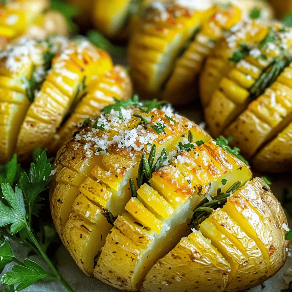 - 4 medium-sized russet potatoes - 4 tablespoons olive oil - 4 cloves garlic, minced - 2 teaspoons fresh rosemary, finely chopped - 2 teaspoons fresh thyme, finely chopped - 1 teaspoon sea salt - ½ teaspoon black pepper - 2 tablespoons grated Parmesan cheese (optional) - Fresh parsley for garnish For these Garlic Herb Hasselback Potatoes, you start with four medium russet potatoes. They are great for baking. Next, you need four tablespoons of olive oil. This oil gives a rich flavor and helps the potatoes crisp up. You will also need four cloves of minced garlic. Garlic adds a tasty punch to the dish. Fresh herbs are key too. You will need two teaspoons of finely chopped rosemary and two teaspoons of finely chopped thyme. These herbs brighten the flavor. Add one teaspoon of sea salt and half a teaspoon of black pepper for seasoning. If you want extra flavor, consider adding two tablespoons of grated Parmesan cheese. This is an optional step but adds a nice touch. Finally, some fresh parsley for garnish makes the dish look lovely. Gather all these ingredients, and you’re ready to create a side dish that will impress anyone! - Preheat your oven to 425°F (220°C). - Line a baking sheet with parchment paper. - Wash and scrub the potatoes well to remove dirt. - Dry the potatoes using a kitchen towel. - In a small bowl, mix the olive oil, minced garlic, chopped rosemary, and chopped thyme. - Add the sea salt and black pepper. Stir well to combine. - Take a sharp knife and make vertical slits in each potato. - Space the cuts about 1/8 inch apart. - Don’t cut all the way through; leave about 1/4 inch at the bottom. - Place the potatoes on the baking sheet. - Brush the garlic herb oil mixture generously over each potato. - Make sure some oil seeps into the slits. - Bake for 45-50 minutes until they are crispy outside and tender inside. - If using Parmesan cheese, sprinkle it on top in the last 10 minutes of baking. - Once done, remove from the oven and let cool a bit. - Garnish with fresh parsley before serving. When making Hasselback potatoes, uniform slicing is key. To slice evenly, place a wooden spoon on each side of the potato. This will stop your knife from cutting all the way through. Aim for slits about 1/8 inch apart. This creates nice gaps for flavor. To ensure even coating of the oil mixture, use a brush. Dip it into the garlic herb oil and apply it generously. Brush over the tops and let some seep into the slits. This way, every bite will be full of taste. You can boost the flavor with more herbs or spices. Try adding some fresh basil or chives for a fresh kick. A sprinkle of smoked paprika adds a nice depth. If you love heat, a pinch of red pepper flakes works well. Using Parmesan cheese can elevate your dish. For best results, add it during the last ten minutes of baking. This allows it to melt and get crispy. Remember, fresh grated cheese melts better than pre-packaged. Baking time can change with the size of your potatoes. If your potatoes are larger, add about 10 minutes to the total bake time. Start checking them at 50 minutes. To check for doneness, use a fork. It should easily pierce through the potato. If it feels firm, give it more time. You want them soft inside and crispy outside. {{image_2}} You can use more than just russet potatoes. Other great options include Yukon Gold and red potatoes. Each type offers a different taste and texture. Yukon Golds are creamy and buttery. Red potatoes provide a waxy feel, perfect for this recipe. Another fun twist is using sweet potatoes. Their natural sweetness contrasts nicely with garlic and herbs. Roast them the same way, and you’ll have a colorful and tasty dish. If you want a garlic-free version, try using onion powder instead. It gives a nice flavor without the garlic. For a vegan option, skip the cheese or use a vegan alternative. Nutritional yeast can add a cheesy taste while keeping it plant-based. You can also swap out the herbs. Try using oregano or basil for a different flavor. Just remember to chop fresh herbs finely. Dried herbs work, too, but use less since they are more potent. After baking, you can add fun toppings. Crumbled bacon or crispy onions give a nice crunch. A dollop of sour cream or Greek yogurt adds creaminess. Freshly chopped chives or green onions will brighten the dish. For a spicy kick, sprinkle some red pepper flakes on top. You can always mix and match to find your perfect combo. Let your creativity shine, and enjoy customizing your Garlic Herb Hasselback Potatoes! To keep your leftover Garlic Herb Hasselback Potatoes fresh, first let them cool. Place them in an airtight container. Store them in the fridge for up to three days. When you want to eat them again, reheat in the oven. This method helps keep the crispiness. Set your oven to 350°F (175°C) and bake for about 15-20 minutes. You can also use a microwave, but the texture may change. If you want to freeze these tasty potatoes, you can do it both ways. For freezing before baking, slice and prep the potatoes as usual. Brush them with the oil mixture, then wrap them tightly in foil. Place in a freezer bag and store for up to three months. For freezing after baking, cool them first. Then, wrap the baked potatoes in foil and place them in a freezer bag. They will last about two months. When thinking about shelf life, here are some quick notes. Fresh potatoes can last for several weeks in a cool, dark place. Olive oil stays good for about a year when stored properly. Garlic can last up to a month if kept in a cool spot. Fresh herbs like rosemary and thyme are best used within a week for peak flavor. Grated Parmesan cheese should be used within a week of opening for the best taste. To check if your potatoes are done, use a fork. Insert it into the potato. If it goes in easily, they are ready. The outside should be crispy, while the inside feels soft. This usually takes about 45 to 50 minutes at 425°F. Yes, you can prepare Hasselback potatoes in advance. Slice and season them, then cover with plastic wrap. Keep them in the fridge for up to a day. When you’re ready, bake them straight from the fridge. Just add a few extra minutes to the cooking time. Garlic Herb Hasselback Potatoes pair well with many dishes. Try serving them with roasted chicken or grilled steak. A fresh salad or steamed veggies also works great. For a cozy touch, serve them alongside creamy soups. These potatoes add flavor and style to any meal. You learned how to make Garlic Herb Hasselback Potatoes from scratch. With simple steps, you can transform common ingredients into a tasty dish. Remember to slice evenly and coat well for the best crunch. Don't shy away from experimenting with flavors or toppings, too. Whether you’re enjoying them fresh or saving leftovers, these potatoes shine at any meal. With all this, you now have the tools to impress your family and friends. Get cooking and enjoy your delicious creation!