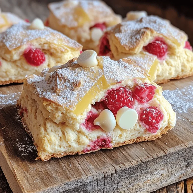 To make these delightful scones, gather the following ingredients: - 2 cups all-purpose flour - 1/4 cup granulated sugar - 2 teaspoons baking powder - 1/2 teaspoon baking soda - 1/2 teaspoon salt - 1/2 cup unsalted butter, cold and cubed - 1/2 cup buttermilk - 1 large egg - 1 teaspoon vanilla extract - 3/4 cup fresh raspberries (or frozen, thawed) - 1/2 cup white chocolate chips - Extra sugar for sprinkling Using high-quality ingredients makes a big difference. Choose: - Fresh raspberries for the best flavor. - Real unsalted butter for richness. - Pure vanilla extract for a great aroma. - Good quality white chocolate chips for sweet creaminess. These choices ensure your scones taste amazing. Here are some handy conversions for your ingredients: - 1 cup of all-purpose flour = 120 grams - 1/4 cup of granulated sugar = 50 grams - 1/2 cup of unsalted butter = 113 grams - 1/2 cup of buttermilk = 120 milliliters These conversions help you measure accurately, making your baking easier. Start by preheating your oven to 400°F (200°C). This temperature is key for a perfect bake. While the oven heats, line a baking sheet with parchment paper. This keeps the scones from sticking and makes cleanup easy. In a large bowl, whisk together the dry ingredients. Combine 2 cups of all-purpose flour, 1/4 cup of granulated sugar, 2 teaspoons of baking powder, 1/2 teaspoon of baking soda, and 1/2 teaspoon of salt. Mixing these well ensures even flavor and rise in your scones. Next, add 1/2 cup of cold, cubed unsalted butter to the dry mix. Use a pastry cutter or your fingers to work the butter into the flour. You want the mix to look like coarse crumbs. This step makes your scones flaky and tender. In another bowl, whisk together 1/2 cup of buttermilk, 1 large egg, and 1 teaspoon of vanilla extract. Once it's blended, pour this mix into the dry ingredients. Stir with a fork until just combined. Be careful not to overmix; this keeps your scones light. Now, turn the dough onto a lightly floured surface. Shape it into a rectangle about 1-inch thick. Cut the dough into triangles or circles, based on your preference. This makes for beautiful scones that are easy to serve. Place the scones on the prepared baking sheet, leaving 2 inches between each one. Sprinkle a little extra sugar on top for added sweetness. Bake them for 15-20 minutes until they are lightly golden on the edges. Let them cool on the baking sheet for 5 minutes, then transfer to a wire rack. This cooling time helps them set perfectly. To make the best white chocolate raspberry scones, keep these tips in mind: - Use cold butter: Cold butter helps create flaky layers. Cube it and work quickly. - Do not overmix: Mix until just combined to keep the scones light and tender. - Chill the dough: If you have time, chill the dough for 30 minutes before baking. This enhances texture. - Bake immediately: Once shaped, bake the scones right away for the best rise. Avoid these common pitfalls when making scones: - Skipping the baking powder: This ingredient is key for lift. Don’t forget it! - Using room-temperature butter: This leads to dense scones. Always use cold butter. - Overworking the dough: Mixing too much makes the scones tough. Handle gently. - Not spacing the scones: Give them room on the baking sheet. They need space to rise. Storing your scones correctly keeps them fresh. Here’s how: - Room temperature: Store them in an airtight container for up to 2 days. - Refrigeration: For longer storage, place them in the fridge for up to a week. - Freezing: Wrap them tightly in plastic wrap and place them in a freezer bag. They last up to 3 months. - Reheating: Warm them in the oven for a few minutes to bring back their fresh taste. {{image_2}} You can change up the flavors in these scones easily. Try adding chocolate chips instead of white chocolate. If you like citrus, add lemon zest for a fresh taste. You can even mix in dried fruits like cranberries or apricots for a fun twist. Each of these options gives you a new treat to enjoy. If you need gluten-free scones, use a gluten-free flour blend. Make sure it has a binding agent, like xanthan gum. For a dairy-free version, swap the buttermilk with almond milk or oat milk. Use coconut oil instead of butter. These options keep your scones tasty without dairy or gluten. Seasonal fruits can make these scones special. In the summer, use fresh blueberries or peaches. In the fall, add chopped apples or pumpkin puree. Each season brings new fruits that can change the flavor profile. Enjoy experimenting with what’s in season for delightful scones all year round. Store your white chocolate raspberry scones in an airtight container. This keeps them fresh. You can place parchment paper between layers to avoid sticking. For best results, eat them within two days. If you want to keep them longer, freezing is an option. To freeze scones, first, let them cool completely. Then, wrap each scone in plastic wrap. Place the wrapped scones in a freezer bag. Squeeze out the air to avoid freezer burn. You can freeze them for up to three months. Just label the bag with the date for easy tracking. To reheat scones, take them out of the freezer. Let them thaw at room temperature. Preheat your oven to 350°F (175°C). Place the scones on a baking sheet. Warm them for about 10-12 minutes. This brings back their fresh-baked taste. You can also microwave them for about 15-20 seconds if you're in a hurry. Yes, you can use frozen raspberries. Just make sure to thaw and drain them. This helps avoid excess liquid in the dough. The flavor will still be great! Look for a light golden color on the edges. Insert a toothpick in the center; it should come out clean. If it has wet dough, bake a few extra minutes. These scones taste amazing with clotted cream or whipped cream. You can also enjoy them with jam or fresh fruit. A cup of tea or coffee pairs well too! Scones are best fresh but can last 2-3 days at room temperature. Store them in an airtight container. For longer storage, freeze them for up to a month. Now you know how to make delicious scones with ease. We covered the right ingredients, from quality to measurements. I shared clear steps from mixing to baking for perfect scones. Don’t overlook the tips that help you avoid common mistakes. Explore variations to keep things fun and exciting. Finally, storing and reheating scones ensures you enjoy them fresh. With this knowledge, you can impress yourself and others with your baking skills. Enjoy every bite!