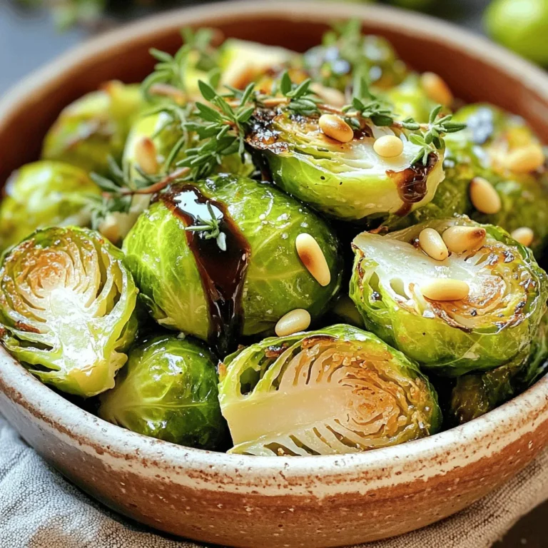 - 1 lb Brussels sprouts, trimmed and halved - 4 tablespoons olive oil - Salt and pepper to taste - 4 cloves garlic, minced - 1/4 cup balsamic vinegar - 2 tablespoons maple syrup - 1 teaspoon Dijon mustard - 1 tablespoon fresh thyme leaves (or 1 teaspoon dried thyme) - 1/4 cup grated Parmesan cheese (optional for garnish) To make this dish, you need fresh Brussels sprouts. Trim them and cut them in half. This helps them cook evenly. You also want good olive oil, salt, and pepper. These basics make a great base flavor. Next, for the garlic balsamic glaze, gather garlic, balsamic vinegar, and maple syrup. The maple syrup adds a nice sweetness. Dijon mustard gives it a little kick. Don't forget the thyme for depth. If you like cheese, Parmesan adds a rich touch on top. These ingredients come together to create a dish that is both simple and full of flavor. Enjoy the delightful balance of savory and sweet! 1. Preheat the oven: Start by setting your oven to 400°F (200°C). This will ensure even cooking. 2. Combine Brussels sprouts: In a large mixing bowl, add 1 pound of trimmed and halved Brussels sprouts. Pour in 2 tablespoons of olive oil, and sprinkle in salt and pepper to taste. Toss well so they are all coated. 1. Spread Brussels sprouts: Place the coated Brussels sprouts in a single layer on a baking sheet. Make sure they have space between them. This helps them roast properly. 2. Roast time and turning instructions: Roast in the oven for 20 to 25 minutes. Halfway through, turn the Brussels sprouts for even browning. They should be golden and tender when done. 1. Sautéing garlic: While the sprouts roast, heat 2 tablespoons of olive oil in a small saucepan over medium heat. Add 4 minced garlic cloves and sauté until fragrant, about 1 to 2 minutes. Watch it closely to avoid burning. 2. Adding remaining glaze ingredients: After the garlic is ready, add 1/4 cup of balsamic vinegar, 2 tablespoons of maple syrup, 1 teaspoon of Dijon mustard, and 1 tablespoon of fresh thyme. Stir everything together and let it simmer for about 5 to 7 minutes. The glaze will thicken slightly. To make sure your Brussels sprouts turn out great, cut them evenly. Aim for halves that are about the same size. This helps them cook at the same rate. Set your oven to 400°F (200°C). Roast them for 20-25 minutes. Remember to turn them halfway through to get even browning. To boost the flavor of your dish, think about adding sweet or acidic elements. The balsamic vinegar and maple syrup already do this well. You can also try adding lemon juice or a splash of apple cider vinegar. For spices, fresh thyme works wonders. You can also mix in some garlic powder or red pepper flakes for a kick. When it comes to serving, presentation matters. Use a nice bowl and drizzle extra glaze on top. Garnish with fresh thyme sprigs for a pop of color. For added crunch, sprinkle some toasted pine nuts over the top. This dish pairs well with roasted chicken or a fresh salad. Enjoy your meal! {{image_2}} For a lower-calorie option, try using less olive oil. You can also roast with cooking spray. This cuts down on fat while keeping flavor. For vegan and dairy-free adaptations, skip the Parmesan cheese. Use nutritional yeast instead for a cheesy taste. To add crunch and texture, mix in nuts. Toasted almonds or walnuts work well. You can also infuse the glaze with herbs. Try rosemary or oregano for a new twist. In fall, add roasted squash to your dish. In spring, include asparagus for bright color. Adjust the glaze by using fresh citrus juices in summer. This keeps the recipe fresh and exciting year-round. To keep your roasted Brussels sprouts fresh, store them in an airtight container. Glass containers work well for this. You can also use plastic containers if needed. Place the sprouts in the fridge within two hours of cooking. This helps keep them safe to eat. The ideal temperature for your fridge is 40°F (4°C) or below. When it comes to reheating, the oven is the best choice. Preheat your oven to 350°F (175°C). Spread the sprouts on a baking sheet. Heat them for about 10-15 minutes. This method keeps them crispy. Avoid using a microwave, as it can make them soggy. Yes, you can freeze roasted Brussels sprouts with glaze! To freeze, let them cool completely. Place them in a freezer-safe bag or container. Be sure to remove as much air as possible. When ready to eat, thaw in the fridge overnight. For quick cooking, you can also reheat directly from frozen. Just extend the cooking time. Roasted Brussels sprouts last about 3 to 5 days in the fridge. Store them in an airtight container. This keeps them fresh and tasty for your next meal. If you want to enjoy them at their best, eat them within the first few days. Yes, you can use frozen Brussels sprouts, but fresh ones are best. Frozen sprouts tend to be softer and may not get as crispy. If you use frozen, thaw and drain them first. This helps avoid excess moisture during roasting. If you don't have balsamic vinegar, try apple cider vinegar or red wine vinegar. Both add a nice tang. Mix them with a touch of honey or maple syrup for sweetness. This will mimic the flavor of balsamic vinegar well. Yes, trimming is key! Trimming helps them cook evenly and taste better. Remove any damaged outer leaves and cut off the stem ends. Halving them also ensures they roast nicely and absorb the glaze. To thicken your glaze, simmer it gently. Keep an eye on it and stir often. If it seems too thin, let it cook a bit longer. The maple syrup and balsamic vinegar will reduce and create a nice, thick glaze when done right. This recipe offers a simple way to enjoy Brussels sprouts with a tasty garlic balsamic glaze. You learned the main ingredients, how to roast them perfectly, and tips for flavor. You can even find variations and storage tips to keep meals fresh. I hope you feel inspired to try this dish for your next meal. Healthy eating can be fun and delicious!