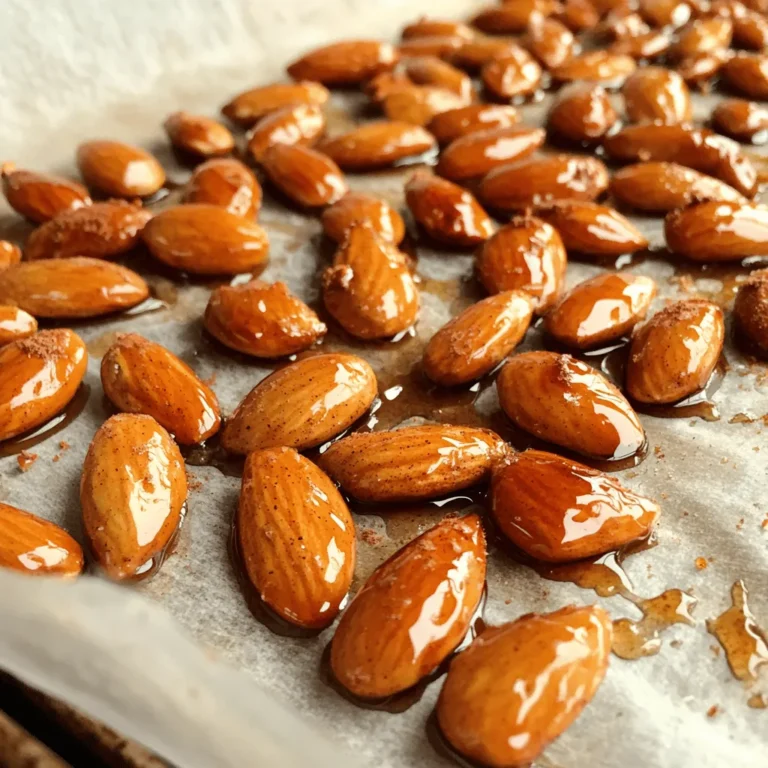 - 2 cups raw almonds - 1/4 cup maple syrup - 2 tablespoons coconut oil, melted - 1 teaspoon ground cinnamon - 1/2 teaspoon vanilla extract - 1/4 teaspoon sea salt - 1/4 teaspoon nutmeg (optional) You need just a few simple ingredients for this tasty snack. First, grab some raw almonds. They form the base of our recipe. Almonds are good for you and have a nice crunch. Next, you will need maple syrup. It adds a sweet flavor and a lovely glaze. Then, melt some coconut oil. This helps the almonds cook evenly while adding a rich taste. Ground cinnamon is next. It gives warmth and depth to the mix. Vanilla extract adds a hint of sweetness. Sea salt enhances all the flavors, making them pop. If you want an extra kick, add a touch of nutmeg. It’s optional but brings a nice twist. With these ingredients, you are ready to create a snack that is both simple and delicious. - Preheat your oven to 350°F (175°C). - Line a baking sheet with parchment paper for easy cleanup. - In a large mixing bowl, whisk together 1/4 cup of maple syrup, 2 tablespoons of melted coconut oil, 1 teaspoon of ground cinnamon, 1/2 teaspoon of vanilla extract, 1/4 teaspoon of sea salt, and 1/4 teaspoon of nutmeg if you choose to use it. - Add 2 cups of raw almonds to the bowl. - Toss the almonds in the maple mixture. Make sure each almond gets a nice, even coat. This step adds flavor and sweetness to every bite. - Spread the coated almonds in a single layer on the prepared baking sheet. - Roast the almonds in the preheated oven for 10 to 12 minutes. - Stir the almonds halfway through to ensure even cooking. This helps them get golden brown all over. Keep an eye on them to avoid burning. These steps will lead you to a delightful batch of cinnamon maple roasted almonds that are sure to please! To make your cinnamon maple roasted almonds just right, adjust the sweetness and spice. If you like them sweeter, add a bit more maple syrup. If you want a stronger spice taste, increase the cinnamon. You can also experiment with optional ingredients. Try adding nutmeg for warmth or even a pinch of cayenne for heat. Each change can give you a new twist on your snack. Preventing burnt almonds is key to a tasty snack. Keep a close watch on them while roasting. Check at the 10-minute mark and stir. This way, you help them roast evenly. To ensure even roasting, spread the almonds in a single layer. Crowded almonds can cook unevenly. If they touch too much, some will burn while others stay soft. So, give them space to shine! {{image_2}} You can make cinnamon maple roasted almonds even more exciting. Try adding cocoa powder for a chocolate twist. Just mix in about one to two tablespoons with your wet ingredients. This gives a rich flavor that chocolate lovers will adore. You can also use different nuts to switch things up. Pecans or walnuts work great. They offer a different taste and texture while still being crunchy and delicious. Feel free to mix several nuts for a nut medley. If you're looking for vegan options, substitute coconut oil with any plant-based oil. The maple syrup already makes this recipe vegan-friendly, so you’re in luck! For a gluten-free snack, no worries! This recipe is naturally gluten-free. All the ingredients, including maple syrup and nuts, are safe for a gluten-free diet. Enjoy these tasty snacks without the fuss! To keep your cinnamon maple roasted almonds fresh, store them in an airtight container. This helps keep moisture out and keeps the almonds crunchy. A glass jar or a plastic container with a tight seal works great. You can place them at room temperature or in a cool pantry. Avoid direct sunlight, as it can make the almonds stale. These tasty snacks can last up to two weeks when stored correctly. If you notice any change in smell or taste, it's best to toss them out. Signs of spoilage include a soft texture or a bitter flavor. Always check before munching! You can serve cinnamon maple roasted almonds with many tasty snacks. They pair well with yogurt or oatmeal. Try adding them to a cheese board for a fun crunch. You can also mix them into trail mix for extra flavor. They make a great topping for salads too. The sweet and nutty flavor adds a nice touch to any dish. Yes, you can use other nuts! Pecans, walnuts, or cashews work well in this recipe. Each type of nut brings its own unique taste. Just keep the roasting time the same as for almonds. Make sure to adjust the cooking time if you use smaller nuts. This gives you room to explore new flavors and textures in your snack. Yes, you can make them sugar-free! Use a sugar substitute like monk fruit or erythritol. These options can mimic the sweetness of maple syrup. You can also try using unsweetened apple sauce for a different flavor. Just remember, the texture may change a bit. Experiment with these options to find what you enjoy most! This blog post covered all you need to know about making cinnamon maple roasted almonds. We explored the ingredients, step-by-step preparation, and various tips. I shared ways to perfect the flavor and avoid mistakes. You can even try different nuts or make them vegan. Remember, store your almonds in an airtight container to keep them fresh. Give this recipe a try and enjoy a tasty, healthy snack!