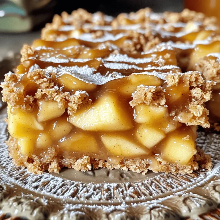 - 2 cups all-purpose flour - 1 cup rolled oats - 1 cup brown sugar, packed - 1 teaspoon baking powder - 1/2 teaspoon baking soda - 1/2 teaspoon salt - 1 cup unsalted butter, melted - 3 cups apples (Granny Smith recommended) - 1/2 cup granulated sugar - 1 teaspoon cinnamon - 1/4 teaspoon nutmeg - 1 cup caramel sauce - 1/2 cup chopped nuts (optional) To make delicious caramel apple crisp bars, gather these simple ingredients. Start with 2 cups of all-purpose flour. Next, add 1 cup of rolled oats for texture. Use 1 cup of brown sugar to give sweetness and depth. Combine with 1 teaspoon of baking powder, 1/2 teaspoon of baking soda, and 1/2 teaspoon of salt to help with rising. Melt 1 cup of unsalted butter to bind everything together. For the filling, choose 3 cups of peeled and diced Granny Smith apples. Their tartness balances the sweetness. Mix them with 1/2 cup of granulated sugar, 1 teaspoon of cinnamon, and 1/4 teaspoon of nutmeg for that warm spice flavor. Don’t forget the star of this recipe, 1 cup of caramel sauce, to drizzle over the apples. If you like, add 1/2 cup of chopped nuts for a bit of crunch. These ingredients come together to create a sweet treat you won't forget! - Preheat oven to 350°F (175°C). - Grease or line a 9x13 inch baking dish. - In a large bowl, combine 2 cups of flour, 1 cup of rolled oats, and 1 cup of brown sugar. - Add 1 teaspoon of baking powder, 1/2 teaspoon of baking soda, and 1/2 teaspoon of salt. - Mix until everything is well blended. - Pour in 1 cup of melted butter and stir until crumbly. - Reserve 1 cup of this mixture for topping. - Press the remaining mixture firmly into the baking dish to form the base layer. - Peel, core, and dice 3 cups of apples. Granny Smith works best for tartness. - In a bowl, toss the diced apples with 1/2 cup of granulated sugar, 1 teaspoon of cinnamon, and 1/4 teaspoon of nutmeg. - Mix until the apples are well coated. - Evenly distribute the apple mixture over the base layer. - Drizzle half of the caramel sauce over the apples. - Sprinkle the reserved crumb mixture on top. - If you like, add 1/2 cup of chopped nuts for extra crunch. - Bake the bars for 25-30 minutes, until the top is golden brown and the apples are tender. - Let the bars cool completely in the pan before slicing. - Drizzle the remaining caramel sauce on top before serving. - Check the bars mid-way through baking for even cooking. This helps avoid over-baking. - Use parchment paper in your baking dish. This makes it easy to lift the bars out later. - Swap granulated sugar with coconut sugar. It adds a nice caramel flavor. - For a vegan option, use coconut oil instead of butter. You can also find vegan caramel sauce in stores. - Serve caramel apple crisp bars warm with a scoop of vanilla ice cream. It adds creaminess. - Present the bars on a pretty platter. Dust with powdered sugar for a nice touch. - Drizzle extra caramel sauce on each plate. This adds sweetness and makes your dessert pop. {{image_2}} You can change the taste of your caramel apple crisp bars. Adding spices like ginger or allspice makes them unique. These spices add warmth and depth. You can also try different types of apples. Granny Smith apples are tart and firm. Other apples, like Fuji or Honeycrisp, offer sweetness. Mixing apple varieties gives your bars a fun twist! When it comes to caramel, you have choices. You can use homemade caramel sauce for a rich flavor. Making it at home is easy and rewarding. If you're short on time, store-bought caramel works just as well. You can also try alternative toppings. A chocolate drizzle adds a sweet surprise. It pairs nicely with the apple and caramel. You can adapt this recipe for different diets. For a gluten-free version, swap all-purpose flour for gluten-free flour. This keeps the bars tasty for everyone. If you need nut-free options, simply leave out the nuts. The bars will still be delicious and satisfying. You can enjoy these treats and cater to different dietary needs! To keep your caramel apple crisp bars fresh, store them properly. - Cool completely before storing. This helps avoid condensation. - Use an airtight container to keep them moist. - Place parchment paper between layers to prevent sticking. - They stay fresh for up to one week at room temperature. For longer storage, refrigerate them to extend freshness. You can also freeze these delicious bars for later. - Cut the bars into squares before freezing. - Wrap each square in plastic wrap. - Place wrapped bars in a freezer-safe bag or container. - They can last up to three months in the freezer. To enjoy later, simply thaw at room temperature. For best texture, warm them in the oven for a few minutes. How long do caramel apple crisp bars last? Caramel apple crisp bars will stay fresh for up to one week. Keep them in an airtight container. This helps keep the bars moist and tasty. Can I make this recipe ahead of time? Yes, you can make these bars a day in advance. Just cool them completely and store them. This allows the flavors to blend even more. What’s the best way to reheat the bars? To reheat, place the bars in a warm oven at 350°F for about 10 minutes. This will soften them up and make the caramel gooey again. Are caramel apple crisp bars healthy? These bars are a sweet treat and not a health food. They contain sugar and butter, but you can make healthier choices. Use whole wheat flour or less sugar for a lighter version. Nutritional facts and serving sizes Each bar contains about 200 calories, with 10 grams of fat and 30 grams of carbs. This is based on a serving size of one bar. Remember to enjoy them in moderation! Why are my bars too crumbly? If your bars are too crumbly, you may have added too much flour or not enough butter. Make sure to measure carefully and mix well. Press the mixture firmly into the baking dish. What to do if the apples are too firm? If your apples are too firm, you can slice them thinner next time. You can also bake the bars a bit longer. This will help the apples soften and blend with the other flavors. We've covered how to create delicious caramel apple crisp bars with easy steps. From choosing the right ingredients to baking and storing, this guide has you set for success. Remember to check for even cooking and get creative with flavors. You can adapt this recipe for your needs too. Enjoy making these tasty bars that everyone will love! Dive into baking and share your sweet results.