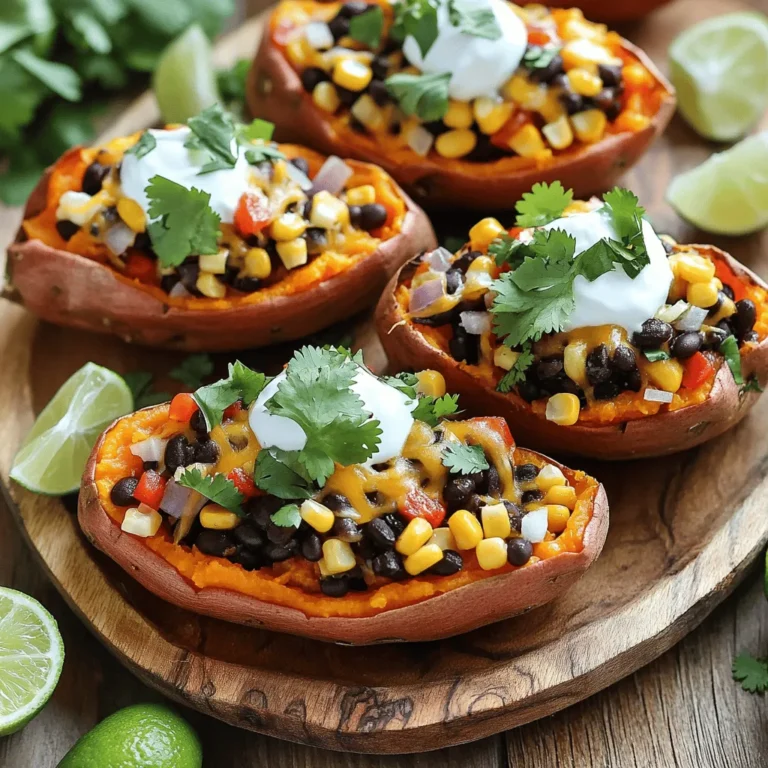 - 2 large sweet potatoes - 1 tablespoon olive oil - 1 teaspoon cumin - 1 teaspoon smoked paprika - Salt and pepper to taste - 1 cup black beans, rinsed and drained - 1 cup corn kernels (frozen or fresh) - 1/2 cup diced red bell pepper - 1/2 cup diced red onion - 1 cup shredded cheddar cheese - 1/2 cup Greek yogurt or sour cream - Fresh cilantro, chopped, for garnish - Lime wedges, for serving Sweet potatoes are the star here. They give a nice, sweet flavor. The cheese adds a creamy texture that melts perfectly. Cumin and smoked paprika give a warm, earthy taste. You can adjust salt and pepper to your liking. - Other vegetables - Plant-based substitutions Feel free to mix in other veggies like zucchini or spinach. If you want a plant-based option, substitute the cheese with plant-based cheese. You can also use avocado or coconut yogurt in place of Greek yogurt. - Accompaniments - Garnishes Serve these sweet potato skins warm. A side of lime wedges adds a nice zing. You can also pair them with a fresh salad or guacamole. For garnishes, fresh cilantro and a dollop of yogurt make them look and taste great. To start, preheat your oven to 400°F (200°C). Wash two large sweet potatoes well. Use a fork to poke holes all over each potato. This step helps steam escape while baking. Place the potatoes on a baking sheet lined with parchment paper. Bake them for about 45-50 minutes. They should feel soft when poked. Once done, take them out and let them cool slightly. Next, slice each potato in half lengthwise. Use a spoon to scoop out some of the flesh. Leave about 1/4 inch along the skin. This keeps the skins strong and ready to hold the filling. In a mixing bowl, combine the sweet potato flesh you scooped out, black beans, corn, red bell pepper, and red onion. Add one teaspoon of cumin, one teaspoon of smoked paprika, one tablespoon of olive oil, and some salt and pepper. Mix everything well until it’s all combined. If the mixture seems too thick, you can add a splash of water or olive oil for a smoother texture. Now, it's time to fill the skins. Carefully spoon the filling mixture back into each sweet potato skin. Pack it in generously to make them hearty. Once filled, sprinkle shredded cheddar cheese over the top of each half. Return the loaded sweet potato skins to the oven. Bake them for an additional 15-20 minutes. You want the cheese to melt and bubble nicely. Once done, take them out and let them cool slightly. Top with Greek yogurt or sour cream and chopped fresh cilantro. Serve with lime wedges on the side for an extra zing! To get the best texture, bake the sweet potatoes at 400°F (200°C) for 45-50 minutes. This time works well for large potatoes. If you use smaller ones, check for doneness a bit earlier. You can also microwave them. Simply pierce the skin, place on a plate, and cook for 5-10 minutes. This method saves time but may not give the same crisp texture as baking. For flavor, try different spices. You can add chili powder or cayenne pepper for heat. If you want a milder taste, use paprika or garlic powder. Fresh herbs can really brighten the dish. Cilantro works great, but parsley or green onions can also add freshness. Mix them into the filling or sprinkle on top. For plating, arrange the loaded skins on a colorful platter. Drizzle extra Greek yogurt or sour cream over them for a creamy touch. Garnish with fresh cilantro for a pop of color. You can also add lime wedges on the side. This makes the dish look fun and inviting. {{image_2}} For a vegetarian twist, you can swap out regular cheese for dairy-free cheese. Brands like Daiya or Violife offer great options that melt well. If you want to make it vegan, use a plant-based yogurt instead of Greek yogurt. You can also consider alternative protein sources. Try adding cooked quinoa or lentils for extra protein. These options not only boost nutrition but also add great texture. To give your sweet potato skins a Tex-Mex vibe, add taco seasoning to the filling. Chopped jalapeños can bring in heat. You can top them with guacamole for a creamy finish. If you're feeling adventurous, mix in Mediterranean flavors. Use feta cheese instead of cheddar and add olives or sun-dried tomatoes. A sprinkle of oregano can enhance this twist beautifully. In the fall, use seasonal veggies like butternut squash or kale for the filling. These add a hearty taste and pair well with sweet potatoes. You can also roast some pumpkin seeds for crunch. During summer, switch to lighter ingredients. Fresh zucchini or grilled corn can brighten the dish. You might even try adding fresh herbs like basil or mint for a refreshing kick. To store leftover loaded Southwest sweet potato skins, let them cool first. Place them in an airtight container. This keeps them fresh and tasty for your next meal. Use parchment paper between layers to avoid sticking. Always label your container with the date. This helps you keep track of freshness. You can freeze prepared sweet potato skins for later. Wrap each one tightly in plastic wrap. Then, place them in a freezer bag. This keeps them safe from freezer burn. For reheating, let them thaw overnight in the fridge. Preheat your oven to 350°F (175°C) and bake for about 20 minutes. This warms them up nicely. Loaded sweet potato skins last about five days in the fridge. If you freeze them, they keep well for up to three months. After that, the taste may change. Always check for any signs of spoilage before eating. Yes, you can make these tasty skins ahead of time. Here are some tips for meal prep: - Bake the sweet potatoes a day before. Store them in the fridge once cooled. - Prepare the filling in advance. Mix all the filling ingredients and store them separately. - Assemble the sweet potato skins right before baking. This keeps them fresh and tasty. - Bake them when you are ready to serve. This saves time and keeps the cheese melty. You can make some low-calorie substitutions for this dish: - Use low-fat cheese instead of regular cheddar. This cuts calories without losing flavor. - Swap Greek yogurt with a dairy-free option if needed. - Try black beans as a protein source. They are healthy and filling. - Add more veggies like spinach or zucchini to boost nutrition and fiber. For fluffier filling, follow these key techniques: - Bake sweet potatoes until very tender. This makes the flesh easier to mix. - Pierce the skin before baking. This lets steam escape and helps them cook evenly. - Scoop out the flesh gently, leaving a little around the edges. This keeps the skins sturdy. - Mix filling well to incorporate air. This adds lightness to the mixture before stuffing the skins. This article explored how to create loaded Southwest sweet potato skins. We covered essential ingredients, from sweet potatoes to spices, along with optional add-ins for extra flavor. I shared step-by-step instructions for prepping, making the filling, and assembly. Tips improved texture and flavor, while variations catered to different diets. Lastly, I provided storage tips to keep your dish fresh. For a tasty treat, follow these steps, and enjoy every bite!