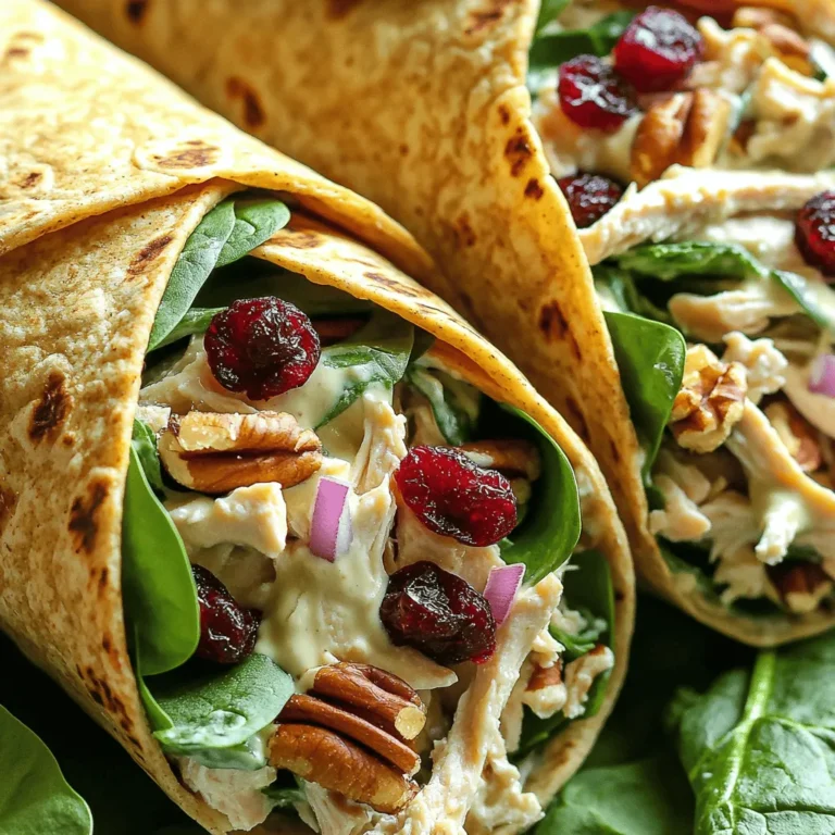 - 2 cups cooked chicken, shredded or diced - 1/2 cup dried cranberries - 1/2 cup pecans, chopped - 1/4 cup plain Greek yogurt - 1/4 cup mayonnaise - 1 tablespoon Dijon mustard - 1 celery stalk, finely chopped - 1/4 red onion, finely chopped - Salt and pepper to taste - 4 large whole wheat tortillas - Fresh spinach leaves In this recipe, the main ingredients come together for a tasty chicken salad. You start with cooked chicken, which should be shredded or diced. This gives the salad a nice base. Then, add in dried cranberries for sweetness. They balance well with the crunch of chopped pecans. The yogurt and mayonnaise create a creamy dressing. Dijon mustard adds a tangy kick that's hard to resist. For the additional ingredients, finely chopped celery and red onion add freshness. You can season with salt and pepper to make it pop. Finally, use large whole wheat tortillas to wrap the salad. Fresh spinach leaves add a healthy touch and a nice crunch. Together, these ingredients make a delicious wrap that’s quick to prepare and perfect for lunch or a snack. - First, combine 2 cups of cooked chicken, 1/2 cup dried cranberries, and 1/2 cup chopped pecans in a mixing bowl. - In a separate bowl, prepare the dressing. Whisk together 1/4 cup plain Greek yogurt, 1/4 cup mayonnaise, 1 tablespoon Dijon mustard, 1 finely chopped celery stalk, and 1/4 finely chopped red onion. Season it with salt and pepper to taste. This is where the magic starts! Mixing the chicken with cranberries and pecans brings a lovely crunch and sweetness. The dressing adds creaminess and ties everything together. - Lay out 4 large whole wheat tortillas on a flat surface. - Add a handful of fresh spinach leaves in the center of each tortilla. - Spoon a generous portion of the chicken salad mixture onto the spinach in each tortilla. - Fold in the sides of the tortilla and roll it from the bottom up to create a wrap. Rolling these wraps is fun! The spinach keeps it fresh and bright. Make sure to pack the chicken salad well inside for a tasty bite. - Slice each wrap in half diagonally and serve immediately. These wraps taste best right away. The fresh flavors and textures will shine through. Enjoy them for lunch or a light dinner! - Use Greek yogurt or sour cream for a healthier option. - Swap cranberries for raisins or cherries for variety. These swaps help you adjust the taste and texture of your wraps. Greek yogurt adds creaminess while keeping fat low. Sour cream works the same. If you want something sweet, try raisins or cherries instead of cranberries. They give a new twist to the dish. - Ensure chicken is well-shredded for easier eating. - Chop veggies finely to blend flavors effectively. Shredding the chicken well makes the wraps easier to bite into. It also helps the flavors mix better. For the veggies, fine chopping makes a big difference. You won’t get big chunks that might overpower each bite. This way, every bite is a tasty blend of chicken, crunch, and sweetness. {{image_2}} You can easily switch up the flavors in your Cranberry Pecan Chicken Salad Wraps. Adding diced apples or grapes brings a nice sweetness. These fruits create a contrast with the tangy cranberries. You can also mix in herbs like dill or parsley. These herbs add a fresh taste that brightens the dish. The type of wrap you use can change your meal. Try different tortillas, like spinach or gluten-free ones. These options can fit various diets and tastes. If you want a low-carb meal, serve the salad in lettuce wraps. This makes a fun and crunchy alternative while keeping it light. You can store your cranberry pecan chicken salad wraps in an airtight container. They stay fresh for up to three days. To keep them tasty, place parchment paper between each wrap. This helps avoid sogginess. Always check for any signs of spoilage before eating. If you want to save some wraps for later, wrap each one in plastic wrap. This helps keep them fresh in the freezer. You can freeze them for up to two months. When you're ready to eat, let them thaw in the fridge overnight. Enjoy the wraps cold or warm them up in a pan. Yes, you can prepare the chicken salad mix in advance. Just store it in the fridge. However, I recommend adding the fresh spinach just before serving. This keeps the spinach crisp and green, enhancing the wrap's taste and texture. These wraps go great with fresh fruit, crunchy chips, or a light salad. I love serving them with a side of apple slices or carrot sticks. The sweetness of the fruit balances the savory chicken salad, making a perfect meal. To add more substance, mix in quinoa or your favorite grain into the chicken salad. This boosts fiber content and adds a nice texture. You can also try adding beans or lentils for extra protein. This blog covered how to make delicious chicken salad wraps with simple ingredients. We discussed both main and additional components, easy prep and assembly steps, plus tips for perfecting taste and texture. You have plenty of ways to customize, whether by adding fruits, herbs, or using different wraps. Storing these wraps is just as easy. Remember, fresh spinach is best added just before serving. Now, you can enjoy a tasty meal that is healthy and easy to make!