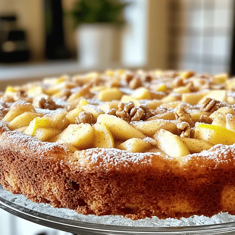 Gathering your ingredients is the first step to creating a delicious apple cinnamon coffee cake. Here’s what you need: - 2 cups all-purpose flour - 1 cup granulated sugar - 1/2 cup unsalted butter, softened - 1 cup sour cream - 3 large eggs - 1 teaspoon vanilla extract - 1 teaspoon baking powder - 1/2 teaspoon baking soda - 1/2 teaspoon salt - 2 cups peeled and diced apples (preferably Granny Smith) - 1 teaspoon ground cinnamon - 1/2 cup brown sugar, packed - 1/2 cup chopped walnuts (optional) - Powdered sugar for dusting (optional) Each ingredient plays a key role. The all-purpose flour gives structure. The granulated sugar adds sweetness. Unsalted butter makes it rich and moist. Sour cream keeps it tender and adds a nice tang. Using large eggs helps bind the cake, while vanilla extract enhances the flavor. Baking powder and baking soda provide lift, making the cake fluffy. Granny Smith apples offer a tart contrast to the sweet cake. Ground cinnamon adds warmth and depth, while brown sugar gives a lovely caramel note. Walnuts, if you choose to add them, bring crunch. Finally, a dusting of powdered sugar makes for a beautiful finish. Now, you have everything you need to make this delightful coffee cake! - Preheat your oven to 350°F (175°C). - Grease and flour a 9x13 inch baking pan. Start by setting your oven. This ensures the cake bakes evenly. Greasing and flouring the pan helps the cake come out easily. It also prevents sticking. - Creaming the butter and sugar - Adding eggs and vanilla - Combining dry ingredients with wet mixture In a large bowl, cream the softened butter and granulated sugar. Mix until it feels light and fluffy. This should take about 3-4 minutes. Next, add the eggs, one at a time. Make sure to mix well after each egg. Then, stir in the vanilla extract for extra flavor. In another bowl, mix the flour, baking powder, baking soda, and salt. Gradually add this dry mix to your wet batter. Alternate it with the sour cream. Mix until everything is just combined. Avoid overmixing; you want a soft batter. - Tossing apples with cinnamon and brown sugar - Layering batter and apples in the baking pan - Baking the coffee cake and testing for doneness Now, take your diced apples. Toss them in a bowl with cinnamon and brown sugar. This step adds a sweet and spicy kick to the apples. Spread half of the batter into your prepared baking pan. Layer half of the cinnamon apple mixture over the batter. Next, pour the remaining batter on top. Smooth it out with a spatula. Finally, add the rest of the apples on top. If you like, sprinkle chopped walnuts for extra crunch. Bake your coffee cake in the preheated oven for 40-45 minutes. Check for doneness by inserting a toothpick in the center. If it comes out clean, your cake is ready! Let it cool in the pan for about 10 minutes. Then, transfer it to a wire rack to cool completely. For a great texture, use unsalted butter. It gives the cake rich moisture. Butter adds flavor and keeps the cake soft. Oil can work, but it lacks that buttery taste. Also, use room temperature ingredients. Cold eggs or butter may not mix well. This can lead to lumps, affecting texture. You can use different types of apples for unique flavors. Granny Smith apples are tart and hold shape well. Try sweet apples like Honeycrisp for a different taste. Adding spices like nutmeg or ginger can enhance the flavor too. Nuts, such as walnuts, add crunch and richness. Dust the cooled cake with powdered sugar for a lovely finish. This small step makes a big difference. Serve each slice with a scoop of vanilla ice cream for an extra treat. Pair your coffee cake with a hot cup of coffee or tea. The warm drink complements the sweet cake perfectly. {{image_2}} To make this cake gluten-free, you can swap all-purpose flour with a gluten-free blend. Use a mix that includes xanthan gum for better texture. You may also need to add a bit more liquid, as gluten-free flours can absorb more moisture. Keep an eye on the baking time. It might bake faster than the original recipe. For a vegan apple cinnamon coffee cake, replace eggs with flax eggs. Mix one tablespoon of flaxseed meal with three tablespoons of water for each egg. Use plant-based butter instead of regular butter. For sour cream, try using unsweetened applesauce or a non-dairy yogurt. Both will keep your cake moist and tasty. To elevate your coffee cake, consider a caramel apple version. Drizzle caramel sauce between layers of apples for a sweet twist. You can also add chocolate chips for a rich flavor. Dried fruits like raisins or cranberries can add a chewy texture. Experiment and have fun with these ideas! You can store your apple cinnamon coffee cake in two ways. If you plan to eat it within a day or two, keep it at room temperature. Just wrap it tightly in plastic wrap. For longer storage, place it in the refrigerator. Use an airtight container to keep it fresh. This will also help prevent it from drying out. To enjoy your coffee cake warm, try these reheating methods. The best way is to use the oven. Preheat it to 350°F (175°C). Place the cake on a baking sheet, cover it with foil, and heat for about 10 to 15 minutes. This keeps the cake moist and tasty. You can also use the microwave. Heat for 10 to 15 seconds. Just be careful not to overdo it, or it may dry out. Freezing is a great option for this cake. Cut it into slices for easy serving. Wrap each slice in plastic wrap, then place them in a freezer bag. This way, you can enjoy a piece anytime! When you want to eat a slice, take it out and thaw it in the fridge overnight. For best texture, let it sit at room temperature for about 30 minutes before serving. This helps the cake regain its softness. Apple cinnamon coffee cake lasts about 3 days at room temperature. Keep it covered with plastic wrap or in an airtight container. If you store it in the fridge, it can last up to a week. Just remember, the cake might become a bit drier over time. Yes, you can use other apples! Granny Smith apples work well because they are tart and firm. Other good options are Honeycrisp for sweetness and Fuji for crunch. Each type gives a different taste and texture, so feel free to explore. If you don’t have sour cream, yogurt is a great substitute. Greek yogurt gives a similar tang and texture. You can also use buttermilk or cottage cheese, but blend it a little for smoothness. Each option keeps the cake moist and tasty. You can make this coffee cake ahead! Just bake it and let it cool completely. Cover it tightly and store it at room temperature for up to 3 days. If you want to make it even earlier, you can freeze it. Just thaw it overnight before serving. This apple cinnamon coffee cake combines simple ingredients and easy steps. You learned how to preheat the oven, mix the batter, and layer the apples. Tips will help you achieve great texture and flavor, while variations allow for personal twists. Store leftovers to enjoy later, and reheating ensures freshness. Overall, this recipe is fun to make and share. Enjoy creating your delicious coffee cake and experimenting with it!