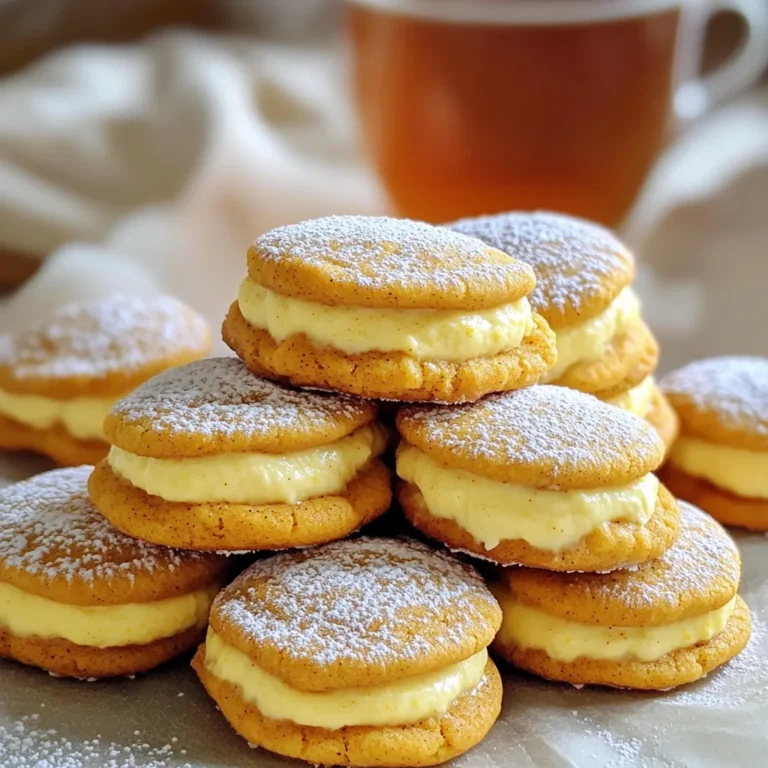 To make these amazing cookies, you need some key ingredients. Here’s what you will need: - 1 cup unsalted butter, softened - 1 cup brown sugar, packed - 1/2 cup granulated sugar - 2 large eggs - 1 teaspoon vanilla extract - 3 cups all-purpose flour - 1 teaspoon baking soda - 1 teaspoon cinnamon - 1 teaspoon nutmeg - 1/2 teaspoon ginger - 1/2 teaspoon salt - 1 cup pumpkin puree - 8 ounces cream cheese, softened - 1/4 cup powdered sugar - 1/2 teaspoon pumpkin spice - 1/4 teaspoon vanilla extract Each ingredient plays a big role in the taste and texture. Here are some tips on measurements and swaps you can make: - Butter: Use unsalted butter for the best flavor. If you need a dairy-free option, try coconut oil. - Sugars: Brown sugar adds moisture. You can use all granulated sugar if needed. - Pumpkin Puree: Always use pure pumpkin puree, not pumpkin pie filling, for the best results. - Cream Cheese: You can swap this with a dairy-free cream cheese for a lighter version. - Spices: Freshly grated nutmeg or cinnamon can enhance the flavor. Here are some answers to your common questions about these ingredients: - Can I use pumpkin pie filling instead of pumpkin puree? No, pumpkin pie filling has added sugar and spices. Stick with pure pumpkin puree for this recipe. - How can I make these cookies dairy-free? You can use dairy-free butter and cream cheese. They work just as well! - What can I serve with Pumpkin Spice Cheesecake Stuffed Cookies? These cookies pair perfectly with warm spiced tea or coffee. Enjoy them with friends! First, gather all your ingredients. You need butter, sugar, eggs, and pumpkin puree. Make sure your cream cheese is soft too. Preheat your oven to 350°F (175°C). Line two baking sheets with parchment paper. This helps keep the cookies from sticking. 1. Make the Cookie Dough: In a big bowl, cream the softened butter with brown and granulated sugar. Mix until it looks light and fluffy. 2. Add Eggs and Vanilla: Beat in the eggs one at a time. Then, add the vanilla extract and mix well. 3. Combine Dry Ingredients: In another bowl, whisk together the flour, baking soda, cinnamon, nutmeg, ginger, and salt. Gradually add these dry ingredients to the wet mixture. Stir until everything is mixed well. 4. Prepare the Cheesecake Filling: In a separate bowl, beat the cream cheese with powdered sugar, pumpkin puree, pumpkin spice, and vanilla extract. Mix until it is smooth and creamy. 5. Assemble the Cookies: Take a tablespoon of cookie dough. Flatten it in your hand. Put about a teaspoon of cheesecake filling in the middle. Fold the dough over the filling and shape it into a ball. 6. Bake the Cookies: Place your stuffed cookie balls on the baking sheets, about 2 inches apart. Bake for 12-15 minutes until the edges turn lightly golden. 7. Cool and Serve: Let the cookies cool on the sheets for 5 minutes. Then, move them to a wire rack to cool completely. - Chill the Dough: If the dough is too soft, chill it for 30 minutes. This helps the cookies keep their shape. - Don’t Overbake: Check the cookies at 12 minutes. You want them soft in the middle. - Presentation: Stack the cookies nicely and dust them with powdered sugar. Serve with warm tea or coffee for a cozy treat. To get soft and chewy cookies, use softened butter. This helps mix the sugar well. Cream the butter and sugars until fluffy. This step adds air to the dough. It helps keep cookies soft. Don't overbake them. Pull them out when the edges are light golden. They will firm up as they cool. If your cookies spread too much, check the butter temperature. It should be soft but not melted. If they are too dry, try adding a bit more pumpkin puree. For cookies that are too hard, reduce baking time. Always measure flour carefully. Use the spoon and level method for accuracy. For a fun touch, stack cookies in a festive way. Dust them lightly with powdered sugar. This adds a nice look and sweetness. Serve them with warm spiced tea or coffee. A cozy drink makes these cookies even better. You can also place them in a cute box for gifts. {{image_2}} You can change the cheesecake filling to mix things up. Try using ricotta cheese for a lighter taste. You can also use flavored cream cheese, like vanilla or cinnamon. For a chocolate twist, use chocolate cream cheese. Each choice gives a new flavor to the cookie. Add extra flavor to your cookies with fun add-ins. Try mixing in chopped nuts like pecans or walnuts for crunch. You can also fold in mini chocolate chips for a sweet surprise. For a fruity touch, add dried cranberries or cherries. Each add-in makes your cookies unique. Want a gluten-free option? Use gluten-free flour instead of all-purpose flour. This keeps the taste similar while being safe for those with gluten allergies. For a healthier version, try using less sugar or a sugar substitute. You can also swap half of the butter for applesauce. This makes the cookies moist while cutting some fat. To keep your cookies fresh, store them in an airtight container. I like to layer parchment paper between the cookies. This helps avoid sticking. Keep the container at room temperature. Cookies stay soft and tasty this way. For added freshness, add a slice of bread in the container. The bread will help keep the cookies moist. Freezing cookie dough is easy and fun! Start by rolling the dough into balls. Place them on a baking sheet and freeze for about an hour. Once frozen, transfer the dough balls to a freezer bag. Make sure to label the bag with the date. You can freeze the dough for up to three months. When you’re ready to bake, just take them out and bake right from the freezer. No need to thaw! If your cookies lose some softness, you can easily reheat them. Preheat your oven to 300°F (150°C). Place the cookies on a baking sheet. Heat them for about 5-7 minutes. This warms the cookies and makes them soft again. You can also use a microwave. Just heat them for about 10-15 seconds. Enjoy that fresh-from-the-oven taste! Yes, you can use pumpkin pie filling. It adds spice and sweetness. However, remember it has extra sugar and spices. This can change the cookie's taste. If you want more control, stick with pumpkin puree. It gives a pure pumpkin flavor and lets you add your spices. To make these cookies dairy-free, swap regular butter for a dairy-free option. Use coconut oil or a vegan butter. For the cream cheese, choose a dairy-free cream cheese. These swaps work well and keep the cookies tasty. Just check labels for other ingredients like sugar and flour to ensure they are dairy-free. These cookies pair great with warm drinks. Try serving them with spiced tea or coffee. The warmth of the drinks complements the pumpkin flavors. You can also add a scoop of vanilla ice cream for a special treat. A drizzle of caramel sauce over the cookies adds sweetness and fun! You learned how to make Pumpkin Spice Cheesecake Stuffed Cookies from scratch. We covered key ingredients, their measurements, and common ingredient questions. I shared step-by-step baking instructions and tips to ensure your cookies turn out soft and chewy. Variations let you experiment with flavors and fillings. Finally, I provided storage tips to keep cookies fresh longer. Try these cookies for a fun treat. Enjoy the process of baking and sharing these delicious cookies with others. Happy baking!