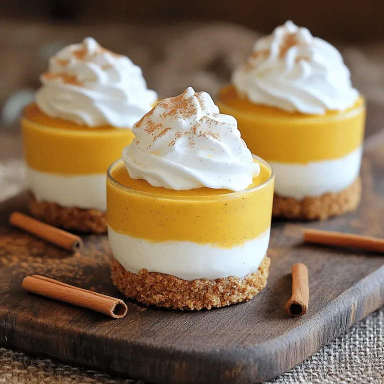 - 1 cup pumpkin puree - 1 cup heavy whipping cream - 1/2 cup powdered sugar - 1 teaspoon vanilla extract - 1 teaspoon pumpkin spice blend (cinnamon, nutmeg, ginger, allspice) - 2 teaspoons instant coffee granules - 1 tablespoon hot water - 1/2 cup crushed graham crackers (for base) - Whipped cream and cinnamon for topping When measuring pumpkin puree, use a dry measuring cup for accuracy. Level off the top with a knife for a clean measurement. For heavy cream, use a liquid measuring cup. Pour slowly to avoid spills. When measuring powdered sugar, sift it to remove lumps. It helps achieve a smooth texture in the mousse. Use a kitchen scale for precise measurements, especially for the coffee granules. You can swap pumpkin puree for fresh pumpkin if you prefer. Just cook and mash it first. If you want a lighter option, use half-and-half instead of heavy cream. For a sugar-free version, try using a sugar substitute that measures cup-for-cup. If you do not have instant coffee, brewed coffee works too. Just cool it down before mixing. For a nut-free option, leave out the graham crackers and use crushed cookies instead. First, grab a small bowl. Add the instant coffee granules and hot water. Stir until the coffee dissolves. Set this bowl aside. It needs to cool down before you add it to the mousse. Next, take a large mixing bowl. Add the pumpkin puree, powdered sugar, vanilla extract, and pumpkin spice blend. Mix these ingredients until they are smooth and creamy. In another bowl, whip the heavy cream. You want soft peaks to form. Gently fold the whipped cream into your pumpkin mixture. Use a spatula to combine them. This makes the mousse light and fluffy. Finally, add the cooled coffee mixture. Fold it in carefully until everything is blended well. Now, it’s time to layer. Get your serving cups or glasses ready. Start by adding a spoonful of crushed graham crackers at the bottom. This will be your base. Next, spoon the pumpkin mousse over the graham cracker layer. Fill each cup until they are nearly full. Make sure to leave room for toppings later. After layering, cover the cups with plastic wrap. Place them in the fridge for at least 2 hours. This will help the mousse set properly. When you are ready to serve, take them out of the fridge. Top each cup with a dollop of whipped cream and a sprinkle of cinnamon. You can even add tiny cinnamon sticks for a pretty touch. Enjoy your tasty fall treat! To make great whipped cream, start with cold cream. Chill your bowl and beaters too. Whip until you see soft peaks form. This means the cream holds a shape but is still soft. Don’t overwhip, or it becomes butter. You want a light, fluffy texture to match the mousse. For added flavor, mix in a little vanilla extract while whipping. This step adds a nice touch to your mousse cups. Want to boost the flavors? Try adding more spices. A pinch of nutmeg or ginger can really pop. You can also mix in some chocolate. Just fold in a bit of melted chocolate after making the mousse. This adds richness and a new layer of flavor. For texture, crushed nuts can be a great addition. Sprinkle them on top for crunch. Presentation is key! Use clear cups to show off the layers. Start with a graham cracker base, then add the mousse. Top it off with a generous dollop of whipped cream. For a sweet finish, sprinkle cinnamon or drizzle chocolate sauce on top. Small cinnamon sticks can add a cute rustic look. Arrange the cups on a nice tray for serving. {{image_2}} You can add chocolate to your pumpkin mousse. Just use cocoa powder. Start with 2 tablespoons of unsweetened cocoa powder. Mix it into the pumpkin blend with the other ingredients. This will give a rich chocolate flavor. The blend of pumpkin and chocolate is a real treat. It makes the mousse even more exciting. To make this mousse vegan, swap the heavy cream. Use coconut cream instead. Chill a can of coconut milk overnight. Then, scoop out the thick cream on top. Follow the same steps for mixing. Use maple syrup instead of powdered sugar. This keeps the sweet taste but adds a hint of maple. Your mousse will still be creamy and tasty! Feel free to change the spices based on what you like. For a twist, add extra nutmeg or clove. You can use one teaspoon of nutmeg and a pinch of ground cloves. This will change the flavor and make it more unique. You can also try pumpkin pie spice blends. Each change adds a different feel to the mousse. Enjoy the fun of trying new flavors! You should store your Pumpkin Spice Latte Mousse Cups in the fridge. Cover each cup with plastic wrap or a lid. This keeps the mousse fresh and prevents it from absorbing other smells. It stays good for up to three days. However, the mousse is best enjoyed within the first two days for the best texture and flavor. If you want to freeze the mousse, use airtight containers. Spoon the mousse into the containers and leave some space at the top. The mousse can freeze well for up to one month. Just remember to thaw it in the fridge overnight before serving. The texture may change slightly, but it will still taste great! Knowing the shelf life of your ingredients helps you keep things fresh. - Pumpkin puree: It lasts up to a week in the fridge once opened. - Heavy whipping cream: It stays good for about a week after opening. - Powdered sugar: This lasts a long time, often for months in a cool, dry place. - Spices: They can last for years if stored properly. Just check for freshness before using. Keeping track of these details ensures your mousse cups remain tasty and safe to eat! Yes, you can use fresh pumpkin. Start by cooking and pureeing it. Make sure it is smooth and not watery. Canned pumpkin is easier and saves time. Both options work well in this mousse. The mousse should feel firm and hold its shape. After chilling for at least two hours, check it. You can gently poke the surface with a spoon. If it feels firm, it’s ready to serve. Yes, this recipe is great for making ahead. You can prepare the mousse cups a day or two in advance. Just store them in the fridge. This makes it perfect for parties or gatherings. You can use coconut cream for a dairy-free option. It adds a nice flavor and texture. Another option is whipped topping, which is lighter. Just remember that this might change the taste a bit. Absolutely! Decaf coffee granules work just fine. They allow you to enjoy the coffee flavor without the caffeine. This is a great choice for kids or anyone avoiding caffeine. This blog post shared how to make a delightful Pumpkin Spice Latte Mousse. We went through the ingredients, measurements, and swaps. You learned how to prepare each step, from mixing to layering. We also discussed tips for perfecting your mousse and ways to enhance flavor and texture. Plus, you discovered some tasty variations and storage tips. Now you can impress with this fun treat. Enjoy making this recipe for friends and family!