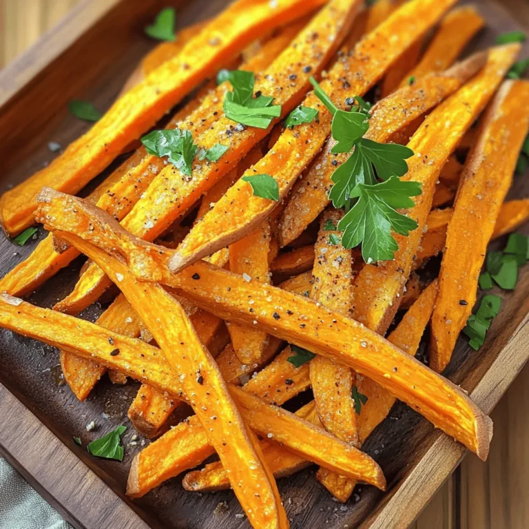 To make Air Fryer Crispy Sweet Potato Fries, you need simple ingredients. Here’s what you will need: - 2 large sweet potatoes, peeled and cut into fries - 2 tablespoons olive oil - 1 teaspoon garlic powder - 1 teaspoon paprika - 1/2 teaspoon chili powder (optional for heat) - Salt and pepper to taste - Fresh parsley, chopped (for garnish) These ingredients bring out the best flavors in your fries. Sweet potatoes are sweet, soft, and healthy. Olive oil helps them crisp up nicely. Garlic powder and paprika add depth and warmth. If you like heat, add chili powder. Salt and pepper are key to enhance all the flavors. Lastly, parsley gives a fresh touch and a pop of color. Gather these ingredients, and you're ready to make something tasty! First, we soak the sweet potato fries. This step helps make them crispy. Place the fries in cold water for about 30 minutes. Soaking removes extra starch. This simple act is key to crunchy fries. After soaking, drain the fries well. Use a clean kitchen towel to pat them dry. Make sure they are not wet. Dry fries will fry better and get crispier. Next, we preheat the air fryer. Set it to 380°F (190°C) and preheat for about 5 minutes. A hot fryer is crucial for even cooking. Once preheated, add the fries to the air fryer basket. Place them in a single layer. Do not let them overlap. This ensures they cook evenly. Cook the fries for 15-20 minutes. Shake the basket halfway through cooking. This helps them crisp all over. If you like them crispier, add 2-3 more minutes. After cooking, check if the fries are golden brown. If they look good, remove them from the fryer. Place the fries on a serving dish. Garnish with freshly chopped parsley for a pop of color. You can serve these fries as a snack or side dish. Pair them with your favorite dipping sauce for extra fun! Soaking sweet potato fries is key. It removes extra starch, which helps them crisp up. I soak my fries for 30 minutes in cold water. This simple step changes the game for your fry texture. Once soaked, drying is crucial. I drain the fries and pat them dry with a kitchen towel. This helps to get rid of moisture. Less moisture means more crispiness when cooking. Great seasoning makes a big difference. I love to mix garlic powder and paprika for a classic flavor. If you like heat, add chili powder. Just half a teaspoon gives a nice kick. Feel free to adjust spices based on your taste. You can try adding cumin or cayenne for a twist. Experiment with different herbs for unique flavors. Setting the right temperature is important. I preheat my air fryer to 380°F (190°C) for five minutes. This ensures even cooking from the start. For cooking time, I air fry my fries for 15-20 minutes. Shake the basket halfway through. If you want them crispier, add 2-3 more minutes. Keep an eye on them as they cook. You want a golden brown color for the best results. {{image_2}} You can change the taste of your sweet potato fries easily. Try different seasonings to find your favorite. Here are some ideas: - Cinnamon Sugar: For a sweet treat, mix cinnamon and sugar. - Italian Herbs: Use oregano, basil, and thyme for an Italian twist. - Curry Powder: This adds warmth and a unique flavor. - Lemon Zest: Fresh zest brightens the fries. If you don’t have olive oil, use coconut oil or avocado oil for frying. These oils work well and add different flavors too. Cutting your fries in different shapes can make them fun. Here are some styles to try: - Curly Fries: Use a spiralizer for a fun twist. - Waffle Fries: Cut sweet potatoes into a grid for a unique shape. - Steak Fries: Make thick cuts for a hearty fry. You can also try sweet potato rounds for a different look. Just slice them into 1/4-inch thick circles, and they will cook nicely. Dipping sauces can take your fries to the next level. Here are some tasty options: - Ketchup: A classic choice that everyone loves. - Ranch Dressing: Creamy and delicious for dipping. - Garlic Aioli: A fancy twist that pairs well with sweet potatoes. - Spicy Mayo: Mix mayo with sriracha for some heat. These fries also pair well with burgers, sandwiches, or salads. They make a great side dish for any meal. To store your leftover fries, place them in an airtight container. Make sure they are cool before sealing the lid. This helps keep them fresh longer. You can also use a resealable bag. Remove as much air as possible. The fries will stay good in the fridge for about 3 days. The best way to reheat your sweet potato fries is in the air fryer. Set it to 350°F (175°C). Cook for about 5 to 7 minutes. This method helps keep them crispy. You can also use an oven. Place the fries on a baking sheet and heat for 10 to 12 minutes at the same temperature. Avoid using a microwave as it can make them soggy. For extra crispiness, shake the basket or flip them halfway through reheating. Enjoy your tasty fries just like they were fresh! Yes, you can use regular potatoes. They will taste different. Regular potatoes have less sweetness and a starchy texture. You may need to adjust the cooking time, as they can cook faster. Keep an eye on them to avoid burning. To stop fries from sticking, make sure to dry them well after soaking. Tossing them in olive oil helps too. Place the fries in a single layer in the air fryer basket. Avoid overcrowding, as this can cause sticking and uneven cooking. Soak the sweet potato fries for about 30 minutes. This step removes excess starch, which helps them become crispier. After soaking, drain and pat them dry for the best results. In this article, we explored how to make the best sweet potato fries. We covered ingredients, preparation steps, and cooking methods. Tips on achieving crispiness and seasoning were also included. You learned about different flavor variations and storage tips. With these steps, you can enjoy delicious, homemade fries any time. Just remember to experiment with flavors and shapes to keep it fun. Now, get cooking and enjoy your tasty treats!
