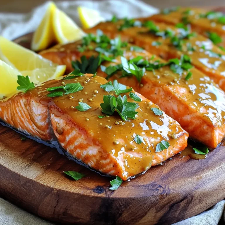 - 4 salmon fillets (6 oz each) - 3 tablespoons honey - 2 tablespoons whole grain mustard - 1 tablespoon Dijon mustard - 2 tablespoons olive oil - 2 cloves garlic, minced - Salt and pepper to taste - Fresh parsley, chopped (for garnish) - Lemon wedges (for serving) To make honey mustard glazed salmon, you need fresh salmon. I love using four 6-ounce fillets. They cook evenly and are just the right size. Next, you need honey, which gives the dish a sweet touch. Whole grain mustard adds a nice texture and flavor. Dijon mustard gives it a bit of a kick, which balances the sweetness. Olive oil helps the glaze stick and adds richness. Garlic adds depth and a savory note. Do not forget salt and pepper for seasoning. Fresh parsley brightens the dish with color and taste. Finally, lemon wedges add a zesty finish when served. - Additional herbs - Side dishes that pair well You can add more herbs like dill or chives for extra flavor. They complement the salmon beautifully. For sides, consider serving with roasted veggies, rice, or a fresh salad. These pair well with the sweet and tangy glaze. Enjoy your meal with these tasty additions! - Preheat the oven to 400°F (200°C). - Line a baking sheet with parchment paper. This helps with the cleanup. - In a small bowl, whisk together: - 3 tablespoons honey - 2 tablespoons whole grain mustard - 1 tablespoon Dijon mustard - 2 tablespoons olive oil - 2 cloves garlic, minced - Salt and pepper to taste - Mix until the glaze is well combined. - Place the salmon fillets on the baking sheet, skin side down. - Generously drizzle and brush the honey mustard glaze over each fillet. - Bake the salmon for 12-15 minutes at 400°F (200°C). - Check for doneness by seeing if the salmon flakes easily with a fork. - The glaze should look caramelized and sticky. - After baking, let the salmon rest for a couple of minutes. - Garnish with fresh parsley and serve with lemon wedges for a fresh touch. To make the glaze just right, balance the sweet and tangy flavors. You can adjust the honey for more sweetness or add more mustard for tanginess. Start with the amounts in the recipe. Taste the glaze before it goes on the salmon. This lets you tweak it to your liking. For a perfect caramelization, brush the glaze on thick. This helps it turn sticky and golden as it cooks. Make sure the oven is hot before you bake the salmon. A hot oven helps the glaze caramelize better. Avoid overcooking the salmon. Overcooked salmon can be dry and tough. Salmon cooks fast, so keep an eye on it. Bake for 12 to 15 minutes. It’s done when it flakes easily with a fork. Using a meat thermometer can help you cook it just right. Aim for an internal temperature of 145°F (63°C). This ensures the salmon is safe to eat but still moist and tender. If you don’t have a thermometer, check the texture. If it flakes, it’s ready! {{image_2}} You can change up the honey in this recipe. Maple syrup works well and adds a nice flavor too. Agave syrup is a good choice if you want a lighter sweetness. Both substitutes keep the glaze rich and tasty. For mustard, you have options. Whole grain mustard gives texture. You can try yellow mustard for a milder taste. Spicy brown mustard adds a kick. Each choice brings its own twist to the dish. You can cook salmon in different ways. Grilling gives a nice smoky flavor. It also adds grill marks that look great on the plate. Bake it for an easy and hands-off method. Just set the oven and let it do the work. Pan-searing is another option. It gives a crispy skin and a great texture. Heat oil in a pan, add the salmon, and cook until golden. This method takes less time and adds a nice crunch. Each method lets you enjoy this dish in a new way. To store your leftover honey mustard glazed salmon, first let it cool. After cooling, place it in an airtight container. You can keep it in the fridge for up to three days. If you want to keep it longer, you can freeze it. Make sure to label the container with the date. This way, you know when you made it. Freezing salmon is simple and can help save your meal for later. Wrap each salmon fillet tightly in plastic wrap. Then, place the wrapped fillets in a freezer bag. Squeeze out as much air as you can before sealing. You can freeze the salmon for up to three months. When you're ready to eat it, thaw it in the fridge overnight. This method keeps the fish fresh and tasty. Bake salmon at 400°F for 12-15 minutes. The salmon should flake easily with a fork. This cooking time gives you a moist and tender piece of fish. Always check for doneness to avoid overcooking. Yes, you can use frozen salmon. Thaw it first for even cooking. I recommend placing it in the fridge overnight or running it under cold water. Once thawed, pat it dry before applying the honey mustard glaze. Serve honey mustard glazed salmon with these sides for a balanced meal: - Steamed asparagus - Roasted sweet potatoes - Quinoa salad - Green beans with garlic These dishes complement the glaze and enhance the flavors of the salmon. - Can I make the glaze ahead of time? Yes, you can prepare the glaze a day in advance. Store it in the fridge and mix well before use. - Is it healthy? Absolutely! Salmon is rich in omega-3 fatty acids. The glaze adds flavor without extra calories. - Can I use other types of fish? Yes, other mild fish like trout or cod work well. Adjust cooking times based on thickness. In this article, we explored how to make delicious honey mustard glazed salmon. We discussed key ingredients, step-by-step cooking methods, and helpful tips to make it perfect. Remember, you can adjust the glaze for your taste and try different cooking methods. This dish is not only easy to prepare, but it's also versatile. Enjoy it with tasty sides or freeze leftovers for later. Now, you have all the tools to create a meal that delights and satisfies. Happy cooking!