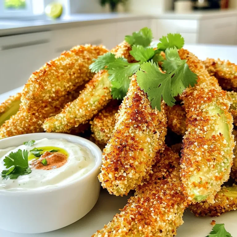 - 2 ripe avocados, sliced into wedges - 1 cup breadcrumbs (panko for extra crunch) - 1/2 cup all-purpose flour - 2 large eggs, beaten - 1 teaspoon garlic powder - 1 teaspoon smoked paprika - 1/2 teaspoon cayenne pepper (optional for heat) - Salt and pepper to taste - Cooking spray - 1/2 cup Greek yogurt - 1 tablespoon chipotle in adobo sauce, minced (adjust to taste) - 1 tablespoon lime juice - Salt to taste You can customize your dip and fries with some fun add-ins. Try adding fresh cilantro or lime zest to your chipotle dip for a zesty twist. For the fries, consider adding a pinch of cumin or onion powder for a deeper flavor. If you like heat, add more cayenne pepper to the breading mix. Experimenting with your own touches can make this dish even more enjoyable. Start by preheating your air fryer to 375°F (190°C). This step is key for getting crispy fries. If your air fryer has a preheat setting, use it. If not, run it for about 5 minutes. This heat helps the fries cook evenly and get that golden brown color. Next, set up your breading station. You need three bowls: - First Bowl: Fill it with 1/2 cup all-purpose flour. Add salt, pepper, 1 teaspoon garlic powder, and 1 teaspoon smoked paprika to the flour. - Second Bowl: Beat two large eggs until mixed well. - Third Bowl: Pour 1 cup of panko breadcrumbs into the bowl. If you like it spicy, add 1/2 teaspoon cayenne pepper to the breadcrumbs. This setup will help you coat the avocado wedges evenly. 1. Coat the Wedges: Take each avocado wedge and dip it into the flour mix first. Make sure it’s fully covered. Shake off any extra flour. 2. Egg Bath: Next, dip the floured wedge into the beaten eggs. Let any excess egg drip off. 3. Breadcrumb Coating: Now roll the wedge in the panko breadcrumbs. Press gently to help the crumbs stick well. 4. Arrange in the Air Fryer: Place the breaded avocado fries in a single layer in the air fryer basket. Do not overcrowd them. This helps them cook evenly. 5. Spray for Crispiness: Lightly spray the fries with cooking spray. This adds extra crunch. 6. Cooking Time: Air fry the wedges for about 10-12 minutes. Flip them halfway through to ensure they brown evenly. Look for a golden and crispy finish. While the fries cook, you can prepare the chipotle dip. Mix 1/2 cup Greek yogurt, 1 tablespoon minced chipotle, 1 tablespoon lime juice, and salt to taste in a small bowl. Adjust the chipotle amount to suit your heat preference. Once the fries are done, take them out and let them cool for a minute. Enjoy them hot with your chipotle dip! To get the best crunch on your avocado fries, follow these steps. Use fresh, ripe avocados. Slice them into even wedges. This helps them cook evenly. Coat each wedge well in flour, then egg, and finally in panko breadcrumbs. Panko gives you that extra crunch. Lightly spray the fries with cooking spray before air frying. This adds crispiness and a golden color. Avoid these common mistakes to ensure great avocado fries. Don’t overcrowd the air fryer basket. This can make them soggy. Fry in batches if needed. Be sure to shake off excess flour and egg. This helps the coating stick better. Also, don’t skip the cooking spray. It’s key for getting that crunchy finish. Choosing the right avocado is crucial. Look for avocados with a dark green skin and slight give when you press them. If they feel too soft, they may be overripe. Store unripe avocados at room temperature. Once ripe, keep them in the fridge to slow down spoilage. Use ripe avocados for the best flavor in your fries. {{image_2}} You can easily spice up your avocado fries. Try adding more cayenne pepper to the breading. This will give your fries a nice kick. Pair them with a zesty lime dip or a creamy ranch dressing. You can also use a spicy salsa for a fresh twist. Each dip can change the whole vibe of your dish. If you want a vegan version, swap the eggs for a flax egg. Mix one tablespoon of ground flaxseed with three tablespoons of water. Let it sit until it thickens. For gluten-free options, use gluten-free breadcrumbs and flour. This way, you can enjoy these fries without any worries. You can boost the flavor in many ways. Add some shredded cheese to your breadcrumbs for extra richness. Try mixing in some chopped herbs, like cilantro or parsley, into the breading. A sprinkle of nutritional yeast can also add a savory kick. Feel free to mix and match to find your favorite flavor combinations. To keep your leftover avocado fries fresh, store them in an airtight container. Place a paper towel at the bottom to absorb moisture. This helps prevent sogginess. Seal the container tightly and store it in the fridge. Use them within two days for the best taste and texture. When you want to enjoy your leftover avocado fries, reheating them properly is key. Preheat your air fryer to 350°F (175°C). Place the fries in the basket in a single layer. Air fry for about 5-7 minutes until they are hot and crispy again. This method keeps them crunchy and delicious. Avocado fries have a short shelf life. In the fridge, they last about two days. If you want to keep them longer, consider freezing them. To freeze, arrange the breaded fries in a single layer on a baking sheet. Freeze until firm, then transfer them to a freezer bag. They can last up to three months in the freezer. When ready to cook, you can air fry them directly from frozen; just add a few extra minutes to the cooking time. Yes, you can use regular breadcrumbs. However, panko gives a crispier texture. Regular breadcrumbs may not provide the same crunch. If you prefer a lighter bite, stick with panko. To check if avocados are ripe, gently squeeze them in your hand. They should feel slightly soft but not mushy. If they feel hard, they need more time to ripen. If they feel very soft, they might be overripe. You can also look for dark green to black skin as an indicator. Air Fryer Avocado Fries pair well with various dips. The chipotle dip is a great choice, but you can also try salsa, ranch, or a tangy yogurt dip. For a complete meal, serve these fries with tacos or a fresh salad. They also make a fun snack at parties! In this article, we covered how to make delicious air fryer avocado fries and a chipotle dip. You learned about the key ingredients and how to prepare them. I shared tips for getting the perfect crunch and avoiding common mistakes. You can even try variations like spicy fries or vegan options. Lastly, we discussed storing leftovers and reheating them. Enjoy making these tasty snacks that are simple and fun!