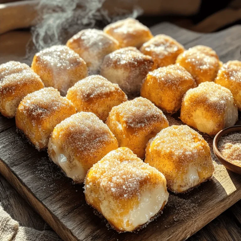 To make cinnamon sugar pretzel bites, you'll need the following ingredients: - 1 ½ cups warm water (110°F) - 2 tablespoons granulated sugar - 2 ¼ teaspoons active dry yeast (1 packet) - 4 cups all-purpose flour - ½ cup salt - ½ cup baking soda - 4 tablespoons unsalted butter, melted - ½ cup granulated sugar (for coating) - 2 teaspoons ground cinnamon You can swap some ingredients if needed. Here are a few ideas: - Instead of all-purpose flour, you can use bread flour for a chewier bite. - If you don't have active dry yeast, instant yeast works just fine. - For a dairy-free option, use plant-based butter in place of unsalted butter. - You can replace granulated sugar with coconut sugar for a different flavor. Using fresh ingredients is key for great taste. Fresh yeast makes the dough rise better. Quality flour gives a nice texture. Fresh spices, like cinnamon, add strong flavor. If you use old ingredients, your pretzel bites might not taste as good. Always check the dates on your ingredients for the best results. Start by gathering your warm water. It should be about 110°F. In a mixing bowl, combine the warm water, 2 tablespoons of granulated sugar, and 2 ¼ teaspoons of active dry yeast. Stir gently and let it sit for 5-10 minutes. You will see bubbles form. This means the yeast is alive and ready to help your dough rise. In a large bowl, mix 4 cups of all-purpose flour with ½ cup of salt. Once your yeast mixture is frothy, pour it into the flour mix. Add 4 tablespoons of melted unsalted butter. Stir until the dough forms. Next, flour your surface and knead the dough for about 5 minutes. It should be smooth and elastic. Place it in a greased bowl and cover it with a clean towel. Let it rise in a warm place for about 1 hour until it doubles in size. After your dough has risen, punch it down. Divide the dough into 8 equal pieces. Roll each piece into a 1-inch thick rope and cut them into 1-2 inch pieces. In a large pot, bring 4 cups of water and ½ cup of baking soda to a boil. Carefully place the pretzel bites in the boiling water in batches. Boil each batch for about 30 seconds. Use a slotted spoon to remove them and place them on prepared baking sheets. Preheat your oven to 425°F (220°C). In a small bowl, mix ½ cup of sugar with 2 teaspoons of ground cinnamon. Brush each pretzel bite with melted butter, then sprinkle the cinnamon sugar mixture generously on top. Bake the pretzel bites for 12-15 minutes until they are golden brown. Remove them from the oven and let them cool slightly before enjoying. Warm bites taste best! To get that soft and chewy texture, the boiling step is key. Boil the pretzel bites in water mixed with baking soda for about 30 seconds. This creates a nice crust. Make sure not to overcrowd the pot. If you do, the pretzel bites won't boil evenly. After boiling, place them on parchment paper before baking. This helps them stay fluffy. One common mistake is not letting the dough rise enough. If the dough does not double in size, your pretzel bites will be dense. Also, watch the baking time. If you bake them too long, they become hard. Keep an eye on them as they bake. Lastly, don't forget to brush the bites with melted butter before adding the cinnamon sugar. This step helps the sugar stick well. For the best flavor, mix the sugar and cinnamon in a small bowl. Use a clean brush to apply melted butter on each bite. Then, sprinkle the cinnamon sugar mix generously. This coating adds sweetness and spice. If you want a stronger flavor, use more cinnamon. Enjoy the bites warm for the best taste! {{image_2}} You can get creative with these pretzel bites! Instead of cinnamon sugar, try different flavors. Here are some ideas: - Chocolate: Melt chocolate and dip your pretzel bites. - Cheddar: Sprinkle cheese powder for a cheesy twist. - Garlic: Mix garlic powder with herbs for a savory bite. - Maple: Use maple syrup instead of butter for a sweet glaze. These changes will give your pretzel bites a fun twist. Experiment and find your favorite! You can easily make these pretzel bites gluten-free. Just swap all-purpose flour with a gluten-free flour blend. Here’s how: - Make sure the blend contains xanthan gum. - Follow the same steps in the recipe. The texture might be slightly different, but they will still taste great. Enjoy your gluten-free treat without missing out! Dips can add even more fun to your pretzel bites. Here are some tasty options: - Cream Cheese Dip: Blend cream cheese with herbs for a creamy dip. - Mustard: A tangy mustard pairs well with the sweetness. - Chocolate Sauce: For those who love sweet and salty, this is perfect. - Caramel: A warm caramel dip makes a sweet treat. These dips will make your pretzel bites even more enjoyable. You can mix and match to find your favorite combinations! To keep your cinnamon sugar pretzel bites fresh, store them in an airtight container. If you have leftovers, let them cool first. Place a paper towel in the container to absorb moisture. This helps keep them soft and tasty. When you want to enjoy your pretzel bites again, reheat them in the oven. Preheat your oven to 350°F (175°C). Place the pretzel bites on a baking sheet. Heat them for about 5 to 10 minutes. This makes them warm and restores their chewy texture. You can also use a microwave, but the oven is better for crispness. If you want to save some for later, freeze the pretzel bites. First, let them cool completely. Then, place them in a single layer on a baking sheet. Freeze them for about an hour. After that, transfer them to a freezer bag or container. They can last for up to three months. When you're ready to eat, thaw them in the fridge and reheat in the oven. Enjoy your tasty snack anytime! Yes, you can use instant yeast. Instant yeast works faster than active dry yeast. Use the same amount. Just mix it directly with the flour. You will skip the frothing step. This saves time and effort. To make them less chewy, try these tips: - Use bread flour instead of all-purpose flour. - Do not over-knead the dough. - Boil the bites for a shorter time, around 20 seconds. These changes help create a softer texture. Cinnamon sugar pretzel bites pair well with several dips: - Cream cheese frosting - Chocolate sauce - Caramel sauce You can also enjoy them plain. Their sweet flavor shines on its own. Cinnamon sugar pretzel bites stay fresh for about 2 days at room temperature. Store them in an airtight container. If you want them to last longer, freeze them. They can last up to 3 months in the freezer. Just reheat before serving. You now know how to make delicious cinnamon sugar pretzel bites from start to finish. We covered essential ingredients, step-by-step instructions, and useful tips. Remember to use fresh ingredients for the best flavor. Explore variations and storage tips to keep your bites tasty. With these skills, you can create perfect treats anytime. Enjoy sharing them with friends and family!
