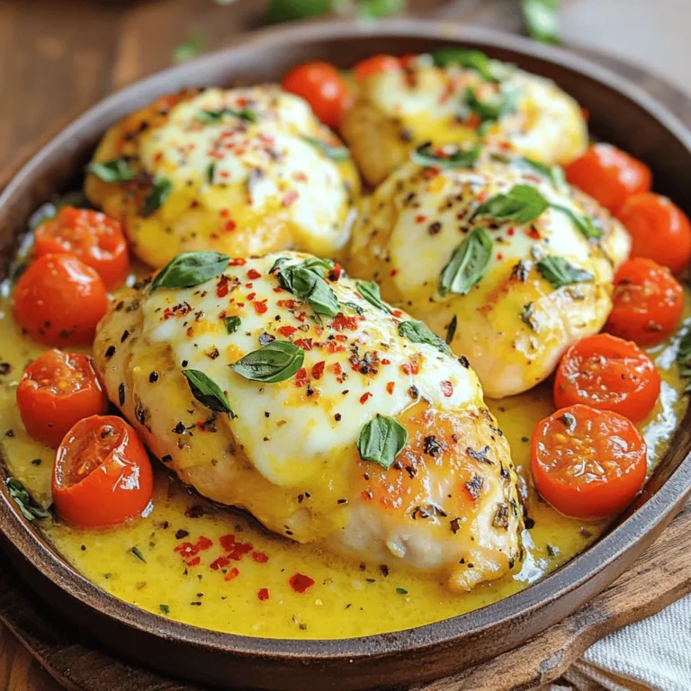 - 4 boneless, skinless chicken breasts - 1 cup cherry tomatoes, halved - 1 cup fresh mozzarella balls, halved - 4 cloves garlic, minced - 1/2 cup unsalted butter - 2 tablespoons olive oil - 1 teaspoon balsamic vinegar - Fresh basil leaves - Salt, pepper, and optional red pepper flakes When making Caprese Garlic Butter Chicken, I focus on fresh, high-quality ingredients. The chicken breasts serve as a tender, juicy base. I choose the cherry tomatoes for their sweet burst of flavor. Halving the mozzarella balls allows them to melt perfectly into the dish. Next, I use garlic and butter to create a rich sauce that ties everything together. Olive oil adds a nice touch and helps with searing. I always keep balsamic vinegar on hand. It adds a tangy note that enhances the overall flavor. For seasoning, salt and pepper are essential. They help boost the taste of each ingredient. I love adding fresh basil leaves at the end. They bring a fragrant aroma and vibrant color. If you like some heat, a sprinkle of red pepper flakes can make it exciting. - Season the chicken: First, sprinkle salt and pepper on both sides of each chicken breast. This adds flavor from the start. - Sear the chicken in olive oil: Heat two tablespoons of olive oil in a large skillet over medium-high heat. When the oil is hot, add the chicken breasts. Cook them for about 5-7 minutes on each side. They should turn a nice golden brown. Make sure they reach an internal temperature of 165°F (74°C). Once they are cooked, take them out and set aside. - Melt the butter and sauté garlic: In the same skillet, lower the heat to medium. Add half a cup of unsalted butter to the pan. Let it melt slowly. Then, add four cloves of minced garlic. Sauté for 1-2 minutes until the garlic smells great. - Add cherry tomatoes and cook: Next, toss in one cup of halved cherry tomatoes. Let them cook for about 3-4 minutes. You want them to soften up a bit and burst with flavor. - Nestle chicken back into skillet: Now, return the seared chicken breasts to the skillet. Place them among the tomatoes. Spoon the garlic butter sauce over the chicken. This allows the chicken to soak in all those tasty flavors. - Add mozzarella and balsamic vinegar: Sprinkle one cup of halved fresh mozzarella balls around the chicken. Drizzle one teaspoon of balsamic vinegar over everything. Cover the skillet and cook for another 2-3 minutes. This melts the cheese perfectly and blends the flavors together. To achieve the perfect sear, use a hot skillet. Heat your olive oil until it shimmers. Place the chicken breasts in the skillet without crowding. Sear them for 5-7 minutes on each side. Look for a golden-brown color. This step locks in juices and flavors. To ensure the chicken is cooked through, check the internal temperature. Use a meat thermometer to reach 165°F (74°C). If you don't have one, cut a breast in the thickest part. The juices should run clear, not pink. For a vibrant dish, serve the chicken on a large platter. Arrange the sautéed tomatoes and melted mozzarella around the chicken. This makes the dish colorful and inviting. Garnish with extra fresh basil leaves. They add a pop of green and enhance the aroma. You can also drizzle a little balsamic glaze on top for a glossy finish. For heat, sprinkle red pepper flakes over the chicken. This adds a spicy kick that some may love. You can also explore additional herbs and spices. Consider adding oregano or thyme for more depth. A squeeze of lemon juice brightens the flavors too. {{image_2}} You can change the cheese in this dish. Try using burrata for a creamier taste or feta for a tangy kick. These swaps add unique flavors to the meal. For tomatoes, consider sun-dried tomatoes. They give a rich taste and chewy texture. Both swaps keep the dish fresh and exciting. You have options for cooking your chicken. Grilling adds a nice smoky flavor. It gives a great char and juicy texture. Pan-searing is quick and results in crispy skin. If you want a healthier choice, bake the chicken. It cooks evenly and keeps it moist. Baking also frees you up to prepare sides while it cooks. For gluten-free meals, use a gluten-free soy sauce instead of balsamic vinegar. This keeps the flavors intact without gluten. If you follow a low-carb diet, skip the balsamic vinegar. You can add fresh herbs like oregano instead. This gives the dish flavor without the carbs. Customize it to fit your diet while keeping it tasty! To store your Caprese Garlic Butter Chicken, let it cool first. Place leftovers in airtight containers. This keeps the chicken fresh and flavorful. You can store it in the fridge for up to three days. If you want to keep it longer, think about freezing it. When reheating chicken, the best method is on the stove. Heat a skillet over medium heat. Add a splash of olive oil or a bit of butter. Place the chicken in the skillet and cover it. This helps keep the chicken moist. Heat it for about five to seven minutes. If you prefer the oven, preheat it to 350°F (175°C). Place the chicken in a baking dish, cover with foil, and heat for about 15-20 minutes. Yes, you can freeze Caprese Garlic Butter Chicken! To do this, let it cool completely. Wrap each piece tightly in plastic wrap. Then, place them in a freezer-safe bag. Be sure to remove as much air as possible. This helps prevent freezer burn. You can freeze it for up to three months. When ready to eat, thaw it in the fridge overnight. Then, reheat it using the methods mentioned earlier to keep it tasty. To cook chicken through, you need about 10-14 minutes. The chicken should reach an internal temperature of 165°F (74°C). This ensures it is safe to eat. Use a meat thermometer to check the temperature. If it is not done, cook it a bit longer. This helps you avoid dry chicken. Yes, you can use frozen chicken breasts. Just remember, cooking time will be longer. It may take about 20-30 minutes more. Always check the internal temperature. Cook until it reaches 165°F (74°C). To ensure even cooking, thaw the chicken overnight. If you forget to thaw, use the skillet method. Start on low heat, then increase it to cook evenly. You can serve many sides with Caprese Garlic Butter Chicken. Here are a few great options: - Garlic bread: Perfect for soaking up the sauce. - Steamed vegetables: Broccoli or green beans add color and crunch. - Rice or quinoa: These grains make a nice base for the dish. - Pasta: Toss with olive oil and herbs for a tasty side. - Salad: A fresh garden salad pairs well with the meal. These sides enhance the meal and balance the flavors. Enjoy! You learned how to make Caprese Garlic Butter Chicken using simple ingredients. Start with chicken, fresh tomatoes, and mozzarella for a tasty meal. We've covered the steps to cook it, tips for success, and ways to vary the recipe. Remember, creativity in cooking can lead to great flavors. Make this dish your own, and enjoy a delightful dinner that impresses everyone at your table. Cooking should be fun and rewarding, so get in the kitchen and try it!