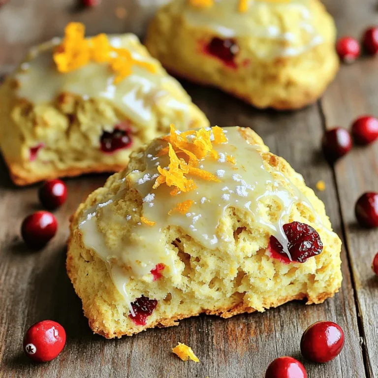 To make these tasty orange cranberry scones, you need: - 2 cups all-purpose flour - 1/2 cup granulated sugar - 1 tablespoon baking powder - 1/2 teaspoon salt - 1/4 cup cold unsalted butter, cubed - 1/2 cup dried cranberries - Zest of 1 large orange - 1/2 cup heavy cream - 1 large egg - 1 teaspoon pure vanilla extract - 1/4 cup orange juice These ingredients work together to create a soft and flavorful scone. The flour gives structure, while the sugar adds sweetness. Baking powder helps the scones rise, and salt enhances all the flavors. You can add a few optional ingredients to change the flavor: - Chopped nuts, like walnuts or pecans - Fresh herbs, like rosemary or thyme - Other dried fruits, like cherries or blueberries These extras can give your scones a unique twist. If you love experimenting, try adding different options. Using high-quality ingredients matters a lot. Fresh butter helps create a flaky texture. Good vanilla adds rich flavor. Use fresh, zesty oranges for the best taste. When you pick fresh ingredients, your scones will taste better. Quality matters for flavor and texture. So, always choose the best you can find! Start by gathering all your ingredients. You will need flour, sugar, baking powder, salt, butter, cranberries, orange zest, cream, egg, vanilla, and orange juice. Preheat your oven to 400°F (200°C). Line a baking sheet with parchment paper. This makes cleanup easy. In a large bowl, mix the flour, sugar, baking powder, and salt. Use a whisk to combine them well. Next, add the cold butter. Use your fingers or a pastry cutter to break it into small pieces. Mix until you see coarse crumbs. Now, stir in the dried cranberries and orange zest gently. In another bowl, whisk together the cream, egg, vanilla extract, and orange juice. Mix until smooth. Pour this mixture into the dry ingredients. Use a fork to mix gently until it just comes together. Remember, don’t overmix! Turn the dough out onto a floured surface. Pat it down into a rectangle about 1 inch thick. Cut the dough into 8 triangles or use a round cutter for a different shape. Place the scones on your baking sheet, leaving space between them. Bake for 15-20 minutes. You want them golden brown around the edges. Once baked, let them cool slightly on a wire rack. Enjoy these warm, and maybe drizzle a glaze on top for extra sweetness! To get soft and flaky scones, always use cold butter. Cold butter helps create those nice layers. Make sure to mix the butter until it looks like coarse crumbs. This step is key. Do not overmix the dough. Just mix until the wet and dry ingredients blend. The dough should feel soft but not sticky. One big mistake is not measuring flour correctly. Too much flour can make the scones dry. Use a spoon to fluff the flour, then spoon it into the measuring cup. Avoid pressing down on the flour. Another mistake is skipping the chilling step. If you let the dough rest before baking, the flavors will improve. Serve these scones warm for the best taste. You can drizzle a simple glaze made from powdered sugar and orange juice on top. Adding extra orange zest and whole cranberries gives a nice touch. Pair them with a cup of tea or coffee for a delightful treat. Enjoy them fresh out of the oven or at your next brunch! {{image_2}} You can add nuts or seeds to your scones. Walnuts or pecans work well. Just chop them up into small pieces. Mix in about 1/2 cup with the dried cranberries. This adds a nice crunch and pairs well with the soft scone. If you want, try sunflower seeds for a different taste. You can switch out cranberries for other fruits. Blueberries or raspberries add a fun twist. If you want a tropical flavor, use diced pineapple. Just make sure to keep the amount the same. This way, your scones will still rise and taste great. Glazing your scones can change their look and taste. A simple glaze of powdered sugar and orange juice is classic. For a fun twist, try a lemon glaze. Mix powdered sugar with lemon juice instead. You can also sprinkle chopped nuts on top of the glaze for a tasty finish. To keep your scones fresh, store them in an airtight container. This helps them stay moist and soft. Place parchment paper between layers if you stack them. Avoid keeping them near heat or in direct sunlight. For the best taste, enjoy them within two days. To reheat scones, preheat your oven to 350°F (175°C). Place the scones on a baking sheet. Heat for about 5 to 10 minutes. This warms them up and makes them taste fresh again. You can also use a microwave, but they may get soft. A quick heat in the oven works best. You can freeze scones to enjoy later. Make sure they cool completely first. Wrap each scone in plastic wrap, then place them in a freezer bag. They can last up to three months this way. When you're ready to eat, just thaw them overnight in the fridge. Reheat as needed for that fresh-baked flavor. Yes, you can use fresh cranberries. Fresh cranberries add a nice tart flavor. They will also make the scones moister. However, reduce the liquid in the recipe slightly. Fresh cranberries are more juicy than dried ones. This will help keep your scones from becoming too wet. To make scones fluffier, use cold ingredients. Cold butter creates steam during baking. This steam helps the scones rise. You can also use buttermilk instead of heavy cream. Adding an extra teaspoon of baking powder can help too. Avoid overmixing the dough; mix just until combined. Yes, Orange Cranberry Scones freeze well. Place them in an airtight container once cooled. They will stay fresh for up to three months. To enjoy, thaw them in the fridge overnight. Reheat them in the oven for a few minutes. This will restore their fluffy texture and warmth. In this post, we explored how to make delicious orange cranberry scones. We discussed the key ingredients you need, the steps for mixing and baking, and tips to perfect texture. I shared some fun variations to try and noted the best ways to store your scones. Remember, using quality ingredients makes a big difference. Enjoy these treats fresh or as snacks later. Now you have all the tools to bake scones like a pro! Dive in and let your creativity shine!