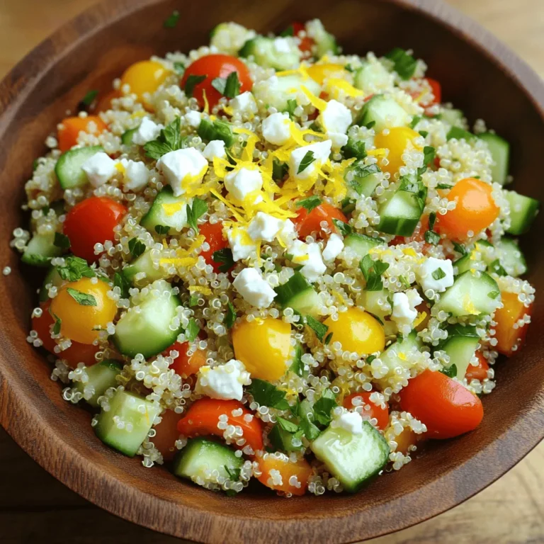 - 1 cup quinoa - 2 cups vegetable broth or water - 1 cucumber, diced - 1 bell pepper, diced - 1 cup cherry tomatoes, halved - 1/2 red onion, finely chopped - 1/4 cup fresh parsley, chopped - 1/4 cup fresh mint, chopped - 1/2 cup feta cheese, crumbled (optional) To make this Lemon Herb Quinoa Salad, start with quinoa. Quinoa brings a nutty taste and a nice texture. It cooks well in vegetable broth or water. This adds a layer of flavor to the dish. Next, pick fresh vegetables and herbs. I love using cucumber, bell pepper, cherry tomatoes, red onion, parsley, and mint. They add color and crunch. You can also add feta cheese for a creamy touch, but it's optional. - 1/4 cup olive oil - Juice of 2 lemons - Zest of 1 lemon - Salt and pepper to taste For the dressing, use olive oil, lemon juice, and lemon zest. This mix gives a fresh and zesty flavor. Adding salt and pepper will bring out all the flavors in the salad. - Protein content - Rich in vitamins and minerals - Dietary fiber Quinoa is not just tasty; it is good for you. It is packed with protein, which helps build muscles. Quinoa also contains many vitamins and minerals. These are important for health and wellness. Plus, quinoa has dietary fiber. This helps keep your stomach happy and full. Enjoying this salad gives you a healthy boost! First, rinse the quinoa under cold water. This step removes any bitterness and makes it taste better. Next, combine the rinsed quinoa with vegetable broth or water in a medium pot. Bring this mixture to a boil over medium heat. Once it boils, lower the heat. Cover the pot and let it simmer for about 15 minutes. You want all the liquid to absorb. After that, take it off the heat and let it sit for five minutes, still covered. This helps the quinoa become light and fluffy. Fluff the quinoa with a fork and transfer it to a large mixing bowl to cool. While the quinoa cools, chop your fresh vegetables. Dice the cucumber and bell pepper. Halve the cherry tomatoes. Finely chop the red onion, parsley, and mint. Once you have all your veggies ready, add them to the bowl with the cooled quinoa. Now, it’s time to make the dressing. In a small bowl, whisk together olive oil, lemon juice, lemon zest, salt, and pepper. This dressing brings all the flavors together. Pour the dressing over the quinoa salad and toss gently. Make sure everything is well combined. If you like, sprinkle crumbled feta cheese on top for added flavor. Give it one last gentle toss to mix it in. Let the salad sit for about 15 minutes. This waiting time allows the flavors to meld together. Enjoy the fresh and healthy taste! When you pick quinoa, consider the three main types: white, red, and black. - White quinoa is mild and fluffy. - Red quinoa has a nuttier taste and a firmer texture. - Black quinoa adds a pop of color and a sweet flavor. Rinsing quinoa is key to removing its bitter coating called saponin. To rinse it properly: 1. Place quinoa in a fine-mesh strainer. 2. Rinse under cold water for a few minutes. 3. Swirl it around to ensure all grains get washed. To keep your salad fresh, store it in an airtight container. This helps maintain its crispness. - Best practices: Place a paper towel in the container to absorb moisture. - How long it lasts: It stays good for about 3 to 5 days in the fridge. You can boost the flavor of your salad with extra herbs or spices. Try: - Chopped basil or cilantro for a different taste. - A pinch of cumin or smoked paprika for warmth. Pair this salad with proteins like grilled chicken or chickpeas for a full meal. It works well alongside fish too. {{image_2}} You can easily make this salad vegan by omitting the feta cheese. The salad tastes great without it. For those who are gluten-free, quinoa is a perfect choice. It is naturally gluten-free, so you can enjoy this dish without worry. Using fresh or roasted vegetables can change the taste. Try adding zucchini or asparagus in the spring. In the summer, use corn or bell peppers for sweetness. You can also add fruits for a twist. Sliced avocado adds creaminess, while mango gives a sweet touch. Both complement the lemon well. You can swap lemon juice for other citrus options. Lime juice adds a nice zing, while orange juice brings sweetness. If you want to try vinaigrette, mix balsamic vinegar with olive oil. This gives a different flavor profile but works well with the salad. To keep your Lemon Herb Quinoa Salad fresh, use airtight containers. These containers prevent moisture and air from ruining your salad. Store it in the fridge right after serving. This way, it stays crisp and full of flavor. The salad will last about 3 to 5 days in the fridge. Keep an eye on the veggies. If they start to look soggy, it is time to toss it. Can you freeze quinoa salad? Yes, you can! However, the texture may change once thawed. To freeze, first, let the salad cool to room temperature. Then, place it in an airtight container. Leave some space at the top, as it may expand. For best results, eat the frozen salad within one month. When you are ready to eat it, thaw it in the fridge overnight. You can enjoy this salad cold or at room temperature. It tastes great straight from the fridge! If you prefer it warm, reheat it gently in a pan. Add a splash of olive oil to keep it moist. Heat it just enough, so it warms but does not cook the veggies. Enjoy every bite of this healthy delight! Lemon Herb Quinoa Salad lasts about 3 to 5 days in the fridge. Store it in an airtight container. The flavors get better as it sits. However, if you add feta, it might not last as long. Check for any signs of spoilage before eating. Yes, you can make this salad ahead of time. It tastes great after chilling in the fridge for a few hours. This makes it perfect for meal prep or a party. Just wait to add the feta until you’re ready to serve. This keeps it fresh and tasty. You can substitute olive oil with avocado oil or canola oil. Both options work well and taste good. - Other common substitutions: - Grapeseed oil is light and has a neutral taste. - Sunflower oil adds a mild flavor. - Flavor impact on the salad: Using different oils may change the taste slightly. Olive oil gives a fruity flavor that adds depth. Other oils are milder, but they still keep the salad fresh. Mix and match to find your favorite! This blog post covered how to make a tasty Lemon Herb Quinoa Salad. You learned about the main ingredients, from quinoa to fresh veggies and optional feta. We discussed the steps to cook the quinoa and mix everything together. Tips helped you choose the best quinoa and store your salad for later. You can even modify the recipe for different diets. In summary, this salad is healthy, easy, and can fit any meal. Enjoy the fresh flavors and benefits of quinoa!