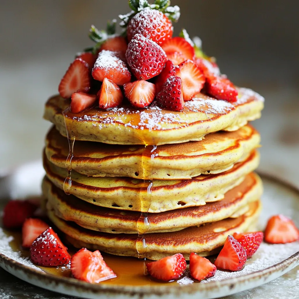 - 1 cup whole wheat flour - 1 scoop vanilla protein powder - 1 tablespoon baking powder - 1/2 teaspoon cinnamon - 1 ripe banana, mashed - 1 cup milk (dairy or plant-based) - 1 large egg - 1 teaspoon vanilla extract - 1 cup fresh strawberries, diced - Optional: maple syrup or honey for drizzling - Whole wheat flour: This flour adds fiber for better digestion. It keeps you full longer. - Vanilla protein powder: Protein helps build muscle. It also keeps your energy steady. - Baking powder: This is the key to fluffy pancakes. It makes them rise nicely. - Cinnamon: This spice adds flavor and may help control blood sugar. - Banana: Bananas provide potassium and natural sweetness. They make pancakes moist. - Milk: Milk adds creaminess and calcium. You can use almond or oat milk for a lighter option. - Egg: Eggs give structure and protein to the pancakes. They help bind everything together. - Vanilla extract: This adds flavor that makes pancakes taste great. - Strawberries: Fresh strawberries add vitamins and antioxidants. They are delicious and colorful. - Maple syrup or honey (optional): These sweeteners add flavor and make it feel like a treat. - Gluten-free flour: You can use a gluten-free blend for a gluten-free option. - Dairy-free milk: Almond, soy, or oat milk works well in place of regular milk. - Egg replacement: Use a flax egg or applesauce for a vegan version. - Protein powder: If you don't have protein powder, you can skip it. Just add a bit more flour. - Other fruits: You can swap strawberries for blueberries or raspberries for a fun twist. To start, gather your ingredients. You will need whole wheat flour, protein powder, baking powder, cinnamon, a ripe banana, milk, an egg, and vanilla extract. First, mix the dry ingredients. In a large bowl, combine 1 cup of whole wheat flour, 1 scoop of vanilla protein powder, 1 tablespoon of baking powder, and 1/2 teaspoon of cinnamon. Whisk them together until you see no lumps. Next, in another bowl, mash your ripe banana. Add 1 cup of milk, 1 large egg, and 1 teaspoon of vanilla extract. Stir this mixture until it is smooth and well combined. Now, pour the wet ingredients into the dry mix. Gently fold them together, being careful not to overmix. Overmixing can lead to dense pancakes. Lastly, fold in 1 cup of diced strawberries, saving a few for later if you like. For light and fluffy pancakes, heat your skillet or griddle over medium heat. Lightly grease it with oil or cooking spray. Pour 1/4 cup of batter onto the heated surface for each pancake. Cook for about 2-3 minutes. Look for bubbles forming on the surface. That means it’s time to flip! Cook the other side for another 2 minutes until golden brown. If needed, keep the pancakes warm in a low oven while you finish the batch. Once your pancakes are cooked, it’s time to serve them! Stack them high on a large plate for an impressive look. Top with extra strawberries and drizzle with maple syrup or honey. For an extra touch, dust some powdered sugar on top. This adds a nice visual appeal and sweetness. Enjoy your healthy breakfast treat! To get fluffy pancakes, mix the batter gently. Overmixing makes them tough. When you fold the wet and dry ingredients, stop when you see a few lumps. This keeps air in the batter. The air helps the pancakes rise. Also, make sure your pan is not too hot. A medium heat works best. This way, the pancakes cook evenly. If you have extra pancakes, let them cool first. Then stack them with parchment paper in between. This keeps them from sticking. Place the stack in an airtight container. You can store them in the fridge for up to three days. For longer storage, use the freezer. They can last for about a month. To reheat pancakes, you can use the microwave. Place them on a plate and cover with a damp paper towel. Heat for about 30 seconds. If you want them crispy, use a skillet. Heat a little oil in the pan and warm each pancake for about one minute on each side. This makes them taste fresh again. {{image_2}} You can switch the strawberries for other fruits. Blueberries add a sweet burst. Raspberries give a tart kick. Both fruits mix well in the batter. Simply fold in one cup of your chosen fruit. The pancakes will still taste amazing! Want some crunch? Add nuts or seeds to your pancakes. Chopped walnuts or almonds work great. You can also use chia seeds or flaxseeds for added health benefits. Stir in about 1/4 cup with the strawberries. This gives texture and nutrition to your meal. If you prefer a vegan version, swap the egg and milk. Use flaxseed meal for the egg. Mix one tablespoon of flaxseed with three tablespoons of water. Let it sit for five minutes to thicken. For milk, choose almond, soy, or oat milk. These swaps keep the pancakes tasty and healthy! To keep your pancakes fresh, store them in an airtight container. This helps keep them soft. If you plan to eat them soon, place them in the fridge. Use parchment paper between each pancake to prevent sticking. This way, you can easily grab one at breakfast. Freezing is a great option for longer storage. First, let the pancakes cool completely. Then, stack them with parchment paper in between. Wrap the stack tightly in plastic wrap. Place the wrapped stack in a freezer bag or container. This keeps them fresh and prevents freezer burn. When you're ready to eat, just pop them in the toaster or microwave. Prepared pancakes can last about 3 to 4 days in the fridge. If you freeze them, they can last up to 2 months. Always check for any signs of spoilage, like off smells or discoloration. Proper storage will help keep your pancakes tasty and safe to eat. You can use ground oats or almond flour. These options add texture and nutrition. You may also try nut butter for extra protein. Just keep in mind that using these may change the flavor and texture. Yes, you can make these pancakes ahead. Cook them and let them cool completely. Then, store them in an airtight container in the fridge. They stay fresh for about three days. To make pancakes without eggs, you can use mashed banana or applesauce. Each works as a binder. Use 1/4 cup of either for every egg. This keeps the pancakes fluffy and adds flavor. Absolutely! These pancakes are great for meal prep. You can cook a big batch and freeze them. Just reheat in the toaster or microwave when you’re ready to eat. They stay tasty and fresh. In this post, we covered the main points of making great pancakes. We looked at ingredients and their benefits, plus helpful substitutions. I shared step-by-step instructions for the perfect pancake batter and cooking tips to get it fluffy. We also explored fun variations and how to store leftovers. Remember, pancakes are easy to customize to your taste. Enjoy trying new flavors and sharing with others. Happy cooking!