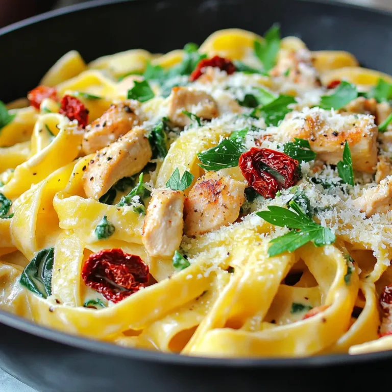 To make Creamy Cajun Chicken Pasta, you'll need fresh and bold ingredients. Here’s the list: - 2 chicken breasts, diced - 8 oz fettuccine pasta - 1 cup heavy cream - 1 cup chicken broth - 1 cup sun-dried tomatoes, chopped - 1 medium onion, finely chopped - 3 cloves garlic, minced - 2 tablespoons Cajun seasoning - 2 tablespoons olive oil - 1 cup spinach leaves - Salt and pepper to taste - Grated Parmesan cheese for garnish - Fresh parsley for garnish Each ingredient plays a key role in this dish. The chicken adds protein, while the fettuccine provides a hearty base. Heavy cream gives richness, and chicken broth adds depth. Sun-dried tomatoes bring a sweet and tangy flavor, which pairs well with the Cajun seasoning's spice. Onions and garlic are aromatics that build flavor. Spinach adds color and nutrition. Finally, Parmesan cheese and parsley garnish the dish, giving it a lovely finish. Using fresh ingredients helps you create a dish that tastes amazing. You can find most of these items at your local grocery store or farmer's market. Enjoy the process of gathering your ingredients. Cooking is more fun when you use fresh, high-quality products! First, heat olive oil in a large pot over medium heat. Add diced chicken breasts. Season with salt, pepper, and Cajun seasoning. Cook the chicken until it turns golden brown, which takes about 5 to 7 minutes. This step is crucial because it locks in flavor. Once cooked, remove the chicken and set it aside. Next, use the same pot for added flavor. Add finely chopped onion and minced garlic. Sauté them until the onion looks translucent, which should take about 3 to 4 minutes. This step builds a deep, rich flavor that enhances the dish. Now, add sun-dried tomatoes to the pot and stir well. Pour in chicken broth and bring it to a gentle simmer. Once simmering, add the fettuccine pasta, ensuring it's submerged. Cook for about 8 to 10 minutes. Stir occasionally to prevent sticking. Check for al dente texture; it should be firm yet tender. After the pasta is cooked, return the chicken to the pot. Pour in the heavy cream and fold in fresh spinach leaves. Stir until the spinach wilts and mixes well, creating a creamy sauce. Taste your dish and adjust seasoning with salt, pepper, or more Cajun seasoning as needed. This last step makes sure each bite is full of flavor. To boost the taste of your creamy Cajun chicken pasta, try these substitutions: - Cajun seasoning: If you want a milder flavor, use Italian seasoning. For more heat, add cayenne pepper or smoked paprika. - Extra ingredients: Consider adding bell peppers or mushrooms for a deeper flavor. They bring great texture and taste. For a creamier sauce, follow these tips: - Creaminess: Use full-fat cream for the best texture. If you want a lighter option, try half-and-half. - Gluten-free pasta: You can use gluten-free fettuccine. Just be sure to adjust cooking time as needed. Choosing the right pot makes cooking easier: - Best pot: A large Dutch oven works great. It gives even heat and holds all the ingredients well. - Essential tools: Use a good wooden spoon for stirring. A sharp knife helps with chopping. A measuring cup ensures you get the right amounts. {{image_2}} You can switch things up by using shrimp or sausage. Shrimp adds a sweet taste and a nice bite. Cook the shrimp until they turn pink, about three minutes. For sausage, choose a spicy or smoked type for extra flavor. Slice it and brown it in the pot before adding other ingredients. If you prefer a meat-free option, try plant-based substitutes like tofu or tempeh. These options soak up the sauce well and bring a different texture. Adding seasonal vegetables can make your dish more colorful and nutritious. Think bell peppers, zucchini, or mushrooms. They add flavor and crunch. If you want a green twist, you can use kale or arugula instead of spinach. These greens also add a lovely color and fresh taste. Just add them at the end so they wilt nicely without losing their nutrients. If you love heat, there are ways to crank it up! You can add extra Cajun seasoning or sprinkle in some red pepper flakes. For more heat, try adding diced jalapeños or serrano peppers. Start with a small amount and taste as you go. This way, you control the spice level to suit your taste. To keep your creamy Cajun chicken pasta fresh, store leftovers right. First, let the pasta cool down. Then, place it in airtight containers. This helps keep out air and moisture. The pasta can stay fresh in the fridge for up to three days. If you want to freeze it, use freezer-safe bags. Just remember to label them with the date. Frozen pasta is best used within three months. When it's time to eat your leftovers, reheating is key. You can use the microwave, stovetop, or oven. For the microwave, place the pasta in a bowl. Add a splash of chicken broth or cream. Heat it in short bursts, stirring in between. This keeps the sauce creamy. On the stovetop, heat a pan over low heat. Add the pasta with a bit of liquid. Stir gently until it warms up. This method helps maintain the creamy texture. If you prefer the oven, preheat it to 350°F. Place the pasta in a baking dish, cover it with foil, and heat for about 15-20 minutes. This method gives you a nice, warm meal without drying it out. Yes, you can make this dish ahead of time. Meal prep helps save time. Cook the pasta and chicken as directed. Then, cool the dish and store it in an airtight container. When ready to eat, reheat it gently on the stove. Add a splash of chicken broth if it seems dry. If you want a lighter option, use half-and-half or whole milk. For a dairy-free choice, try coconut milk or almond milk. These will change the taste a bit but keep the dish creamy. To add more heat, increase the Cajun seasoning. You can also add crushed red pepper flakes or diced jalapeños. Start small and taste as you go. This way, you can control the spice level to your liking. Yes, you can swap fettuccine for penne, rigatoni, or even whole wheat pasta. Just adjust the cooking time according to the type you choose. Each pasta will bring a unique texture but still taste great with the sauce. This blog post covered a delicious chicken fettuccine recipe. We explored key ingredients, step-by-step cooking tips, and fun variations. You learned how to build flavors, adjust textures, and store leftovers. Remember, cooking is about creativity and personal taste. Don't hesitate to try different proteins and flavors. Enjoy making this easy dish your own!
