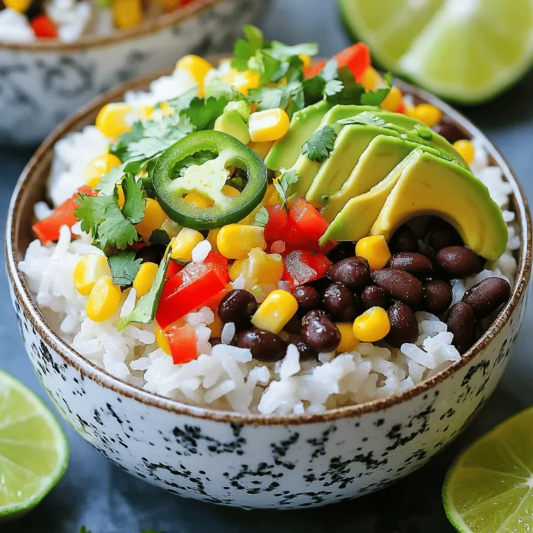 - Jasmine rice, coconut milk, vegetable broth - Lime zest and juice, olive oil, salt - Black beans, red bell pepper, corn - Fresh cilantro, avocado, jalapeño, lime wedges To make the best coconut lime rice bowls, you need a few key ingredients. First, jasmine rice adds a light and fragrant base. Next, coconut milk brings in a creamy richness. Using vegetable broth enhances the flavor even more. You’ll need fresh lime zest and juice to give a zesty kick. Olive oil adds a bit of richness, and salt helps to balance the flavors. Black beans provide protein, while diced red bell pepper and corn add sweet crunch. Fresh cilantro brightens the dish, and avocado adds creaminess. If you like heat, jalapeño slices are a great choice. Finally, lime wedges serve as a perfect garnish for an extra burst of flavor. These ingredients come together to create a colorful and tasty meal. First, rinse the jasmine rice under cold water. This step removes excess starch. Drain the rice well. In a medium saucepan, mix the rinsed rice with coconut milk, vegetable broth, lime zest, olive oil, and salt. Stir the mixture well. Bring it to a boil over medium-high heat. Once it boils, reduce the heat to low. Cover the pan and let it simmer for 18 to 20 minutes. The rice will become tender, and all the liquid will absorb. While the rice cooks, take a skillet and add a teaspoon of olive oil over medium heat. Next, add the diced red bell pepper and corn. Sauté these for about 5 to 7 minutes. You want them to be fragrant and slightly softened. Now, stir in the rinsed black beans. Heat the mixture for another 3 minutes. This step warms the beans and combines the flavors well. When the rice is done, remove it from heat. Let it sit, covered, for 5 minutes. Then, fluff the rice with a fork and mix in the lime juice. To assemble the bowls, scoop a generous serving of coconut lime rice into each bowl. Next, add the sautéed black bean mixture on top. Finish with sliced avocado, fresh cilantro, and jalapeño slices if you like some heat. Squeeze some lime juice over the bowls. Serve with lime wedges on the side for an extra zesty touch. How to choose the best jasmine rice When picking jasmine rice, look for a brand that feels light and fluffy. It should have a nice aroma, too. Check the packaging for quality. Fresh rice makes a big difference in taste and texture. Ensuring perfect rice texture To get the best rice, rinse it well under cold water. This removes excess starch. Use a 1:1 ratio of rice to liquid. For this recipe, one cup of rice needs one cup of coconut milk and one cup of vegetable broth. Bring it to a boil, then lower the heat and cover. Let it simmer for 18-20 minutes. This helps the rice cook evenly and stay fluffy. Complementary side dishes and garnishes This dish is great on its own but pairs well with fresh salads or grilled veggies. A simple green salad adds a nice crunch. You can also serve it with extra lime wedges for a zesty kick. Creating a balanced meal To make a balanced meal, include protein and healthy fats. The black beans add protein. The avocado provides healthy fats. You could also add grilled chicken or shrimp for more protein options. Adjusting spice levels If you like heat, add more jalapeños or some red chili flakes. You can also mix in a diced serrano pepper while cooking the vegetables. Start small and taste as you go to find your perfect heat level. Adding proteins or other vegetables Feel free to add proteins like grilled chicken or tofu. They blend well with the flavors. For veggies, try adding spinach, zucchini, or even roasted sweet potatoes. This gives you more nutrition and adds different textures to the dish. {{image_2}} You can make this dish fit many diets. For those who are vegetarian or vegan, this recipe works great. The rice and beans give you plenty of protein. Just skip any animal products. If you need gluten-free options, you’re in luck! All the main ingredients are gluten-free. The rice, coconut milk, and beans are safe for those with gluten issues. You can easily change the flavors in this dish. Try adding fresh herbs, like basil or mint. They add a new twist to the rice bowl. You could also mix in spices like cumin or smoked paprika for extra depth. If you want to swap coconut milk, you have options. Almond milk or soy milk can work well. Just remember that these changes might alter the taste slightly. You can also change the grains in this dish. Quinoa or brown rice can be a great swap. Both add a different texture and flavor. If you use brown rice, the cooking time will be longer. Feel free to switch up the beans too. Pinto beans or chickpeas can make this bowl even better. They add a unique taste and texture that you might enjoy. To keep your coconut lime rice bowls fresh, refrigerate them. Store them in airtight containers. This helps keep them tasty and safe. Try to eat them within three days for the best flavor. When you want to enjoy leftovers, reheat them gently. You can use the microwave or a stovetop. If using a microwave, cover the bowl to trap steam. This keeps the rice moist. Stir occasionally to heat evenly. If you use the stovetop, add a splash of water to prevent sticking. Heat over low heat until warm. You can freeze coconut lime rice bowls if you want to save them for later. First, let the bowl cool completely. Then, place it in a freezer-safe container. Seal tightly, and label it with the date. This way, you can enjoy it for up to three months. When you are ready to eat, take the bowl out of the freezer. Thaw it in the fridge overnight or use the microwave. After thawing, follow the reheating instructions to enjoy your meal again. You can use many options if you need to swap coconut milk. Here are some great choices: - Almond milk - Soy milk - Oat milk - Cashew milk - Dairy milk (if not vegan) These options work well in many recipes, but they may change the flavor a bit. Almond milk gives a nutty taste. Soy milk is rich and creamy. Choose what you like best! Yes, you can use brown rice! Just keep in mind that it needs more time to cook. Brown rice usually takes about 40-45 minutes to cook. You will also need to adjust the amount of liquid. Use about 1 ¼ cups of liquid for each cup of brown rice. This makes sure you have tender, fluffy rice. If you want some heat, there are easy ways to spice it up. Here are my favorite suggestions: - Add sliced jalapeños to the mix. - Stir in red pepper flakes. - Use spicy black beans or chilis. - Try a dash of hot sauce on top. These options let you control the heat level. Enjoy making it as spicy as you like! This blog post showed how to create tasty coconut lime rice bowls. We covered the key ingredients, from jasmine rice to fresh avocado. You learned step-by-step instructions for cooking and assembling your dish. I shared tips for perfecting your rice and how to customize flavors. In closing, you now have the tools to make this meal your own. Enjoy experimenting with different swaps and flavors for a unique twist. Cook confidently and share your favorite versions with others!
