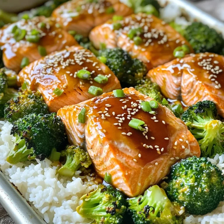 - 4 salmon fillets (about 6 oz each) - 2 cups broccoli florets - 1/4 cup teriyaki sauce - 2 tablespoons honey - 2 tablespoons sesame oil - 2 teaspoons minced garlic - 1 teaspoon grated fresh ginger - 1 tablespoon sesame seeds (optional) - Green onions, sliced (for garnish) To make Sheet Pan Teriyaki Salmon and Broccoli, gather your ingredients first. You need four salmon fillets, each weighing about six ounces. This fish is rich in healthy fats and protein. Next, grab two cups of broccoli florets. Fresh broccoli adds crunch and nutrients. For the teriyaki sauce, you'll need a quarter cup of store-bought or homemade sauce. This sauce gives a sweet and savory flavor. Add two tablespoons of honey for extra sweetness. Then, use two tablespoons of sesame oil for a nutty taste. Don't forget the seasonings. You need two teaspoons of minced garlic and one teaspoon of grated fresh ginger. Both add depth to your dish. Lastly, if you like, sprinkle one tablespoon of sesame seeds on top for texture. Sliced green onions make a great garnish, adding color and taste. Now you have all the ingredients ready to create a simple, delicious meal! - Preheat the oven to 400°F (200°C). - Line a baking sheet with parchment paper. This step is key. Preheating ensures even cooking. The parchment paper helps with easy cleanup. It's a simple but important start to your meal. - Whisk together teriyaki sauce, honey, sesame oil, minced garlic, and ginger. Mix these ingredients in a bowl. The teriyaki sauce adds flavor. Honey brings sweetness. Sesame oil adds a nutty taste. Garlic and ginger give it a nice kick. Whisk until smooth for the best mix. - Place the salmon fillets on one side of the prepared baking sheet and the broccoli florets on the other side. - Drizzle half of the teriyaki mixture over the salmon and the other half over the broccoli. Toss the broccoli to ensure it is evenly coated. Arrange the salmon and broccoli on the sheet. This helps with even cooking. Drizzle the teriyaki mix, making sure all the broccoli is coated. This adds flavor to every bite. - Bake for 12-15 minutes, or until the salmon flakes easily with a fork and the broccoli is tender and slightly crispy. - If desired, switch the oven to broil for the last 2-3 minutes to give the salmon a nice char. Baking at 400°F cooks everything just right. The salmon should be flaky and the broccoli should be crisp. Broiling gives a nice char, but watch it closely to avoid burning. This step adds flavor and visual appeal. To check if salmon is cooked, look for the color change. Cooked salmon goes from dark pink to a light, opaque color. You can also use a fork to flake it gently. If it breaks apart easily, it’s done. For flaky salmon, avoid overcooking. Bake it for 12-15 minutes at 400°F. If you want a nice char, switch to broil for the last few minutes. Keep a close eye on it to prevent burning. To ensure broccoli is crispy, toss it in the teriyaki sauce. This helps coat each piece for even cooking. Bake it alongside the salmon, but check for doneness. You want it tender but still with a bite. Avoid overcooking by setting a timer. Broccoli cooks quickly and can turn mushy if left too long. Aim for about 12-15 minutes, just like the salmon. For sides, serve the salmon and broccoli over rice or quinoa. Both options soak up the teriyaki sauce well. They add a nice base to the meal. For garnish, sprinkle sliced green onions on top. This adds color and a fresh taste. You can also add sesame seeds for crunch. Enjoy your dish while it’s hot! {{image_2}} You can switch out salmon for other fish. Tilapia is a nice choice. It cooks fast and has a mild taste. Cod is another great option. It’s a bit firmer and still pairs well with teriyaki sauce. Feel free to experiment with other fish like trout or halibut. Each fish has its own flavor, making your meal unique. Broccoli shines in this dish, but other veggies work too. Asparagus gives a fresh crunch. Snap peas add a sweet bite. Bell peppers bring color and flavor. You can also try zucchini or carrots. These vegetables soak up the teriyaki sauce nicely. Mix and match to find your favorite combo. You can make teriyaki sauce at home easily. Combine soy sauce, brown sugar, and rice vinegar. Add garlic and ginger for extra flavor. If you want a twist, try adding orange juice. This gives a sweet and tangy taste. You can also use store-bought sauces. Look for ones with low sodium for a healthier option. To keep your salmon and broccoli fresh, store them properly. Place the leftovers in an airtight container. This helps prevent moisture loss and keeps flavors intact. You can store salmon and broccoli together or separately. Make sure to let them cool before sealing the container. This method keeps the meal safe for up to three days in the fridge. Reheating your meal is simple. For best results, use the oven. Preheat it to 350°F (175°C). Place the salmon and broccoli on a baking sheet. Heat for about 10 minutes. This helps maintain the texture of both. If you prefer, you can also use the microwave. Heat in 30-second intervals until warmed through. Be careful not to overcook them, as this can make the salmon dry. Yes, you can freeze cooked salmon and broccoli! To do this, cool the food completely. Then, wrap the salmon and broccoli in plastic wrap, followed by aluminum foil. This helps prevent freezer burn. You can store them in the freezer for up to three months. When you are ready to eat, thaw in the fridge overnight. Reheat as mentioned above for the best texture. Cooking salmon in the oven takes about 12 to 15 minutes at 400°F (200°C). If your salmon is thicker than 1 inch, it may need a few extra minutes. Always check if the fish flakes easily with a fork. This ensures it is cooked through but still juicy. Yes, you can prepare this meal ahead of time. Marinate the salmon and broccoli in the teriyaki sauce for a few hours or overnight. This adds great flavor. When ready to cook, just pop it in the oven. For reheating, use the oven to keep it crispy, not the microwave. Many store-bought teriyaki sauces contain soy sauce, which has gluten. To make this dish gluten-free, look for tamari sauce or gluten-free soy sauce. You can also make your own teriyaki sauce at home using coconut aminos instead of soy sauce. You can use frozen broccoli, but it will change the cooking time. Frozen broccoli usually needs a bit longer to cook. It may also become softer, so keep an eye on it. Aim for tender but still slightly crisp broccoli for the best texture. This blog post covered a tasty teriyaki salmon dish, step by step. You learned about the main ingredients, like salmon and broccoli, and how to make the teriyaki sauce. I shared tips to get perfect texture and serving suggestions. In the end, you can enjoy a great meal that’s easy to make. Try different fish or veggies for variety. With simple storage and reheating tips, you can savor leftovers too. Enjoy cooking!