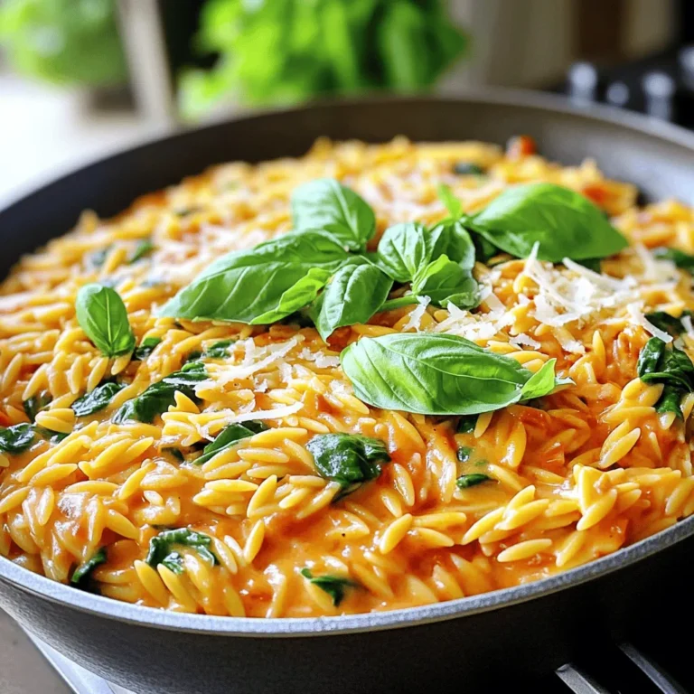 For the creamy roasted red pepper orzo skillet, you'll need: - 1 cup orzo pasta - 2 large roasted red peppers (jarred or homemade) - 1 cup vegetable broth - 1 cup heavy cream (or coconut cream for a dairy-free option) - 1 small onion, finely chopped - 2 cloves garlic, minced - 1 teaspoon Italian seasoning - 1 cup baby spinach - 1/2 cup grated Parmesan cheese (or nutritional yeast for vegan) - 2 tablespoons olive oil - Salt and pepper to taste - Fresh basil for garnish You can easily modify this recipe to fit your needs. If you want it vegan, use coconut cream and nutritional yeast. For gluten-free, swap the orzo for gluten-free pasta. If you can't use dairy, the coconut cream works great. You can also add other vegetables to boost nutrition. Try zucchini, bell peppers, or mushrooms. The quality of your ingredients makes a big difference. Use fresh vegetables for the best flavor. When choosing roasted red peppers, look for those packed in water or oil without additives. For the cream, choose a high-fat option for a richer taste. Fresh basil adds a lovely aroma and taste, so don’t skip it! Always select the best possible Parmesan cheese for that authentic flavor. To start, you need to heat up the olive oil in a large skillet over medium heat. I suggest using a heavy skillet for even cooking. Once the oil is hot, add the finely chopped onion. Sauté it for about 3 to 4 minutes until it becomes soft. This step builds a flavor base. Next, add the minced garlic and Italian seasoning. Cook for about 1 to 2 minutes more until the garlic smells great. Now, it's time to add the orzo pasta to the skillet. Stir it for about a minute to lightly toast the pasta. This adds a nice nutty flavor. Then, pour in the vegetable broth. Bring the mixture to a simmer. Make sure to cover the skillet and cook for about 10 minutes. Stir occasionally until the orzo is tender and most of the liquid is absorbed. While the orzo cooks, we can make the creamy sauce. Take the roasted red peppers and blend them until smooth in a blender. Then, add the heavy cream and blend again until it’s fully mixed. Once the orzo is ready, pour the roasted red pepper cream mixture into the skillet. Stir well to combine everything. Add the baby spinach and cook on low heat for 2 to 3 minutes. This wilts the spinach perfectly. Finally, stir in the Parmesan cheese, seasoning with salt and pepper. Mix until everything is nice and creamy. Enjoy your delicious meal! To cook orzo perfectly, use plenty of water. A large pot helps prevent sticking. Add salt to the water for flavor. Stir occasionally while cooking. This helps keep the orzo from clumping. Follow the package instructions for timing. Taste it a minute before the time ends. You want it al dente. Adding seasonings boosts the taste of your dish. Italian seasoning gives a nice herb flavor. You can also use fresh herbs like basil or parsley. I love adding a pinch of red pepper flakes for heat. A splash of lemon juice brightens the dish too. Don't forget to taste and adjust salt and pepper. This ensures the flavors are just right. One common mistake is overcooking the orzo. This makes it mushy and less enjoyable. Avoid adding the cream too early. It should mix in after the orzo is cooked. Lastly, don’t skip the fresh basil. It adds a fresh touch that elevates the dish. Be sure to stir the mixture well for an even creaminess. {{image_2}} You can easily add protein to your creamy roasted red pepper orzo skillet. Chicken, shrimp, or tofu all work well. If you choose chicken, use cooked, shredded meat for quick prep. For shrimp, sauté them in the skillet until pink and tender. Tofu can be cubed and either sautéed or baked until golden. Just stir your protein into the mixture before serving for a hearty meal. This dish can fit many diets. To keep it vegetarian, use heavy cream and Parmesan cheese. For vegan options, substitute heavy cream with coconut cream. You can replace Parmesan with nutritional yeast for a cheesy flavor without dairy. Both options keep the dish creamy and delicious while meeting your dietary needs. Adding vegetables boosts nutrition and flavor. Consider bell peppers, zucchini, or mushrooms. You can sauté these veggies with the onion for extra taste. Baby kale, peas, or cherry tomatoes are also great choices to mix in. Feel free to get creative! Just ensure they are cooked until tender for the best texture in your skillet dish. To keep your orzo skillet fresh, let it cool first. Then, transfer it to an airtight container. Store it in the fridge for up to three days. Make sure to label it with the date. When you're ready to enjoy leftovers, heat them in a skillet. Add a splash of vegetable broth or water. Stir often over medium heat until warm. You can also use the microwave. Heat in short intervals, stirring in between. To freeze your creamy orzo, place it in a freezer-safe container. Leave some space at the top for expansion. It can last for up to three months in the freezer. When you want to eat it, thaw it overnight in the fridge before reheating. To make creamy roasted red pepper orzo skillet gluten-free, use gluten-free orzo. Many brands offer this option. Check your local grocery store for a good selection. Also, ensure your vegetable broth is gluten-free. This way, you can enjoy the dish without any gluten. Yes, you can use other pasta types! If you prefer, swap the orzo for small shapes like macaroni or shells. Just adjust the cooking time based on the pasta you choose. Make sure to cook it until it’s al dente. This will keep the dish from becoming too mushy. To reheat creamy dishes, warm them slowly over low heat. This helps prevent the sauce from breaking. You can add a splash of broth or cream to keep it moist. Stir often to ensure even heating. Using a microwave is also an option but do so in short bursts. We explored the key ingredients for a delicious orzo dish and how to prepare it. You learned about meal variations and tips for the best results. Remember, ingredient quality can change flavors, so choose wisely. Avoid common mistakes to make cooking easier. Store and reheat leftovers properly to enjoy your dish later. Now, you are ready to create a flavorful orzo meal that fits your needs. Happy cooking!
