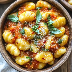 To make this dish, you need a few key ingredients. Here’s what you will use: - 1 package (16 oz) potato gnocchi - 2 tablespoons olive oil - 4 cloves garlic, minced - 1 teaspoon red pepper flakes (adjust for spice level) - 1 can (14 oz) crushed tomatoes - 1 cup vegetable broth - 1 teaspoon sugar - 1 teaspoon dried oregano - Salt and pepper to taste - 1 cup fresh basil leaves, chopped - ½ cup grated Parmesan cheese (optional for garnish) These ingredients come together to create a rich and tasty meal. The gnocchi is soft and chewy, and the sauce is full of flavor. Keep these items in your pantry for easy access: - Olive oil - Garlic - Red pepper flakes - Canned crushed tomatoes - Vegetable broth - Sugar - Dried oregano - Salt - Pepper Having these staples on hand makes cooking easier. You can whip up this dish anytime you crave something warm and delicious. For a little extra flair, consider these garnishes: - Grated Parmesan cheese - Extra fresh basil leaves - A drizzle of olive oil These toppings add flavor and a lovely presentation. They make your meal look just as good as it tastes! Start by heating 2 tablespoons of olive oil in a large pot or deep skillet over medium heat. Once the oil is hot, add 4 cloves of minced garlic and 1 teaspoon of red pepper flakes. Stir the mixture for about 30 seconds. Be careful; you do not want to burn the garlic. It should smell nice and fragrant. Next, pour in 1 can of crushed tomatoes and 1 cup of vegetable broth. Stir until well mixed. Add 1 teaspoon of sugar, 1 teaspoon of dried oregano, and salt and pepper to taste. This mix brings out the flavors. Let it simmer for a few minutes. Once the sauce is simmering, it's time to add the gnocchi. Pour in 1 package (16 oz) of potato gnocchi. Gently stir to coat the gnocchi in the sauce. Cover the pot and cook for 2-3 minutes. You will know the gnocchi is ready when it floats to the top. This floating is a good sign that they are cooked through. After the gnocchi cook, remove the pot from heat. Stir in 1 cup of chopped fresh basil. This will give your dish a fresh taste. Taste the sauce and adjust the seasoning with more salt and pepper if needed. If you like, you can also sprinkle ½ cup of grated Parmesan cheese on top for extra flavor. For a nice presentation, serve the gnocchi in bowls. Garnish with extra basil leaves and a drizzle of olive oil. Enjoy your meal! Burnt garlic tastes bitter and can ruin your dish. To avoid this, keep an eye on the pan. Heat the oil on medium, not high. Add the minced garlic and red pepper flakes together. Stir them quickly, and only cook for about 30 seconds. If you smell a strong aroma, it’s ready. If it starts to brown, remove it from heat right away. Spice levels can change a dish’s flavor. To adjust, start with a small amount of red pepper flakes. You can always add more later. Taste the sauce before adding the gnocchi. If it needs more heat, sprinkle in more flakes. Remember, it’s easier to add spice than to take it away. Cooking gnocchi is simple but requires attention. When you add gnocchi to the pot, stir gently. This helps them coat with sauce but keeps them intact. Watch for them to float to the top. This means they are done. Remove the pot from heat right away to avoid overcooking. Also, adding fresh basil at the end gives a burst of flavor. Always taste and adjust your seasoning before serving! {{image_2}} If you need gluten-free gnocchi, you have choices. Many brands offer gluten-free versions made from rice or corn flour. These options work well in this recipe. Just cook them the same way as regular gnocchi. Look for them in your local grocery store or online. For a heartier meal, add protein. Chicken or shrimp both work great. If using chicken, cut it into bite-sized pieces. Sauté it after the garlic in olive oil. Cook until it’s no longer pink. For shrimp, add them after the gnocchi, cooking until they turn pink and opaque. This adds flavor and makes your dish more filling. You can easily add more veggies to your gnocchi dish. Spinach, mushrooms, or bell peppers all add great taste. Chop them into small pieces and sauté them with the garlic. This boosts nutrition and flavor. Feel free to mix and match your favorite veggies for a custom touch! Store leftover gnocchi in an airtight container. This keeps the dish fresh. Place it in the fridge for up to three days. Make sure to let it cool before sealing. This way, it won’t steam inside the container. To reheat, a skillet works best. Heat it over medium-low heat. Add a splash of water or broth to prevent sticking. Stir gently until warmed through. This keeps the gnocchi soft and tasty. You can also use the microwave. Heat in short bursts, stirring in between. This helps heat evenly without drying it out. You can freeze One Pot Spicy Tomato Basil Gnocchi for later. Place it in a freezer-safe container. Make sure to leave some space for expansion. It can last up to three months in the freezer. To use, thaw it overnight in the fridge. Reheat as mentioned above for the best taste. Yes, you can use homemade gnocchi. Fresh gnocchi adds a nice touch to the dish. Just make sure it is cooked the same way as store-bought gnocchi. Homemade gnocchi may cook faster. Keep an eye on it when it is in the pot. As soon as it floats, it’s done! You can use chicken broth instead of vegetable broth. It adds a rich flavor to the dish. If you want a vegetarian option, use water with a bit of salt. You can also add more crushed tomatoes for depth. This will keep the dish tasty and satisfying. To make more servings, simply double or triple the ingredients. If you use a larger pot, it will help with cooking. Keep the same cooking times, but check the gnocchi. You want it to float, showing it's ready. Adjust seasoning as needed for larger amounts. In this blog post, we explored how to make One Pot Spicy Tomato Basil Gnocchi. We covered key ingredients and optional toppings to create a tasty dish. I shared step-by-step instructions on sauce prep and gnocchi cooking. You learned tips to avoid burning garlic and adjust spice. We also discussed fun variations like gluten-free options and protein adds. Finally, I provided storage tips to keep leftovers fresh. Cooking this meal is easy and fun. Try it out, and enjoy your delicious creation!