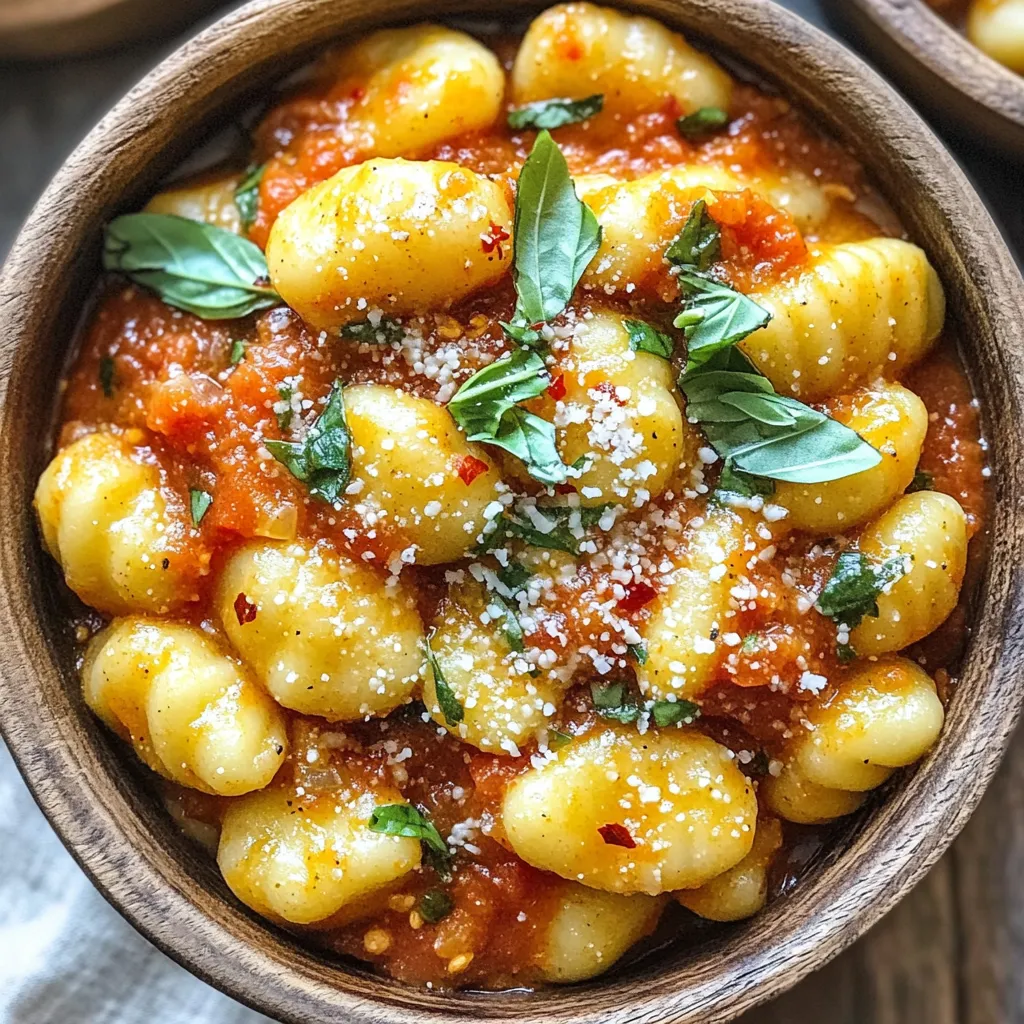 To make this dish, you need a few key ingredients. Here’s what you will use: - 1 package (16 oz) potato gnocchi - 2 tablespoons olive oil - 4 cloves garlic, minced - 1 teaspoon red pepper flakes (adjust for spice level) - 1 can (14 oz) crushed tomatoes - 1 cup vegetable broth - 1 teaspoon sugar - 1 teaspoon dried oregano - Salt and pepper to taste - 1 cup fresh basil leaves, chopped - ½ cup grated Parmesan cheese (optional for garnish) These ingredients come together to create a rich and tasty meal. The gnocchi is soft and chewy, and the sauce is full of flavor. Keep these items in your pantry for easy access: - Olive oil - Garlic - Red pepper flakes - Canned crushed tomatoes - Vegetable broth - Sugar - Dried oregano - Salt - Pepper Having these staples on hand makes cooking easier. You can whip up this dish anytime you crave something warm and delicious. For a little extra flair, consider these garnishes: - Grated Parmesan cheese - Extra fresh basil leaves - A drizzle of olive oil These toppings add flavor and a lovely presentation. They make your meal look just as good as it tastes! Start by heating 2 tablespoons of olive oil in a large pot or deep skillet over medium heat. Once the oil is hot, add 4 cloves of minced garlic and 1 teaspoon of red pepper flakes. Stir the mixture for about 30 seconds. Be careful; you do not want to burn the garlic. It should smell nice and fragrant. Next, pour in 1 can of crushed tomatoes and 1 cup of vegetable broth. Stir until well mixed. Add 1 teaspoon of sugar, 1 teaspoon of dried oregano, and salt and pepper to taste. This mix brings out the flavors. Let it simmer for a few minutes. Once the sauce is simmering, it's time to add the gnocchi. Pour in 1 package (16 oz) of potato gnocchi. Gently stir to coat the gnocchi in the sauce. Cover the pot and cook for 2-3 minutes. You will know the gnocchi is ready when it floats to the top. This floating is a good sign that they are cooked through. After the gnocchi cook, remove the pot from heat. Stir in 1 cup of chopped fresh basil. This will give your dish a fresh taste. Taste the sauce and adjust the seasoning with more salt and pepper if needed. If you like, you can also sprinkle ½ cup of grated Parmesan cheese on top for extra flavor. For a nice presentation, serve the gnocchi in bowls. Garnish with extra basil leaves and a drizzle of olive oil. Enjoy your meal! Burnt garlic tastes bitter and can ruin your dish. To avoid this, keep an eye on the pan. Heat the oil on medium, not high. Add the minced garlic and red pepper flakes together. Stir them quickly, and only cook for about 30 seconds. If you smell a strong aroma, it’s ready. If it starts to brown, remove it from heat right away. Spice levels can change a dish’s flavor. To adjust, start with a small amount of red pepper flakes. You can always add more later. Taste the sauce before adding the gnocchi. If it needs more heat, sprinkle in more flakes. Remember, it’s easier to add spice than to take it away. Cooking gnocchi is simple but requires attention. When you add gnocchi to the pot, stir gently. This helps them coat with sauce but keeps them intact. Watch for them to float to the top. This means they are done. Remove the pot from heat right away to avoid overcooking. Also, adding fresh basil at the end gives a burst of flavor. Always taste and adjust your seasoning before serving! {{image_2}} If you need gluten-free gnocchi, you have choices. Many brands offer gluten-free versions made from rice or corn flour. These options work well in this recipe. Just cook them the same way as regular gnocchi. Look for them in your local grocery store or online. For a heartier meal, add protein. Chicken or shrimp both work great. If using chicken, cut it into bite-sized pieces. Sauté it after the garlic in olive oil. Cook until it’s no longer pink. For shrimp, add them after the gnocchi, cooking until they turn pink and opaque. This adds flavor and makes your dish more filling. You can easily add more veggies to your gnocchi dish. Spinach, mushrooms, or bell peppers all add great taste. Chop them into small pieces and sauté them with the garlic. This boosts nutrition and flavor. Feel free to mix and match your favorite veggies for a custom touch! Store leftover gnocchi in an airtight container. This keeps the dish fresh. Place it in the fridge for up to three days. Make sure to let it cool before sealing. This way, it won’t steam inside the container. To reheat, a skillet works best. Heat it over medium-low heat. Add a splash of water or broth to prevent sticking. Stir gently until warmed through. This keeps the gnocchi soft and tasty. You can also use the microwave. Heat in short bursts, stirring in between. This helps heat evenly without drying it out. You can freeze One Pot Spicy Tomato Basil Gnocchi for later. Place it in a freezer-safe container. Make sure to leave some space for expansion. It can last up to three months in the freezer. To use, thaw it overnight in the fridge. Reheat as mentioned above for the best taste. Yes, you can use homemade gnocchi. Fresh gnocchi adds a nice touch to the dish. Just make sure it is cooked the same way as store-bought gnocchi. Homemade gnocchi may cook faster. Keep an eye on it when it is in the pot. As soon as it floats, it’s done! You can use chicken broth instead of vegetable broth. It adds a rich flavor to the dish. If you want a vegetarian option, use water with a bit of salt. You can also add more crushed tomatoes for depth. This will keep the dish tasty and satisfying. To make more servings, simply double or triple the ingredients. If you use a larger pot, it will help with cooking. Keep the same cooking times, but check the gnocchi. You want it to float, showing it's ready. Adjust seasoning as needed for larger amounts. In this blog post, we explored how to make One Pot Spicy Tomato Basil Gnocchi. We covered key ingredients and optional toppings to create a tasty dish. I shared step-by-step instructions on sauce prep and gnocchi cooking. You learned tips to avoid burning garlic and adjust spice. We also discussed fun variations like gluten-free options and protein adds. Finally, I provided storage tips to keep leftovers fresh. Cooking this meal is easy and fun. Try it out, and enjoy your delicious creation!
