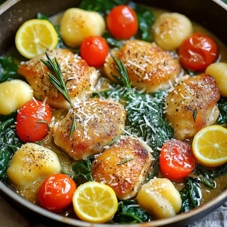 - 1 pound boneless, skinless chicken thighs - 1 pound gnocchi (store-bought or homemade) - 2 tablespoons olive oil - 4 cloves garlic, minced - 1 lemon, zested and juiced - 1 tablespoon fresh rosemary (or 1 teaspoon dried) - 1 cup cherry tomatoes, halved - 2 cups fresh spinach - Salt and pepper to taste Gathering the right ingredients makes this dish shine. You need chicken thighs for a juicy base. Gnocchi adds a fun twist. Olive oil gives flavor and helps cook the chicken. For flavor, fresh garlic is a must. It brings a warm, fragrant taste. The lemon's zest and juice add brightness. Rosemary adds a lovely, herbal note. Next, the fresh add-ins make this dish colorful and healthy. Cherry tomatoes burst with flavor. Fresh spinach wilts down and adds a nice green touch. Always season with salt and pepper to enhance the taste. With these ingredients, you will create a delicious one-pan meal. Each element works well together, giving you a balanced dish. - Heat 2 tablespoons of olive oil over medium heat in a large skillet. - Add 1 pound of boneless, skinless chicken thighs cut into bite-sized pieces. Season with salt and pepper. Sauté until the chicken is browned, about 5-7 minutes. - Add 4 cloves of minced garlic to the skillet. Cook for 1-2 minutes until fragrant. - Mix in the juice and zest of 1 lemon, along with 1 tablespoon of fresh chopped rosemary. Let the flavors blend for about 1 minute. - Add 1 pound of gnocchi and 1 cup of halved cherry tomatoes to the skillet. - Pour in ½ cup of water or chicken broth. Stir gently to combine. Cover the skillet and simmer for 5-7 minutes until the gnocchi are tender. - Remove the lid and stir in 2 cups of fresh spinach until wilted. - Taste and adjust the seasoning with salt and pepper before serving. To make your chicken tender, avoid overcooking. Cook it just until it is no longer pink inside. This keeps the chicken juicy and soft. For extra flavor, season it well with salt and pepper. You can also add a splash of lemon juice while cooking. This brightens up the taste and adds a nice zing. You can tell when gnocchi is done by watching for it to float. When it rises to the top, it’s ready. If you want to try a different method, you can pan-fry the gnocchi in a bit of oil. This will give it a crispy outside while keeping it soft inside. This dish pairs well with a fresh salad or steamed veggies. A simple green salad with a light vinaigrette works great. To make your meal even better, garnish it with grated Parmesan cheese. It adds a rich, creamy finish that everyone will love. {{image_2}} You can switch chicken thighs for chicken breasts. Breasts cook faster and are leaner. They still taste great with the lemon and rosemary. You can also try other herbs. Thyme and basil add a different twist. Each herb brings its own flavor to the dish. Want a vegetarian version? Just leave out the chicken. You can add more spinach or some mushrooms instead. This keeps the dish hearty and delicious. If you need gluten-free options, look for gluten-free gnocchi. Many brands offer tasty versions that work well. For extra zest, add lemon slices while cooking. This gives a bright flavor and looks pretty. If you like heat, sprinkle in red pepper flakes. They’ll make the dish a bit spicy and exciting. Adjust the amount based on your taste. After your meal, let the One-Pan Lemon Rosemary Chicken Gnocchi cool. This step is key to keep the food safe. Once cooled, pack it in an airtight container. Glass containers work well, as they prevent odors and stains. You can also use plastic containers if you prefer. Just make sure they seal tightly to keep the flavors fresh. Can you freeze One-Pan Lemon Rosemary Chicken Gnocchi? Yes, you can! It freezes well for up to three months. To freeze, let it cool completely and then place it in a freezer-safe container or bag. When you're ready to eat, defrost it in the fridge overnight. Reheat it on the stove over low heat. Add a splash of water or broth to keep it moist while warming. How long does it last in the fridge? In the fridge, One-Pan Lemon Rosemary Chicken Gnocchi stays good for about three days. Always check for signs of spoilage before eating. Look for changes in smell or color, and if it feels slimy, toss it out. Keeping it in a sealed container helps maintain its quality longer. This dish is quick! It takes just 10 minutes to prep and 25 minutes to cook. So, in about 35 minutes, you'll have a tasty meal ready. Yes, you can use frozen gnocchi! Just add them directly to the skillet. They might need a few extra minutes to cook. Check the package for guidance. If they seem tough, give them a little more time. This meal is great on its own, but you can add a few sides. Try a fresh green salad with a light dressing. Garlic bread also pairs nicely. For drinks, lemony iced tea or a crisp white wine works well. This blog post shared a delicious recipe for One-Pan Lemon Rosemary Chicken Gnocchi. You learned about key ingredients like chicken thighs, gnocchi, and fresh spinach. We also covered cooking steps and tips for perfecting the dish. In closing, this easy meal is tasty and quick to prepare. With options for variations and proper storage, it's perfect for any night. Enjoy your cooking adventures and make this dish your own!
