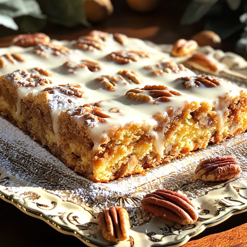 - 2 cups all-purpose flour - 1 cup granulated sugar - 1/2 cup unsalted butter, softened - 1 cup buttermilk - 2 large eggs - 1 tablespoon baking powder - 1 teaspoon baking soda - 1 teaspoon vanilla extract - 1/2 teaspoon salt The main cake ingredients form a soft and moist base. The all-purpose flour gives it structure. Granulated sugar adds sweetness, while softened butter brings richness. Buttermilk makes the cake tender. Eggs help bind everything together. Baking powder and baking soda give the cake lift. Lastly, vanilla extract adds warmth and flavor. - 1/2 cup brown sugar, packed - 1 tablespoon ground cinnamon - 1 cup pecans, chopped The cinnamon pecan filling is where the magic happens. Brown sugar adds depth and a slight caramel flavor. Ground cinnamon gives that warm, cozy taste. Chopped pecans add crunch and nuttiness. This filling layers beautifully within the cake, creating a delightful surprise. - 1 cup powdered sugar - 2 tablespoons milk - 1/2 teaspoon vanilla extract The glaze adds a sweet finish. Powdered sugar makes it smooth and sweet. Milk thins the glaze to the right consistency. Vanilla extract enhances the flavor. Drizzling this over the warm cake makes it look and taste amazing. Start by preheating your oven to 350°F (175°C). Grease a 9x13 inch baking pan. You can also line it with parchment paper for easy removal later. This step helps the cake bake evenly and prevents sticking. In a small bowl, combine 1/2 cup of packed brown sugar, 1 tablespoon of ground cinnamon, and 1 cup of chopped pecans. Mix well and set this aside. This filling adds a sweet and nutty layer to your cake. In a large mixing bowl, cream together 1/2 cup of softened unsalted butter and 1 cup of granulated sugar. Beat them until light and fluffy, about 3 to 5 minutes. Then, add 2 large eggs one at a time. Next, stir in 1 teaspoon of vanilla extract and 1 cup of buttermilk. Mix until everything is combined. Pour half of the cake batter into your prepared baking pan. Spread it evenly. Then, sprinkle half of the cinnamon pecan filling over the batter. Pour the rest of the batter on top and spread it out. Finally, sprinkle the remaining filling over the last layer of batter. Bake your cake in the preheated oven for about 30 to 35 minutes. To check if it’s done, insert a toothpick into the center. If it comes out clean, your cake is ready. While the cake is baking, make the glaze. In a small bowl, whisk together 1 cup of powdered sugar, 2 tablespoons of milk, and 1/2 teaspoon of vanilla extract until smooth. Once the cake cools for about 10 minutes, drizzle the glaze over it. To get a soft and fluffy cake, mix well but avoid overdoing it. Overmixing can make the cake tough. You want just a few lumps in the batter. It's also key to use room temperature butter and eggs. This helps all the ingredients blend better. For the best results, always measure your flour correctly. Use a spoon to fluff the flour, then spoon it into your measuring cup. Level it off with a knife to avoid packing it down. This gives you the right amount of flour. For the brown sugar, pack it tightly into the cup. This ensures you get the sweet flavor you want. Let your coffee cake cool in the pan for about 10 minutes. This helps it firm up before you cut it. Serve it warm with a drizzle of glaze on top. For extra flair, sprinkle some powdered sugar and add whole pecans. This not only looks good but tastes great too. Enjoy it with a cup of coffee or tea! {{image_2}} You can change the flavor of your coffee cake easily. If you want a chocolate twist, add 1 cup of chocolate chips to the batter. For a fall treat, mix in 1 cup of pumpkin puree. This will keep the cake moist and add rich flavor. If you love apples, dice 1 cup of peeled apples into small pieces and fold them into the batter. Each of these options makes the cake unique and tasty! If you don’t have pecans, you can use walnuts or almonds instead. Walnuts give a similar crunch and flavor. Simply swap them one-to-one. If you choose almonds, chop them finely to mix well into the filling. You can even toast the nuts before adding them for an extra flavor boost. Each nut brings its own taste to the cake, so feel free to experiment! You can make this cake gluten-free too. Use a gluten-free all-purpose flour blend in place of regular flour. Make sure the blend has xanthan gum for the best texture. You may also want to check if your baking powder is gluten-free. This way, everyone can enjoy this delicious coffee cake, no matter their diet! To keep your coffee cake fresh, store it at room temperature. Use an airtight container. This will help keep it moist. The cake stays good for about three days. If you want it to last longer, consider refrigerating it. But remember, this may dry it out a bit. Freezing is a great option if you want to keep the cake longer. First, let the cake cool completely. Then, wrap it tightly in plastic wrap. You can also use aluminum foil. Place the wrapped cake in a freezer-safe bag. It can stay in the freezer for up to three months. When you’re ready to eat it, thaw it overnight in the fridge. To reheat, slice the cake into pieces. Place them on a microwave-safe plate. Heat it for about 15-20 seconds. This will warm it without drying it out. You can also reheat it in the oven. Preheat the oven to 350°F (175°C). Warm the cake for about 10 minutes. This keeps it soft and tasty. Enjoy your warm coffee cake with a fresh cup of coffee! Yes, you can. If you don't have buttermilk, mix one cup of regular milk with one tablespoon of vinegar or lemon juice. Let it sit for five minutes to sour. This will mimic buttermilk's tangy taste and add moisture to the cake. To boost the cinnamon flavor, you can add more ground cinnamon to the filling. I suggest increasing it to two tablespoons. You can also sprinkle a little cinnamon into the batter. This will give the cake an even richer cinnamon taste. Serve leftover coffee cake at room temperature. You can warm it slightly in the microwave for about 10 seconds. If you want to jazz it up, add a dollop of whipped cream or a scoop of ice cream. This adds a nice touch for dessert. Enjoy it with coffee or tea for the best experience! This blog post covered all you need for a great coffee cake. We detailed the key ingredients, like the butter and flour for the main cake, the sweet cinnamon pecan filling, and the glaze that adds shine. You learned step-by-step how to prepare and bake your cake, from mixing the batter to layering it. We also shared tips for the perfect texture and cooling suggestions. Finally, we explored variations for different flavors and storage methods. Now, you are ready to bake! Enjoy every bite of your homemade coffee cake.