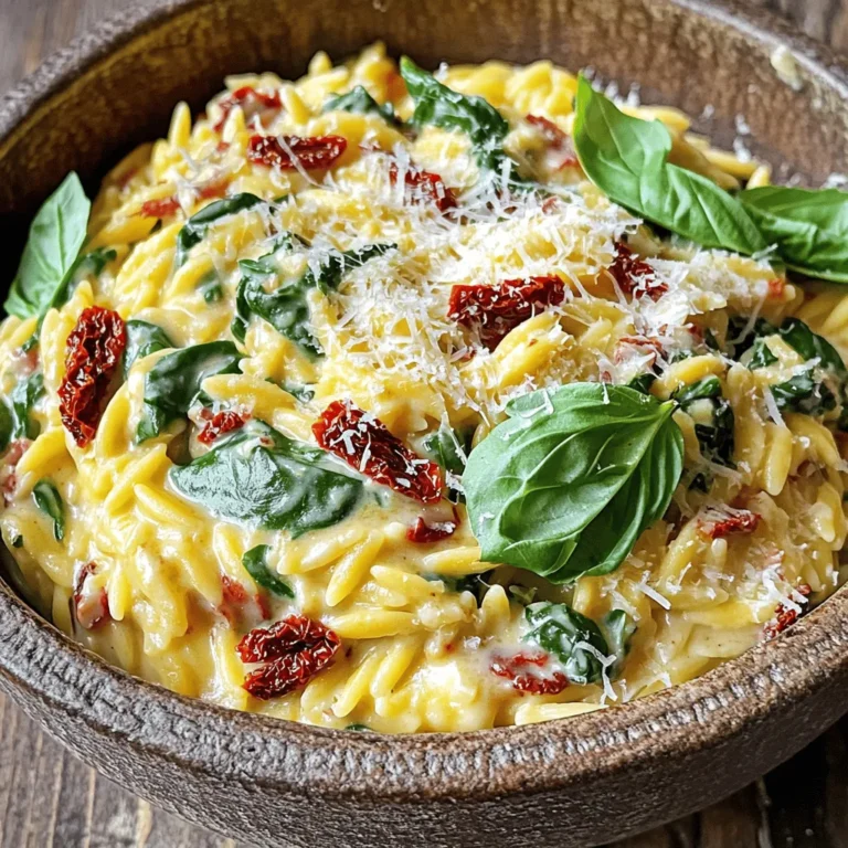 To make this creamy sun dried tomato orzo, you need some key ingredients. Here’s what you will need: - 1 cup orzo pasta - 2 cups vegetable broth - 1/2 cup cream cheese, softened - 1/2 cup sun-dried tomatoes, chopped - 1/4 cup grated Parmesan cheese - 2 tablespoons olive oil - 2 cloves garlic, minced - 1 cup spinach, chopped - Salt and pepper to taste - Fresh basil, for garnish These ingredients work together to create a rich and creamy dish that is both comforting and delicious. You can enhance the dish with a few extra ingredients. Consider adding: - Red pepper flakes for heat - A splash of lemon juice for brightness - Chopped onions for sweetness - Other fresh herbs like parsley or thyme These additions can take your creamy sun dried tomato orzo to the next level. Using the right kitchen tools makes cooking easier. Here are some tools I recommend: - Medium saucepan for cooking the orzo - Wooden spoon for stirring - Measuring cups for precise amounts - Chef’s knife for chopping ingredients - Cutting board for safe prep Having these tools on hand helps you cook smoothly and enjoy the process. Start by gathering your ingredients. You will need orzo, broth, cream cheese, and sun-dried tomatoes. Also, get garlic, spinach, Parmesan cheese, olive oil, salt, and pepper. Measure out everything to make your cooking smooth. This helps you focus on each step. In a medium saucepan, boil 2 cups of vegetable broth. Once boiling, add 1 cup of orzo. Stir it well and cook for about 8 to 10 minutes. Look for the orzo to become al dente, which means it should still have a slight bite. When done, drain the orzo but keep 1/2 cup of the broth. Set the orzo aside for later. In the same saucepan, heat 2 tablespoons of olive oil over medium heat. Add 2 minced garlic cloves and cook for about 1 minute. You want the garlic to be fragrant but not burnt. Next, add 1/2 cup of chopped sun-dried tomatoes. Cook these for another 2 to 3 minutes. Lower the heat and mix in 1/2 cup of softened cream cheese. Stir until it melts. Gradually pour in the reserved broth, mixing until you have a creamy sauce. Now, add the cooked orzo and 1 cup of chopped spinach. Stir everything together until the spinach wilts. Finally, mix in 1/4 cup of grated Parmesan cheese. Season with salt and pepper to your taste. Serve your dish warm, garnished with fresh basil for a nice touch. Enjoy your creamy sun-dried tomato orzo! To get that creamy texture, use softened cream cheese. It blends well, making the sauce smooth. Gradually add the reserved broth to the cream cheese. This helps create a velvety sauce. Stir continuously while adding the broth. This mixing method ensures a perfect blend. If you need more creaminess, add a splash of milk or cream. This small change can elevate the dish. I love to use fresh herbs like basil or parsley. They add bright flavors to the dish. A pinch of red pepper flakes can give it a kick. You can also experiment with Italian seasoning for extra depth. If you want a zing, add a squeeze of lemon juice. The acidity balances the richness of the cream cheese. These simple tweaks can make your orzo even more delicious. One mistake is overcooking the orzo. It can become mushy and lose its shape. Always check for al dente texture when cooking. Another error is not reserving enough broth. You need it to make the sauce creamy. Lastly, don’t skip the seasoning. Salt and pepper enhance the flavors. Taste as you go to ensure a well-balanced dish. Avoiding these mistakes will lead to a better meal. {{image_2}} You can make Creamy Sun Dried Tomato Orzo even better by adding protein. Chicken is a great choice. Cook it first, then add it to the creamy mix. Simply grill or sauté the chicken until golden. Shrimp also works well. Cook the shrimp until pink, and then mix it in. Both options add flavor and heartiness. For a vegetarian version, you can skip the cheese or use a cream cheese made from nuts. This keeps the dish creamy but plant-based. If you want to go vegan, use a nut-based cream cheese and skip the Parmesan. You can also add more veggies like zucchini or mushrooms for extra texture. Herbs and spices can change the taste of your orzo dish. Fresh basil is a must for its fresh taste. You can also try adding thyme or oregano for a savory twist. For a spicy kick, add red pepper flakes. These small changes can make your creamy orzo unique and exciting. To keep your creamy sun-dried tomato orzo fresh, let it cool first. Place it in an airtight container. Store it in the fridge for up to three days. Make sure to cover the dish well to avoid drying out. When you’re ready to enjoy leftovers, reheat gently. Use a saucepan over low heat. Add a splash of vegetable broth or water to keep it creamy. Stir often until warmed through. This helps the flavors blend and keeps the orzo from drying out. If you want to freeze the orzo, it’s best to do so before adding spinach. Store the cooled dish in a freezer-safe container. It can last up to three months. To thaw, place it in the fridge overnight. Reheat on the stove, adding broth as needed for creaminess. Yes, you can use other pasta types. I recommend penne or fusilli. These shapes hold sauce well. Just adjust the cooking time based on the package instructions. Keep an eye on it, so it cooks perfectly. Leftovers last about 3 to 4 days in the fridge. Store them in an airtight container. To enjoy later, reheat gently on the stove or in the microwave. Add a splash of broth if it seems dry. Absolutely! Use dairy-free cream cheese and nutritional yeast instead of Parmesan. Almond milk or coconut cream can replace regular cream too. This way, you still get that creamy texture without dairy. This dish pairs well with grilled chicken or shrimp for protein. A fresh salad with vinaigrette adds a nice balance. You can also serve it with crusty bread to soak up the sauce. Enjoy your meal! This guide covered the key ingredients and steps for making delicious Creamy Sun-Dried Tomato Orzo. We explored how to cook orzo perfectly and make a rich sauce. I shared tips for great texture and common mistakes to avoid. Remember, you can customize this dish with proteins or herbs. Store leftovers properly to keep them tasty. Try variations to suit your diet. With these insights, you can create a dish that impresses everyone. Enjoy making your orzo!