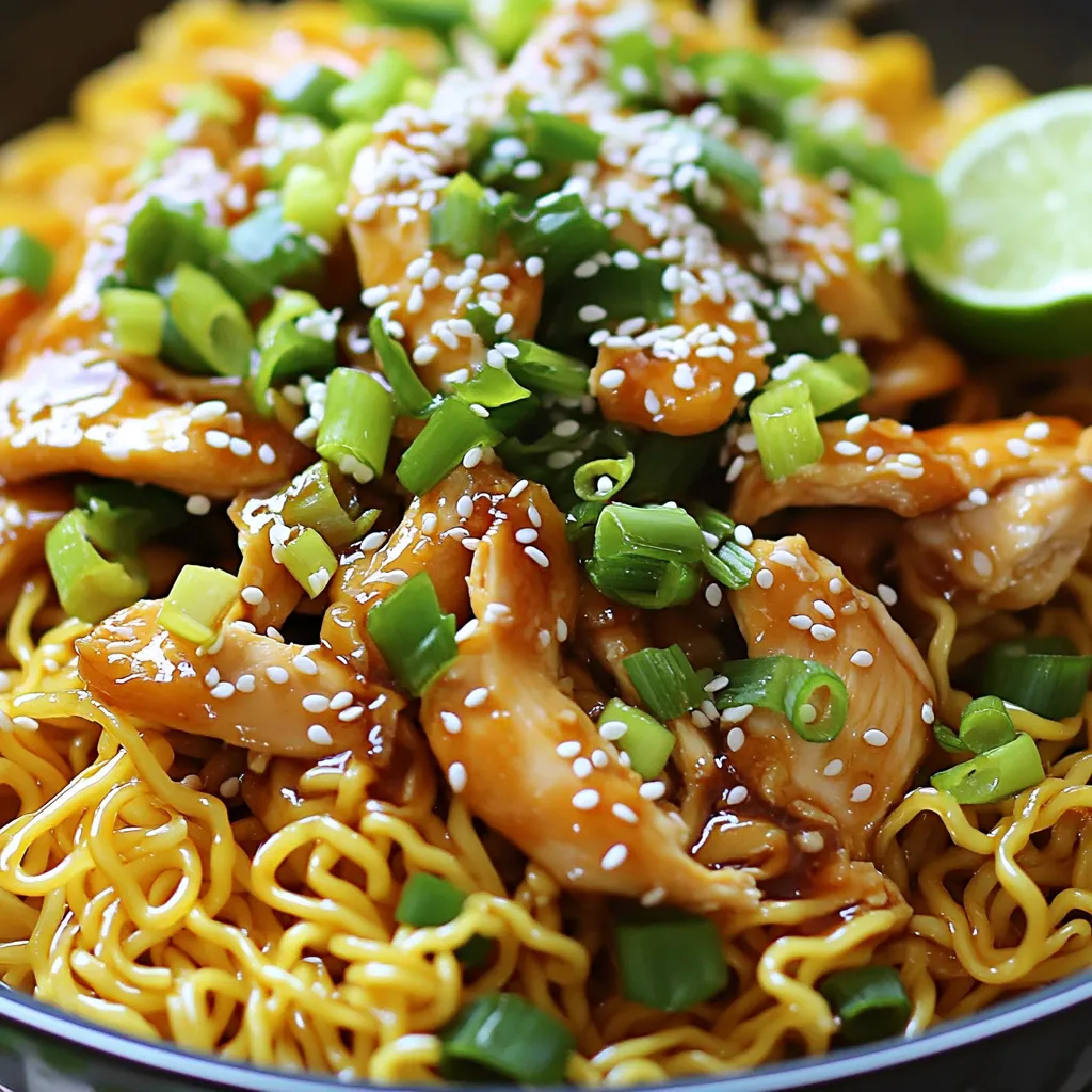 - 2 boneless, skinless chicken breasts, thinly sliced - 200g egg noodles - 3 tablespoons sesame oil - 4 cloves garlic, minced - 2 tablespoons soy sauce (or tamari for gluten-free) - 2 tablespoons rice vinegar - 1 tablespoon honey - 1 teaspoon grated ginger - 2 green onions, sliced - 1 tablespoon sesame seeds (white or black) - Salt and pepper to taste - Fresh cilantro or parsley for garnish These ingredients create a balanced mix of flavors. The chicken adds protein, while the egg noodles serve as a hearty base. Sesame oil gives a rich depth, and garlic brings an aromatic touch. - Sliced bell peppers - Broccoli florets - Snow peas - Red pepper flakes for heat - Lime wedges for a zesty kick You can add vegetables to boost nutrition and flavor. For spice, red pepper flakes work well. Lime wedges add a fresh burst that enhances the dish. - Large skillet or wok - Pot for boiling noodles - Colander for draining - Small mixing bowl for the sauce - Whisk or fork for mixing This equipment ensures you cook the dish efficiently. A skillet or wok is perfect for stir-frying. A pot is needed to boil the noodles, and a colander helps drain them quickly. Start by boiling a pot of salted water. The water should be bubbling. Once it boils, add the egg noodles. Cook them as per the package guide until they are al dente. This usually takes just a few minutes. After cooking, drain the noodles and rinse them with cold water. This stops the cooking and keeps them firm. Set the noodles aside, ready to join the chicken. Grab a large skillet or wok and heat 2 tablespoons of sesame oil on medium-high heat. Once hot, add the thinly sliced chicken. Season it with salt and pepper. Stir-fry the chicken for about 5-7 minutes. You want it to turn golden and cook all the way through. When the chicken is done, add minced garlic and grated ginger. Sauté these for 1-2 minutes. You’ll love the aroma, but don’t let the garlic burn! In a small bowl, mix the soy sauce, rice vinegar, honey, and the last tablespoon of sesame oil. Whisk them together until smooth. Pour this sauce over the chicken in the skillet. Stir well to make sure the chicken is fully coated. The sauce will add a rich flavor, making each bite exciting. Now it’s time to bring it all together! Add the cooked noodles to the skillet with the chicken and sauce. Toss everything together gently. Make sure the noodles are covered with the sauce and heated through. This should take about 2-3 minutes. When ready, remove from heat and sprinkle sliced green onions and sesame seeds on top. For a pop of color, you can add fresh cilantro or parsley. Serve the noodles in bowls, and enjoy every bite! To get juicy chicken, slice the breasts thinly. This helps them cook fast. Use a hot skillet with sesame oil. Cook the chicken until it turns golden. Make sure to season with salt and pepper. This adds great flavor. Stir-frying takes about 5-7 minutes. Always check that the chicken is fully cooked. You can cut a piece to see if it’s no longer pink inside. Start with boiling salted water for the noodles. This makes them taste better. Cook the egg noodles until they are al dente. This means they should still have a bit of bite. After cooking, drain and rinse them with cold water. This stops the cooking and keeps them from getting mushy. Set them aside until you mix them with the chicken. Toppings bring your dish to life. Slice green onions and sprinkle them on top. They add a nice crunch and freshness. Sesame seeds also add a nutty flavor. You can use white or black seeds. For more color, add fresh cilantro or parsley. A lime wedge on the side adds a zesty kick. These small touches make your meal look and taste great! {{image_2}} If you want a vegetarian twist, replace chicken with firm tofu. Press and cube the tofu. Sauté it in sesame oil until golden. For a vegan version, swap honey for maple syrup or agave nectar. This keeps it sweet and plant-based. To make this dish gluten-free, use rice noodles instead of egg noodles. Also, choose tamari in place of soy sauce. This keeps the flavor strong while avoiding gluten. Always check the labels to ensure other ingredients are gluten-free. Experiment with flavors by adding vegetables. Broccoli, bell peppers, or snap peas work well. You can also mix in some chili paste for heat. Try adding lime juice for a zesty kick, or sprinkle some crushed peanuts for crunch. Each twist makes the dish unique. To store leftovers, let the chicken noodles cool down first. Place them in an airtight container. This helps keep the flavors fresh. You can store them in the fridge for up to three days. Make sure to label the container with the date. This way, you won’t forget when you made them! When you are ready to eat your leftovers, you can reheat them easily. Use a microwave-safe bowl. Add a splash of water to keep the noodles moist. Cover the bowl with a lid or microwave-safe wrap. Heat for about 1-2 minutes or until hot. Stir halfway through to ensure even heating. You can also reheat in a pan over low heat, adding a bit of sesame oil for flavor. If you want to save your chicken noodles for later, freezing is a great option. Place the cooled noodles in a freezer-safe container. Make sure to remove as much air as possible. You can also use freezer bags. Just be sure to flatten them for easier storage. They will last for up to three months in the freezer. When ready to eat, thaw overnight in the fridge and reheat as mentioned above. Yes, you can use many types of noodles. Rice noodles, udon, or even whole wheat noodles work well. Each type gives a different texture and taste. Try what you have at home. Just check the cooking time to avoid overcooking them. To add spice, use chili flakes or sriracha. You can mix them into the sauce. Another option is to add sliced fresh chili peppers when cooking the chicken. Adjust the amount based on your heat preference. These noodles pair nicely with a fresh salad or steamed veggies. You can also serve them with egg rolls or dumplings for a full meal. Add a light soup for a comforting touch. This recipe takes about 10 minutes to prep and 20 minutes to cook. In just 30 minutes, you can have a tasty meal ready to serve. It’s quick and perfect for busy nights! This blog post shows you how to make tasty Minute Sesame Garlic Chicken Noodles. We covered key ingredients, step-by-step cooking, and helpful tips. You can easily tweak the dish to fit your taste. Don't forget about storage tips for leftovers and ways to heat them up. Cooking can be fun and creative. I hope you feel ready to try this recipe. Enjoy your meal and share it with friends!