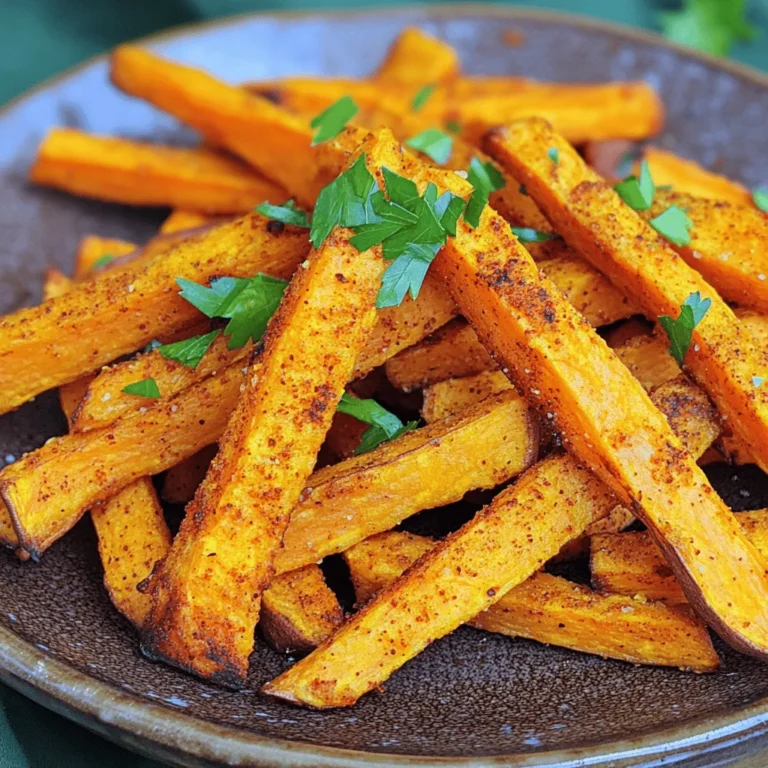 - 2 large sweet potatoes, peeled and cut into fries - 2 tablespoons olive oil - 1 teaspoon paprika - 1 teaspoon chili powder - 1/2 teaspoon cayenne pepper (adjust for spice level) - 1 teaspoon garlic powder - 1/2 teaspoon cumin - Salt to taste - Fresh parsley, chopped (for garnish) Sweet potatoes are the star of this dish. They add a natural sweetness that balances the heat from the spices. I prefer using large sweet potatoes because they yield more fries. Make sure to peel and cut them evenly for the best results. Olive oil plays a key role here. It helps the fries crisp up nicely in the air fryer. You can use other oils, but olive oil adds a great flavor. The spices and seasonings give these fries their kick. Paprika adds color, chili powder brings heat, and cayenne pepper can make it spicier. Adjust the cayenne to suit your taste. Garlic powder and cumin round out the flavor. Don’t forget to add salt to enhance all the other tastes. Garnish options are simple. Fresh parsley not only looks nice but adds a fresh taste. You can also add extra chili flakes for more heat. This mix of ingredients makes for a fun and tasty treat that you will enjoy! Start by preheating your air fryer to 400°F (200°C). This step takes about 5 minutes. Preheating helps the fries cook evenly and become crispy. Next, take 2 large sweet potatoes. Peel them and cut them into fry shapes. Aim for uniform sizes. This helps them cook at the same rate. In a large bowl, add the cut sweet potatoes along with 2 tablespoons of olive oil. Toss them well to coat every fry. Then, add the spices: 1 teaspoon paprika, 1 teaspoon chili powder, 1/2 teaspoon cayenne pepper, 1 teaspoon garlic powder, and 1/2 teaspoon cumin. Season with salt to taste. Mix everything well to ensure each fry is flavorful. Place the seasoned fries in the air fryer basket. Make sure to lay them in a single layer. Leave some space between them for air to flow. Cook them at 400°F (200°C) for 15-20 minutes. Shake the basket halfway through. This helps them crisp up evenly. Look for a golden brown color when done. Once cooked, take the fries out and put them on a serving plate. For a fresh touch, add chopped parsley on top. Serve them hot with your favorite dipping sauce. Spicy mayo or avocado ranch pairs well. Sprinkle extra chili flakes for a fun kick! To get your sweet potato fries extra crispy, follow these steps. First, soak the cut fries in water for about 30 minutes. This helps remove some starch. After soaking, dry them well using a kitchen towel. Next, use enough olive oil to coat the fries but not too much. A light coating works best. Finally, air fry them in a single layer. If needed, cook in batches. You can control the heat of your fries easily. If you like it mild, skip the cayenne pepper. You could also reduce the chili powder. For more heat, add more cayenne or chili powder. Mix well to ensure even spice distribution. This way, everyone can enjoy their perfect level of spice. Pair your spicy sweet potato fries with tasty dips. Some great options are spicy mayo, avocado ranch, or garlic aioli. For a twist, try a tangy yogurt dip with lime juice. These sauces bring out the flavors of the fries. Plus, they make the meal even more fun! {{image_2}} You can change the flavor of your fries. Try adding different spices or herbs. For a smoky taste, add smoked paprika. If you want a fresh kick, use fresh rosemary or thyme. You can also try Italian seasoning for a unique twist. Just mix these spices with the olive oil and sweet potatoes. This adds layers of flavor to your dish. If you want to switch things up, try other vegetables. Carrots, zucchini, or even eggplant work great. Cut them into fry shapes and follow the same steps. Just remember to adjust the cooking time. Each veggie has its own cooking needs. Experiment with different flavors and find what you love best! Cooking in batches helps your fries turn out crispy. If you overcrowd the air fryer, they might get soggy. Cook a small amount at a time. This allows hot air to circulate around each fry. You can always keep the first batch warm in the oven. This way, all your fries will be hot and crunchy when served. To keep your spicy sweet potato fries fresh, let them cool first. Place the fries in an airtight container. This helps keep them from getting soggy. Store them in the fridge for up to three days. If you want to keep them longer, consider freezing them. When it’s time to eat your leftovers, you can reheat them in the air fryer. Set the air fryer to 350°F (175°C). Heat the fries for about 5 to 7 minutes. This method helps restore their crispiness. You can also use a regular oven at the same temperature. If you want to freeze your fries, follow these steps. First, let the fries cool completely. Next, place them in a single layer on a baking sheet. Freeze them for about one hour. This helps them stay separate. Once frozen, transfer them to a freezer bag. They can last for up to three months in the freezer. When you’re ready to cook, just air fry them straight from the freezer for about 15 to 20 minutes. Yes, you can make these fries in an oven. Set your oven to 425°F (220°C). Spread the fries on a baking sheet. Bake them for about 25-30 minutes. Flip them halfway for even cooking. They will not be as crispy, but they will still taste great! Cutting sweet potatoes for fries is easy. Start by peeling the sweet potatoes. Then, slice them into long, thin sticks. Aim for a size of about 1/4 inch thick. This size helps them cook evenly and become crispy. These fries pair well with many dips. Try spicy mayo, avocado ranch, or ketchup. You can also serve them with a side of grilled chicken or fish. They add a nice kick to any meal! Leftover fries can last up to three days in the fridge. Store them in an airtight container. To enjoy them again, reheat in the air fryer or oven. This will help them regain some crispiness. This blog post covered how to make tasty sweet potato fries in an air fryer. First, we looked at essential ingredients and seasonings. I shared easy steps for preparing and cooking the fries. Tips for extra crispiness and spice adjustments followed. We also discussed fun ways to vary your fries and proper storage methods. In conclusion, making sweet potato fries is simple and rewarding. Enjoy experimenting with flavors and serving options. Happy cooking!