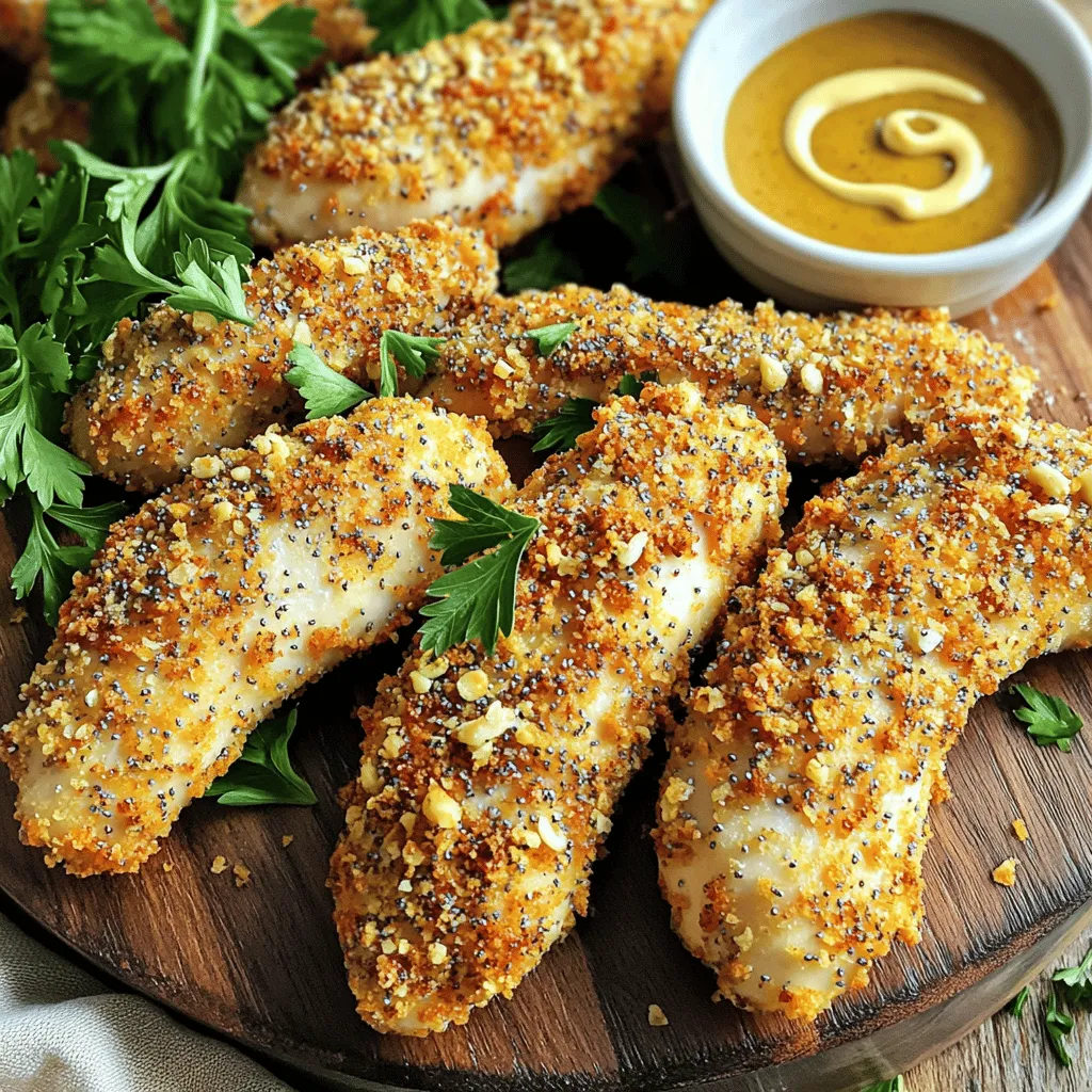 - 1 pound boneless, skinless chicken tenders - 1 cup all-purpose flour - 2 large eggs, beaten - 1 cup breadcrumbs - 3 tablespoons everything bagel seasoning - 1 teaspoon garlic powder - 1 teaspoon onion powder - Salt and pepper to taste - Cooking spray - Prep time: 15 minutes | Total time: 30 minutes | Servings: 4 The main ingredients for Air Fryer Everything Bagel Chicken Tenders are simple. You need one pound of chicken tenders that are boneless and skinless. This keeps the dish lean and tender. For the breading, I use one cup of all-purpose flour, two large beaten eggs, and one cup of breadcrumbs. The seasonings bring the magic. Three tablespoons of everything bagel seasoning give the tenders their unique taste. Garlic powder and onion powder add depth, while salt and pepper bring out the flavors. You also need cooking spray. It helps the tenders crisp up nicely in the air fryer. The prep time is quick, only 15 minutes, and the total cooking time is 30 minutes. This recipe serves four people, making it perfect for family meals or sharing with friends. - Preheat air fryer to 400°F (200°C). - Set up the breading station with three shallow bowls. - Coat chicken tenders with flour, eggs, and breadcrumb mixture. - Ensure even coating and proper adherence. To start, I preheat my air fryer to 400°F (200°C). This step is key for getting that crispy outer layer. While it warms up, I set up my breading station. I use three shallow bowls for this. In the first bowl, I add flour and season it with salt and pepper. The second bowl holds my beaten eggs, while the third bowl has breadcrumbs mixed with everything bagel seasoning, garlic powder, and onion powder. Next, I take each chicken tender and dredge it in the flour. I make sure to coat it evenly, shaking off any extra flour. Then, I dip the tender into the beaten egg, letting it get fully covered. Finally, I roll it in the breadcrumb mixture, pressing down lightly to help it stick. I repeat this for all the chicken tenders. Now it’s time to cook. I lightly spray the air fryer basket with cooking spray. This helps prevent sticking. I place the chicken tenders in a single layer, ensuring they don’t touch. I want even cooking and crispiness. I air fry the tenders at 400°F (200°C) for 10-12 minutes, flipping them halfway through. They should turn golden brown and reach an internal temperature of 165°F (74°C). Once done, I let them rest for a couple of minutes before serving. To get crispy chicken tenders, space them well in the air fryer. This helps the hot air flow around each piece, creating that golden crunch. If your tenders are thick, cook them a bit longer. Check their temperature to ensure they reach 165°F (74°C). Boost the flavor by adding fresh herbs or spices. Think about using thyme or paprika for an extra kick. You can also make your own everything bagel seasoning. Just mix sesame seeds, poppy seeds, garlic, onion, and salt. This way, you can adjust the flavor to your taste. Pair your tenders with tasty sauces like honey mustard or ranch. These dips add a nice contrast to the savory chicken. For sides, try serving with fresh veggies or crispy fries. To present the dish, use a wooden platter or a colorful plate. Garnish with fresh herbs like parsley or chives to make it pop. {{image_2}} You can change the coating for your chicken tenders. If you need a gluten-free option, use gluten-free flour and gluten-free breadcrumbs. This keeps the crispy texture while making it safe for those with gluten issues. You can also try different seasonings. Buffalo seasoning or lemon pepper can add a new kick to your dish. Want to switch up the protein? You can use pork or tofu instead of chicken. If you use pork, cook it until it reaches 145°F (63°C). For tofu, press it first to remove moisture, then cut it into strips. Cooking time will change based on the thickness of the meat or tofu. Make sure to adjust your air fryer time for even cooking. Dipping sauces can really elevate your chicken tenders. Honey mustard, ranch, or BBQ sauce are great choices. They add flavor and moisture. You can also pair your tenders with side dishes like salads, fries, or roasted veggies. These sides balance the meal and make it more colorful. After cooking, let the chicken tenders cool. This helps keep them crispy. Store them in an airtight container. A glass or plastic container works well. Make sure to use layers of paper towels. Place them between the tenders to absorb moisture. This keeps them from getting soggy. To freeze uncooked chicken tenders, arrange them in a single layer on a baking sheet. Freeze for about two hours until solid. Then, transfer them to a freezer bag. For cooked tenders, let them cool first. Place them in a freezer-safe container. When ready to eat, reheat in the air fryer. Set it to 375°F (190°C) for about 5-7 minutes. This will make them crispy again. Cooked chicken tenders can last in the fridge for 3-4 days. Check for signs of spoilage. If they have an off smell or slimy texture, discard them. Always trust your senses. When in doubt, throw it out. Keeping track of how long they’ve been stored helps. Cook chicken tenders in the air fryer for 10 to 12 minutes. Flip them halfway. This gives you crispy, golden tenders. The internal temperature should reach 165°F (74°C). Yes, you can use frozen chicken tenders. Just add a few extra minutes to the cooking time. Make sure they are fully cooked before serving. Everything bagel seasoning has a mix of flavors. It includes: - Sesame seeds - Poppy seeds - Dried garlic - Dried onion - Salt It adds a great crunch and taste to your chicken. - Do I need to preheat the air fryer? Yes, preheating helps cook the tenders evenly. Set it to 400°F (200°C) for about 5 minutes. - How can I make the tenders extra crispy? Ensure even spacing in the air fryer. Avoid stacking the tenders. This allows hot air to circulate freely. - Can I use other seasonings? Absolutely! Try using different spices like paprika or cayenne for a kick. You can even make your own everything bagel seasoning for a fun twist. In this post, we explored how to make crispy chicken tenders in an air fryer. You learned about essential ingredients, including chicken, flour, and spices. I shared step-by-step instructions for breading and cooking. We discussed tips for perfecting the dish and tasty variations. Finally, I covered storage options to enjoy leftovers. Overall, air-fried chicken tenders can be easy and flavorful. This recipe opens the door to many delicious meals ahead. Enjoy cooking!