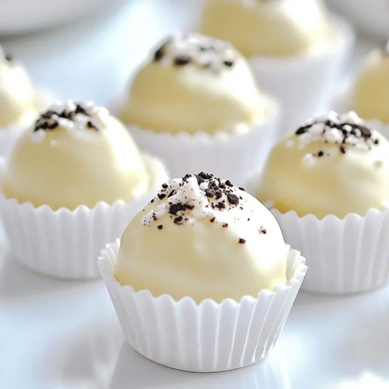 To make these delicious truffles, you need a few simple ingredients: - 1 package (14.3 oz) Oreo cookies, finely crushed - 8 oz cream cheese, softened - 1 teaspoon vanilla extract - 1 cup white chocolate chips - 1 tablespoon coconut oil - Extra crushed Oreo cookies for coating These ingredients come together to create a rich and creamy treat. The crushed Oreos add a nice crunch and flavor. You can customize your truffles with some fun toppings: - Mini chocolate chips for extra texture - A sprinkle of sea salt for a sweet-salty balance - Shredded coconut for a tropical twist These add-ins can make your truffles even more special. Feel free to mix and match! To make these truffles, you’ll need some basic kitchen tools: - A large mixing bowl - A hand mixer or spatula - A parchment-lined baking sheet - A microwave-safe bowl for melting chocolate Having these tools ready will streamline the process. Enjoy making your Oreo Cheesecake Truffles! Start by taking a large mixing bowl. Add 1 package of finely crushed Oreo cookies. Then, mix in 8 ounces of softened cream cheese. Use a hand mixer or a spatula to blend well. You want it to be smooth and creamy. Next, stir in 1 teaspoon of vanilla extract. Make sure it is fully mixed in. This mixture will be sweet and tasty. Now it’s time to shape the truffles. Take a small amount of the mixture. Roll it into a ball, about 1 inch wide. Place each ball on a parchment-lined baking sheet. Continue this process until all the mixture is rolled into balls. Once done, put the baking sheet in the fridge. Let the truffles chill for at least 30 minutes. This will help them firm up nicely. While the truffles chill, prepare to coat them. Take a microwave-safe bowl. Add 1 cup of white chocolate chips and 1 tablespoon of coconut oil. Microwave this in 30-second bursts. Stir between each burst until the chocolate is smooth. Once melted, take the chilled truffles out of the fridge. Dip each truffle into the melted white chocolate. Allow any extra chocolate to drip off. Then, roll the truffles in extra crushed Oreo cookies. Place them back on the baking sheet. Finally, return them to the fridge for 15 more minutes to set. To get a smooth mix, use softened cream cheese. This makes it easy to blend. Crush the Oreo cookies into fine crumbs. A food processor works great for this. If you don’t have one, place the cookies in a bag and crush them with a rolling pin. Mix the cookies and cream cheese well. A hand mixer helps, but a spatula is fine too. Make sure there are no lumps for the best texture. When melting white chocolate, use short bursts in the microwave. Stir between each burst to avoid burning. Add coconut oil to make the chocolate smooth and shiny. Dip each truffle in the melted chocolate fully. Let any extra chocolate drip off. After the coating, roll the truffles in crushed Oreos for a great look. This adds flavor and gives a nice crunch. For a fun presentation, use mini cupcake liners. Place each truffle in a liner on a nice plate. You can also use a tiered tray for height. Drizzle extra melted white chocolate on top for flair. Adding some whole Oreos around the truffles makes it look more inviting. These small touches make your truffles stand out at any gathering. {{image_2}} You can play with flavors to make these truffles even more fun. Try adding mint extract for a fresh twist. Just one teaspoon will do. If you love peanut butter, mix in two tablespoons of creamy peanut butter with the cream cheese. You can also use chocolate sandwich cookies instead of Oreos for a chocolate overload. Experiment with different flavors to find your favorite! If you need a vegan option, swap the cream cheese for a plant-based cream cheese. And for the chocolate, choose vegan chocolate chips. You can also make these truffles gluten-free by using gluten-free Oreo cookies. This way, everyone can enjoy this tasty treat without worry! The coating can change the whole vibe of these truffles. Instead of white chocolate, try dark chocolate for a rich flavor. You can also use colorful candy melts for a fun look. Sprinkle some sea salt on top for a sweet and salty combo. Get creative with toppings like crushed nuts or sprinkles to add more crunch and color! Store your truffles in an airtight container. This keeps them fresh and tasty. Place a piece of parchment paper between layers if you stack them. This way, they won’t stick together. These truffles last about one week in the fridge. Keep them cold to maintain their texture. Always check for any signs of spoilage before eating. If they look or smell off, throw them away. You can freeze these truffles for up to three months. First, place them on a baking sheet. Freeze until firm, then transfer to an airtight container. When ready to eat, thaw them in the fridge overnight. Enjoy them chilled for a delightful treat! Yes, you can use other cookies. Chocolate sandwich cookies work well too. You can try vanilla wafers for a different taste. Just make sure the cookies are finely crushed to mix well with the cream cheese. These truffles need to set for about 45 minutes. First, chill them for 30 minutes to firm up. After coating in chocolate, chill them again for 15 minutes. This helps them hold their shape and flavor. For cream cheese, you can use Greek yogurt or a dairy-free option. Mascarpone cheese is another great choice. These substitutes keep the truffles creamy and tasty, just like the original recipe. Oreo cheesecake truffles are fun and easy to make. We covered the key ingredients, like cream cheese and Oreos, along with tasty toppings. You learned step-by-step how to prepare and shape the truffles. I shared helpful tips for mixing and coating, plus ideas for flavors and dietary swaps. Finally, we discussed storage and answered common questions. Enjoy making these treats for yourself or friends; they’re a hit with everyone!