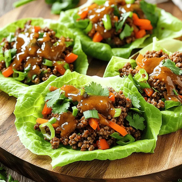 - 1 lb ground beef (preferably lean) - 1 tablespoon ginger, minced - 4 cloves garlic, minced - 2 teaspoons soy sauce (or tamari for gluten-free option) - 1 tablespoon sesame oil - 1 bell pepper, finely diced (red or yellow for sweetness) - 1 carrot, grated - 2 green onions, chopped - 1 tablespoon honey or maple syrup - 1 tablespoon rice vinegar - Fresh cilantro leaves for garnish (optional) The main ingredients for my Minute Ginger Garlic Beef Lettuce Wraps feature ground beef, ginger, and garlic. I love using lean beef as it keeps the dish light yet filling. Fresh ginger and garlic add a burst of flavor, making each bite delightful. For vegetables, I recommend using a bell pepper, either red or yellow. This choice adds sweetness and colors the dish beautifully. Grated carrots bring a nice crunch and a bit of sweetness too. I also like to toss in chopped green onions for extra flavor and texture. To finish, I combine simple seasonings. Honey or maple syrup balances the saltiness of soy sauce. A splash of rice vinegar adds a light tang. If you want, fresh cilantro leaves make a lovely garnish, adding a pop of color and freshness. - Mince 1 tablespoon of ginger and 4 cloves of garlic. - Dice 1 bell pepper and grate 1 carrot. Start by prepping your ingredients. This step keeps your cooking smooth and fun. Fresh ginger and garlic bring strong flavors that make this dish shine. Choose a red or yellow bell pepper for sweetness. Grating the carrot makes it blend well with the beef. - Sauté ginger and garlic in 1 tablespoon of sesame oil. - Brown 1 lb of ground beef. Heat your skillet on medium-high. Add the sesame oil, then toss in the minced ginger and garlic. Sauté for about 30 seconds. This step releases their aroma. Next, add the ground beef. Break it apart with a spoon. Cook until it is brown and no longer pink, about 5 to 7 minutes. - Add the diced bell pepper and grated carrot. - Mix in the sauce and cook. Once the beef is ready, add the bell pepper and carrot. Cook for another 3 to 4 minutes so they soften up. In a small bowl, mix 2 teaspoons of soy sauce, 1 tablespoon of honey or maple syrup, and 1 tablespoon of rice vinegar. Pour this sauce over the beef mixture. Stir well and let it cook for 1 to 2 minutes. Everything should be well-coated and flavorful. To make your ginger and garlic shine, heat the sesame oil first. Add minced ginger and garlic once the oil is hot. Sauté them for about 30 seconds. You want them fragrant but not burnt. This step brings out their full flavors. For beef, you want even cooking. Use a spatula to break it apart as it cooks. Stir it well to prevent clumps. Cook until the beef is brown and no longer pink. This usually takes about 5-7 minutes. For a great look, serve the wraps on a large platter. Place the beef mixture in the center. This way, guests can refill their wraps easily. Garnish the platter with extra green onions and cilantro. It adds color and freshness to the dish. Want to mix things up? Add extra veggies like mushrooms, zucchini, or snap peas. You can also add spices like chili flakes for heat. If you want a protein swap, try ground turkey, chicken, or tofu. These options work well and keep the dish tasty. {{image_2}} You can make this dish fit your needs. If you want it gluten-free, use tamari instead of soy sauce. For a dairy-free option, you can skip dairy altogether. Instead of honey, try maple syrup for sweetness. Both options taste great! Want to spice things up? Add chili flakes for heat, or five-spice powder for a unique twist. You can also experiment with sauces. Try hoisin or teriyaki for a new flavor profile. Each sauce brings its own taste, making your wraps exciting. You can serve these wraps in many ways. The traditional way is to fill lettuce leaves. But you can also make it a bowl. Just place the beef mixture over rice or quinoa. This way, it's easy to customize each serving. Try both styles for fun! To store leftovers, let the beef mixture cool first. Place it in an airtight container. Keep it in the fridge for up to three days. This method keeps the flavor fresh and safe to eat. When reheating, do it gently. Use a skillet on low heat. This helps keep the beef soft. Avoid using the microwave, as it can make the beef tough. For the lettuce, heat the beef and serve it fresh on the leaves. This way, the wraps stay crunchy and tasty. You can freeze the beef mixture for later use. Just let it cool, then place it in a freezer-safe bag. Squeeze out the air to prevent freezer burn. It can last for up to three months. To defrost, place the bag in the fridge overnight or use the microwave. Reheat it in a skillet before serving. Enjoy your wraps fresh! These wraps are quick and easy! The total time needed is about 20 minutes. You spend around 10 minutes prepping the ingredients. Cooking the beef and veggies takes about 10 minutes. This means you can have a delicious meal ready in no time. Yes, you can prepare some parts in advance. You can chop the veggies and store them in the fridge. You can also cook the beef mixture ahead. Just keep it in an airtight container. When you're ready to serve, just reheat it and assemble your wraps. You have a few great options for lettuce. Butter lettuce is soft and easy to fold. Romaine is crunchy and holds the filling well. Both types work great for wraps. Choose what you like best for a tasty bite! In this blog post, I shared a simple recipe for Minute Ginger Garlic Beef Lettuce Wraps. We covered the main ingredients like ground beef, ginger, and bell peppers. I provided step-by-step instructions for preparation and cooking, along with tips for presentation and customization. To make this dish your own, remember to experiment with different flavors and veggies. Whether you enjoy it fresh or as leftovers, you’ll find this recipe easy to make. Embrace the joy of cooking and enjoy your flavorful wraps!