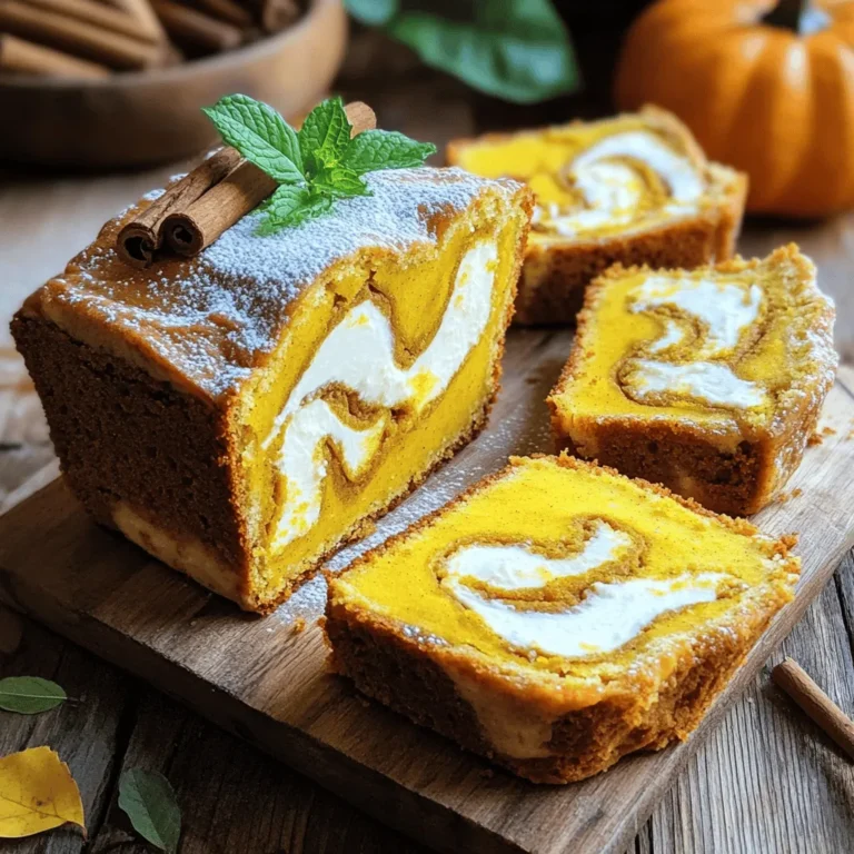 - 1 cup all-purpose flour - 1 teaspoon baking powder - 1 teaspoon baking soda - 1/2 teaspoon salt - 1 teaspoon ground cinnamon - 1/2 teaspoon ground nutmeg - 1/2 teaspoon ground ginger - 1 cup pumpkin puree - 1/2 cup vegetable oil - 2 large eggs - 1 teaspoon vanilla extract - 1/2 cup granulated sugar - 1/2 cup brown sugar, packed - 1/2 cup cream cheese, softened - 1/4 cup powdered sugar - 1 tablespoon milk When you start making the Pumpkin Cream Cheese Muffin Loaf, gather all the ingredients first. This helps you stay organized and ensures you don’t miss anything. For the dry ingredients, use a medium bowl. Mix the flour, baking powder, baking soda, salt, cinnamon, nutmeg, and ginger. These spices give the loaf its warm flavor. Each one plays a role in making the loaf taste festive and cozy. Next, for the wet ingredients, grab a large mixing bowl. Combine the pumpkin puree, vegetable oil, eggs, and vanilla extract. The pumpkin adds moisture and flavor. The oil helps keep the loaf soft. Now, we get to the sugars and cream cheese. In a separate bowl, beat together the cream cheese, granulated sugar, brown sugar, powdered sugar, and milk. This filling creates a creamy surprise in every slice. The cream cheese adds richness while the sugars bring sweetness. With these ingredients ready, you’ll have everything you need to create a delicious Pumpkin Cream Cheese Muffin Loaf. Each part works together to make your loaf moist, flavorful, and oh-so-satisfying. - Preheating the Oven Set your oven to 350°F (175°C). This heat helps your loaf rise and cook evenly. - Greasing or Lining the Loaf Pan Use a 9x5-inch loaf pan. Grease it with butter or oil. You can also line it with parchment paper to make slicing easier later. - Combining Dry Ingredients In a medium bowl, mix 1 cup flour, 1 teaspoon baking powder, 1 teaspoon baking soda, and 1/2 teaspoon salt. Add 1 teaspoon cinnamon, 1/2 teaspoon nutmeg, and 1/2 teaspoon ginger. Whisk these until they blend well. - Mixing Sugars and Wet Ingredients In a large bowl, combine 1/2 cup granulated sugar and 1/2 cup brown sugar. Add 1 cup pumpkin puree, 1/2 cup vegetable oil, 2 eggs, and 1 teaspoon vanilla. Mix until smooth and creamy. - Incorporating Dry Ingredients Slowly add your dry mix to the wet mix. Stir gently until just combined. It’s okay if the batter has some lumps. Overmixing can lead to a tough loaf. - Beating together Cream Cheese Ingredients In a separate bowl, beat together 1/2 cup cream cheese, 1/4 cup powdered sugar, and 1 tablespoon milk. Mix until it is smooth and creamy. - Layering the Batter and Cream Cheese Pour half of the pumpkin batter into the loaf pan. Use a spoon to add dollops of cream cheese filling on top. Then, spread it gently. Pour the rest of the pumpkin batter on top, covering the cream cheese. - Baking Duration and Temperature Place the loaf in your preheated oven. Bake for 50-60 minutes. Check with a toothpick. It should come out clean when the loaf is done. - Cooling Tips After baking, let the loaf cool in the pan for 10 minutes. Then, transfer it to a wire rack to cool completely. This helps keep the texture just right. Avoiding Overmixing When you mix the batter, do it gently. You want a few lumps to stay. Overmixing can make the loaf tough. Keep stirring until just combined for a soft texture. Checking Doneness To know if your loaf is done, use a toothpick. Insert it into the center. If it comes out clean, the loaf is ready. If it has batter on it, bake a bit longer. Presentation Ideas Slice the loaf and place it on a wooden board. This adds a rustic touch. Dust it lightly with powdered sugar for sweetness. It looks great and tastes even better. Garnishing Tips Add a sprig of mint on top for color. A cinnamon stick next to the slice adds charm. Use these small touches to impress your guests. Issues with Cream Cheese Filling Make sure your cream cheese is softened. If it's too cold, it won't mix well. This could lead to clumps in your filling. Beat it until smooth to avoid this. Overbaking Problems Keep an eye on your loaf as it bakes. Overbaking can dry it out. If you notice it browning too quickly, cover it loosely with foil. This helps it stay moist while cooking through. {{image_2}} You can make this muffin loaf even better! - Adding Nuts or Chocolate Chips: I love adding 1/2 cup of chopped nuts, like walnuts or pecans. They add crunch. You can also stir in 1/2 cup of chocolate chips for a sweet twist. - Using Different Spices: Feel free to mix up the spices! You can add allspice or cloves for extra warmth. A pinch of cardamom also gives a unique flavor. If you need to adjust the recipe, it’s easy! - Gluten-Free Suggestions: Use a gluten-free flour blend to replace all-purpose flour. Make sure it has a good binding agent. - Dairy-Free Modifications: Swap cream cheese with dairy-free cream cheese. Use almond or coconut milk in the filling for a tasty dairy-free treat. You can enjoy this loaf in different ways! - Serving as Muffins instead of Loaf: Pour the batter into muffin tins for quick muffins. Bake for 20-25 minutes. They’re perfect for breakfast or snacks! - Pairing with Spreads or Toppings: Try spreading butter or cream cheese on warm slices. A drizzle of honey or maple syrup also tastes great. To keep your pumpkin cream cheese muffin loaf fresh, wrap it in plastic wrap. Store it in an airtight container at room temperature. This way, it stays moist and tasty for up to three days. If you live in a warm place, keep it in the fridge. This helps it last longer but may dry it out slightly. For long-term storage, freezing is the best option. Once the loaf cools completely, wrap it tightly in plastic wrap. Then, place it in a freezer bag or container. It can stay fresh for up to three months in the freezer. When you’re ready to enjoy, just let it thaw in the fridge overnight. To reheat your loaf, you have two options: the microwave or the oven. - Microwave: Slice the loaf and place a piece on a microwave-safe plate. Heat for 15-20 seconds, checking often. This method is quick but may make it a bit soggy. - Oven: Preheat the oven to 350°F (175°C). Wrap the loaf in foil to keep it moist and heat for about 10-15 minutes. This method keeps the texture nice and fluffy. Choose the method that fits your time and taste! You can check if your loaf is done by inserting a toothpick into the center. If it comes out clean or with a few crumbs, it’s ready. If it has wet batter, bake it a bit longer. The top should look golden brown and spring back when touched. Yes, you can make this loaf ahead of time. Bake it and let it cool completely. Then, wrap it tightly in plastic wrap. Store it in the fridge for up to five days. This loaf tastes even better after a day or two as the flavors blend. If you don’t have pumpkin puree, you can use mashed sweet potatoes or butternut squash. Both options provide similar texture and flavor. Just make sure they are smooth and not too watery. You can also use store-bought pumpkin pie filling, but reduce the sugar in the recipe. At room temperature, the Pumpkin Cream Cheese Muffin Loaf lasts about three days. Keep it in an airtight container to keep it fresh. If it starts to dry out, you can warm slices in the microwave for a few seconds. Yes, you can use different sweeteners. You can swap granulated sugar for coconut sugar or honey. If using honey, reduce the liquid in the recipe slightly. Keep in mind that sweeteners like stevia may alter the loaf’s texture and taste. This blog post showed you how to make a tasty Pumpkin Cream Cheese Muffin Loaf. We went through each step, from the dry and wet ingredients to baking tips. You learned how to prepare the batter and the cream cheese filling. We covered storage tips and even answered common questions. Baking is fun, and this loaf is a great treat. Enjoy trying different flavors and sharing it with friends!
