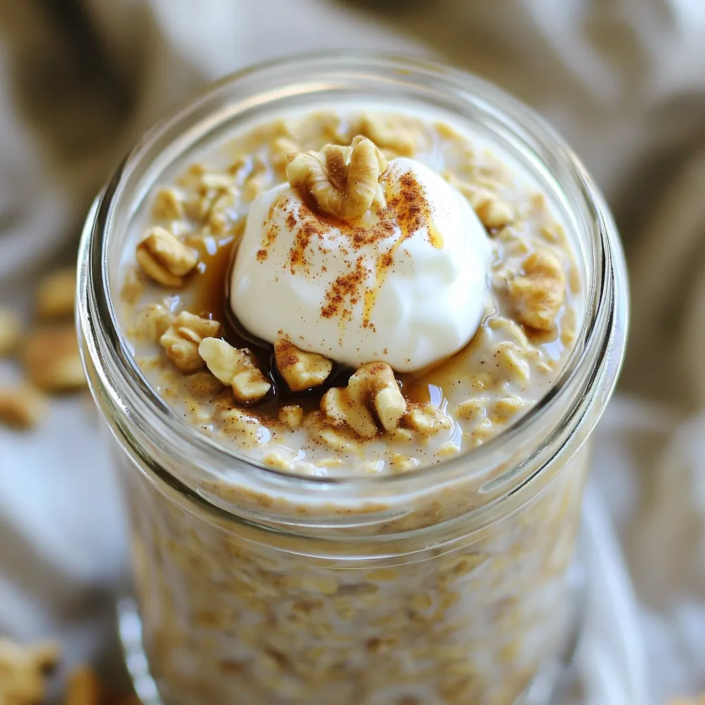 - 1 cup rolled oats - 1 cup unsweetened almond milk (or any milk of choice) - 1 scoop vanilla protein powder - 1 tablespoon chia seeds - 1 tablespoon maple syrup - 1 teaspoon ground cinnamon - 1/2 teaspoon vanilla extract - Pinch of salt - 2 tablespoons chopped walnuts (optional) - 2 tablespoons plain Greek yogurt (for topping) - Additional maple syrup for drizzling (optional) You can swap almond milk for any milk you like. Try coconut milk for a rich taste. If you want a nut-free option, use oat milk. Instead of walnuts, you can use pecans or leave them out. For sweetness, honey or agave syrup works well. You can skip protein powder if you prefer. Just add more oats for a thicker mix. Want a vegan version? Use plant-based yogurt on top. - Rolled oats are high in fiber. They help to keep you full longer. - Almond milk is low in calories and rich in vitamin E. - Protein powder boosts protein intake, great for muscle recovery. - Chia seeds add fiber and omega-3 fatty acids. They help with digestion and heart health. - Maple syrup gives natural sweetness and contains minerals like manganese. - Ground cinnamon can help manage blood sugar levels and adds flavor. - Greek yogurt is packed with protein and probiotics, aiding gut health. Using these ingredients creates a healthy and tasty breakfast that fuels your day! To make high-protein cinnamon roll overnight oats, gather your ingredients first. You need rolled oats, almond milk, protein powder, chia seeds, maple syrup, cinnamon, vanilla extract, a pinch of salt, and walnuts if you like. This recipe takes just 10 minutes to prep. It needs to chill for at least 4 hours, so plan ahead. 1. Start by adding rolled oats to a mixing bowl. 2. Pour in the unsweetened almond milk and add the protein powder. 3. Add chia seeds, maple syrup, ground cinnamon, vanilla extract, and salt. 4. Stir everything well to mix them together. Make sure there are no clumps of protein powder. 5. If you want, fold in the chopped walnuts. This adds great crunch. 6. Divide the mixture into two jars or containers. Seal the containers tightly and place them in the fridge overnight. This helps the oats and chia seeds soak up the liquid. In the morning, stir the oats well. If they are too thick, add a splash of milk. For serving, top with Greek yogurt for extra creaminess. You can drizzle more maple syrup on top if you like. Enjoy your oats directly from the jar or in a bowl! For the best texture, use rolled oats. They absorb liquid well and stay chewy. Combine all your ingredients well. This helps avoid clumps of protein powder. If you want a creamier mix, add a splash more almond milk in the morning. Stir it well before you eat. To boost flavor, consider adding some vanilla extract or a pinch of nutmeg. Both add warmth and depth. You can also use maple syrup to sweeten your oats. If you like nuts, add chopped walnuts for a crunchy bite. Fresh fruit like bananas or apples can also enhance the taste. These oats work great for meal prep. You can mix a few jars at once. Keep them sealed in the fridge for up to five days. This makes breakfast easy during busy mornings. Just grab a jar, stir, and enjoy! You can also experiment with different flavors each week. {{image_2}} You can change up the flavor of your oats easily. Want chocolate? Just add 2 tablespoons of cocoa powder to the mix. If you love peanut butter, swap out the maple syrup for 2 tablespoons of peanut butter. This adds a creamy texture and rich taste. If you need a vegan option, use plant-based protein powder and almond milk. Make sure to pick a maple syrup that is pure and vegan-friendly. For gluten-free oats, just choose certified gluten-free rolled oats. These swaps keep your recipe tasty and healthy. Toppings can make your oats even better. Try adding fresh fruit like bananas or berries. Chopped nuts add a nice crunch too. You can also sprinkle some cinnamon on top for extra flavor. A drizzle of honey or a dollop of nut butter will add sweetness and richness. Store your High-Protein Cinnamon Roll Overnight Oats in airtight containers. This keeps them fresh and prevents odors from other foods. Make sure the lids fit tightly. Always let the oats cool to room temperature before sealing. This helps avoid condensation that can make the oats soggy. When stored properly, the oats can last up to 5 days in the fridge. However, for the best taste and texture, I recommend eating them within 3 days. After that, they may become too soft. If you see any signs of spoilage, like a strange smell or color, throw them away. You can freeze your oatmeal for up to 3 months. Use freezer-safe containers or bags. When you're ready to eat them, move the container to the fridge to thaw overnight. If you need them fast, you can microwave them. Just add a splash of milk to restore creaminess after thawing. Don't forget to stir well before serving! Yes, you can use quick oats. They will absorb liquid faster. This will make the oats softer. If you prefer a smooth texture, quick oats work well. No, protein powder is not necessary. You can skip it if you want. However, adding protein powder boosts nutrition. It makes your breakfast more filling and satisfying. To make these oats vegan, use plant-based milk. Almond milk or oat milk works great. Also, skip the Greek yogurt or choose a vegan alternative. Yes, you can heat them up. Warm them in the microwave for a minute. Stir and check the heat before eating. Enjoy them warm if you prefer that. Chia seeds add fiber and protein. They help keep you full longer. They also provide healthy omega-3 fats. Plus, they help thicken the oats, giving a nice texture. In this blog post, we explored key ingredients, step-by-step instructions, and useful tips for making overnight oats. We also looked at variations to suit different tastes and dietary needs. By understanding the nutritional benefits and storage options, you can enjoy this healthy meal easily. Remember, customizing your oats makes them more fun and tasty. Whether you choose chocolate or peanut butter, don’t hesitate to experiment. With a little prep, overnight oats can become your go-to breakfast. Enjoy your delicious creations!