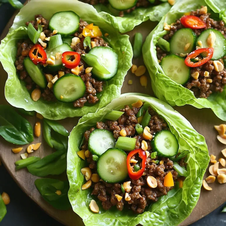 - 1 lb ground beef or ground chicken - 1 cup fresh Thai basil leaves - 1 head of butter lettuce or romaine lettuce - 3 cloves garlic, minced - 2 tablespoons ginger, minced - 1 tablespoon soy sauce - 1 tablespoon oyster sauce - 1 tablespoon fish sauce - 1 tablespoon brown sugar - 1-2 Thai bird chilies, finely chopped - Sliced cucumbers - 1/4 cup chopped green onions - Crushed peanuts The main ingredients in this dish are simple yet packed with flavor. Ground beef gives a hearty base. You can switch to ground chicken for a lighter bite. Fresh Thai basil adds a fragrant touch that brightens the dish. Butter lettuce or romaine lettuce serves as the perfect wrap, holding the tasty filling. For flavor enhancers, garlic and ginger bring depth. A mix of soy sauce, oyster sauce, and fish sauce adds umami. Brown sugar balances the flavors, while Thai bird chilies bring heat. Adjust the chilies according to your spice level. Finally, garnishes like sliced cucumbers add crunch, while chopped green onions offer freshness. Crushed peanuts add a nutty finish. Each ingredient plays a role in making these wraps a flavorful delight. First, heat a large skillet over medium-high heat. Add 1 pound of ground beef. Cook it for about 5 minutes. Use a spatula to break it apart as it cooks. You want it browned and crumbly. Once browned, check for excess fat. If there is too much, carefully drain it out. This keeps your wraps light and fresh. Next, add 3 minced cloves of garlic and 2 tablespoons of minced ginger to the skillet. Stir-fry them for about 1 to 2 minutes. You want the kitchen to smell fantastic! Then, reduce the heat to medium. Now, mix in 1 tablespoon each of soy sauce, oyster sauce, and fish sauce. Add 1 tablespoon of brown sugar and 1-2 finely chopped Thai bird chilies. Cook this mixture for another 2 minutes. The flavors will blend beautifully. Now it’s time to add the star of the show: 1 cup of chopped Thai basil leaves. Stir them in gently. Cook for just about 1 minute. The basil will wilt and add a great taste. Once done, remove the skillet from heat and let the mixture cool slightly. To serve, take a clean lettuce leaf, like butter or romaine. Spoon a generous amount of the beef mixture into the center. Garnish your wrap with sliced cucumbers, chopped green onions, and crushed peanuts. These toppings add crunch and flavor. Enjoy your wraps by folding the lettuce around the filling. Each bite is a tasty delight! To brown meat well, heat your skillet before adding ground beef. This helps get that nice, crispy edge. Stir the meat often, breaking it apart with a spatula. Aim for about five minutes. If the meat has too much fat, drain it after browning. This keeps the dish from being greasy. Adjust spice levels by starting with one Thai bird chili. You can always add more later. Taste the mixture as you go. This way, you can find the right heat for you. Choose quality basil for the best flavor. Look for vibrant green leaves with no brown spots. Fresh basil makes a big difference in taste. It adds that signature aroma to your wraps. Fresh vegetables are key too. Use crisp lettuce for the wraps. You want a nice crunch when you bite into them. Also, add fresh cucumbers for a cool, refreshing touch. Pair these wraps with dipping sauces like sweet chili or soy sauce. This adds more flavor and fun to each bite. You can have a small bowl for each person. For drinks, try iced tea or a light beer. Both choices complement the flavors well. They balance the spice and make for a complete meal. Enjoy your wraps with friends and family! {{image_2}} You can easily switch the protein in these wraps. Ground chicken or turkey works great. They offer a lighter taste while still keeping the dish full of flavor. If you want a meat-free option, try using mushrooms or tofu. Both can absorb flavors well. This way, you can enjoy a vegetarian or vegan version of these wraps. Feel free to customize the flavor. You can change the sauces or add your own spices. For a sweeter taste, add more brown sugar. If you enjoy heat, toss in extra Thai bird chilies. You can also add different vegetables. Try bell peppers, carrots, or snap peas for extra crunch. They will add color and nutrition to your wraps. Lettuce is the main wrap, but you can explore different options. Romaine or butter lettuce works best. They provide a nice, crisp texture. You can also try rice paper or other wraps. Rice paper gives a chewy texture, making it fun to eat. These options allow you to mix it up and enjoy your meal in many ways. To store unassembled wraps, keep the beef mixture in an airtight container. Place the lettuce leaves in a separate bag. This helps them stay crisp and fresh. When stored properly, the beef mixture lasts about three days in the fridge. To keep leftovers fresh, let the beef cool before sealing it. This prevents moisture buildup. Store any extra garnishes, like cucumbers and peanuts, in separate containers. Freezing the beef mixture is a great option for meal prep. Allow it to cool fully, then transfer it to a freezer-safe bag. Remove as much air as possible to avoid freezer burn. It can last up to three months in the freezer. For the best reheating methods, thaw the mixture in the fridge overnight. Heat it in a skillet over medium heat until warmed through. Add a splash of water to keep it moist. You can also microwave it, but check every minute to prevent drying out. Ground beef lasts in the fridge for 1-2 days after you buy it. After you cook it, it stays good for 3-4 days. Fresh Thai basil lasts about a week in the fridge. Look for vibrant green leaves without brown spots. Signs of spoilage include a sour smell or off-color. If you notice any slimy textures, it's best to throw it away. Always trust your senses to ensure your meal is safe to eat. Yes, you can make these wraps ahead of time. Prepare the beef mixture and store it in an airtight container in the fridge. It will stay fresh for up to three days. You can also wash and separate the lettuce leaves. Keep them in a damp paper towel inside a plastic bag. This keeps them crisp. When you're ready to serve, just reheat the beef mixture in a pan. Then, fill the lettuce leaves and add your garnishes. This method saves time and keeps your meal fresh. These wraps are tasty on their own, but sides enhance the meal. Here are some great pairings: - Thai jasmine rice: It’s light and fluffy, perfect for soaking up flavors. - Spring rolls: Fresh or fried, they add a nice crunch. - Coconut soup: A warm soup adds warmth to your meal. - Edamame: These provide protein and are fun to eat. - Pickled vegetables: They add tang and balance the flavors. These sides make the meal complete and satisfying. If you can’t find fresh Thai basil, there are good alternatives. Sweet basil works well for a milder taste. Cilantro adds a fresh note, though it has a different flavor. If you want a spicier kick, try mint. You can also use dried herbs, but they are less fragrant. Use one-third of the amount when using dried herbs. Fresh herbs make a big difference in taste, so choose wisely! Making Minute Thai Basil Beef Lettuce Wraps is simple and delicious. We went through the main ingredients and learned how to prepare them perfectly. You can adjust flavors to suit your taste and try different proteins for variety. Storing tips ensure your wraps stay fresh. Enjoying these wraps can bring a burst of flavor to any meal. You have all the tools to create a tasty dish that friends and family will love. Embrace the flavors and make it your own!