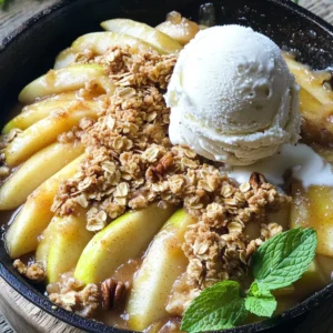 To make this Apple Crisp Skillet, gather these ingredients: - 4 large apples (Granny Smith or Honeycrisp), peeled and sliced - 1 cup rolled oats - 1/2 cup brown sugar, packed - 1/2 cup all-purpose flour - 1/3 cup unsalted butter, melted - 1 teaspoon ground cinnamon - 1/2 teaspoon ground nutmeg - 1/4 teaspoon salt - 1 teaspoon vanilla extract - 1 cup chopped nuts (walnuts or pecans) - Vanilla ice cream for serving You can swap ingredients for a twist on flavor: - Use any tart apple, like Fuji or Braeburn. - Replace brown sugar with coconut sugar for a different taste. - Try almond flour instead of all-purpose flour for a nutty touch. - Use coconut oil in place of unsalted butter for a dairy-free option. - Omit nuts if you prefer a nut-free dish. Choosing the right apples makes a big difference. Look for apples that are firm and free from bruises. Granny Smith apples give a nice tartness, while Honeycrisp offers sweetness. If you want balance, mix both types. Fresh apples yield better flavor and texture. Always check for bright skin; dull skin can mean they're past their best. Enjoy picking the best apples for your crisp! First, gather your ingredients. You need four large apples. I like Granny Smith or Honeycrisp for their tartness. Peel and slice them thinly. Next, take a large bowl. Add the sliced apples, one teaspoon of cinnamon, half a teaspoon of nutmeg, a pinch of salt, and one teaspoon of vanilla extract. Toss everything together. This makes sure the apples are well coated. Now, take a large skillet. Preheat your oven to 350°F (175°C). Lightly grease the skillet using non-stick spray. Spread the apple mixture evenly in the skillet. In another bowl, mix one cup of rolled oats, half a cup of brown sugar, half a cup of flour, and one cup of chopped nuts. I prefer walnuts or pecans, but you can use what you like. Pour a third of a cup of melted butter over the oat mix. Stir until it looks crumbly. Now, sprinkle this oat topping over the apples in the skillet. Bake it in the oven for 30 to 35 minutes. You want the apples to be tender and the topping to turn golden brown. After baking, take it out of the oven. Let it cool for about 10 minutes. It’s perfect warm, served right from the skillet. Add a generous scoop of vanilla ice cream on top. You can even drizzle some caramel sauce over it if you want. For a nice touch, add fresh mint leaves to garnish. This makes your dish look amazing and even more inviting! To make a great crisp topping, use a mix of oats, brown sugar, flour, and nuts. I like walnuts or pecans for a nice crunch. Combine them in a bowl, then pour melted butter on top. Mix it until it looks crumbly. This texture gives a nice bite when baked. Spices make your apple crisp pop. I always use cinnamon and nutmeg. They add warmth and depth. Just one teaspoon of cinnamon brings a lot of flavor. Don’t forget the nutmeg; it adds a unique twist. A pinch of salt balances the sweetness, making every bite tasty. For the best apple texture, choose firm apples like Granny Smith or Honeycrisp. These hold up well when baking and add a nice tartness. Slice them thinly so they cook evenly. Mixing the apples with the spices before baking helps them soak up all the flavors. Bake until they are tender but not mushy. This way, they will be juicy and delicious in your crisp. {{image_2}} You can mix it up with various fruits. Pears are a great choice. Their sweet and juicy texture pairs well with apples. You can also try berries, like blueberries or raspberries. These add a nice tartness. Just remember, if you add soft fruits, reduce the baking time. This keeps them from getting mushy. If you need a gluten-free version, swap the all-purpose flour. Use almond flour or oat flour instead. They work well and keep the crisp tasty. Also, check your oats. Make sure they are certified gluten-free. This way, you can enjoy this dish without worry. To make this dish vegan, replace the butter with coconut oil or vegan butter. Use maple syrup instead of brown sugar for sweetness. You can also skip the ice cream or choose a plant-based version. This way, everyone can enjoy this tasty dessert! After you enjoy your apple crisp, you may have some left. Store it in an airtight container. This keeps it fresh and tasty. Place it in the fridge. It can last for about 3 to 5 days. To warm up your leftovers, use the oven. Preheat it to 350°F (175°C). Place the apple crisp in a baking dish. Cover it with foil to keep it from drying out. Heat for about 15 to 20 minutes. You can also use a microwave. Heat it for about 30 seconds to 1 minute. If you want to save your apple crisp for later, freezing works well. Let it cool completely first. Cover it tightly with plastic wrap and then foil. It can stay in the freezer for up to 3 months. When ready to enjoy, thaw it in the fridge overnight. Then, reheat it as mentioned above. Yes, you can use pre-made apple filling. It saves time and effort. Just spread it in your skillet. Then, add your crisp topping as usual. You can prepare the apple mixture and topping ahead. Store them separately in the fridge. When ready, assemble in the skillet and bake. This method keeps the crisp topping fresh and crunchy. Granny Smith and Honeycrisp are my top choices. They balance sweetness and tartness well. You can also try Fuji or Braeburn for extra flavor. The key is to use firm apples that hold their shape when baked. Absolutely, you can skip the nuts. Just prepare the topping without them. It will still taste great and be crunchy. Use oats and butter for the crispiness you love. Serve the crisp warm from the skillet. Top it with a generous scoop of vanilla ice cream. The cold ice cream melts slightly on the warm crisp. Add a drizzle of caramel sauce for extra sweetness. Enjoy this delightful treat! In this article, we covered all you need for a delicious apple crisp. We explored key ingredients, including substitutions and tips for picking the best apples. I shared step-by-step methods from prep to serving suggestions. You learned ways to perfect your topping and enhance flavors. We discussed variations like gluten-free and vegan options and provided storage tips for leftovers. Now, you can create an apple crisp that fits your taste. Enjoy making it your own!