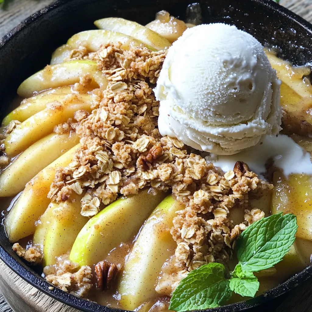 To make this Apple Crisp Skillet, gather these ingredients: - 4 large apples (Granny Smith or Honeycrisp), peeled and sliced - 1 cup rolled oats - 1/2 cup brown sugar, packed - 1/2 cup all-purpose flour - 1/3 cup unsalted butter, melted - 1 teaspoon ground cinnamon - 1/2 teaspoon ground nutmeg - 1/4 teaspoon salt - 1 teaspoon vanilla extract - 1 cup chopped nuts (walnuts or pecans) - Vanilla ice cream for serving You can swap ingredients for a twist on flavor: - Use any tart apple, like Fuji or Braeburn. - Replace brown sugar with coconut sugar for a different taste. - Try almond flour instead of all-purpose flour for a nutty touch. - Use coconut oil in place of unsalted butter for a dairy-free option. - Omit nuts if you prefer a nut-free dish. Choosing the right apples makes a big difference. Look for apples that are firm and free from bruises. Granny Smith apples give a nice tartness, while Honeycrisp offers sweetness. If you want balance, mix both types. Fresh apples yield better flavor and texture. Always check for bright skin; dull skin can mean they're past their best. Enjoy picking the best apples for your crisp! First, gather your ingredients. You need four large apples. I like Granny Smith or Honeycrisp for their tartness. Peel and slice them thinly. Next, take a large bowl. Add the sliced apples, one teaspoon of cinnamon, half a teaspoon of nutmeg, a pinch of salt, and one teaspoon of vanilla extract. Toss everything together. This makes sure the apples are well coated. Now, take a large skillet. Preheat your oven to 350°F (175°C). Lightly grease the skillet using non-stick spray. Spread the apple mixture evenly in the skillet. In another bowl, mix one cup of rolled oats, half a cup of brown sugar, half a cup of flour, and one cup of chopped nuts. I prefer walnuts or pecans, but you can use what you like. Pour a third of a cup of melted butter over the oat mix. Stir until it looks crumbly. Now, sprinkle this oat topping over the apples in the skillet. Bake it in the oven for 30 to 35 minutes. You want the apples to be tender and the topping to turn golden brown. After baking, take it out of the oven. Let it cool for about 10 minutes. It’s perfect warm, served right from the skillet. Add a generous scoop of vanilla ice cream on top. You can even drizzle some caramel sauce over it if you want. For a nice touch, add fresh mint leaves to garnish. This makes your dish look amazing and even more inviting! To make a great crisp topping, use a mix of oats, brown sugar, flour, and nuts. I like walnuts or pecans for a nice crunch. Combine them in a bowl, then pour melted butter on top. Mix it until it looks crumbly. This texture gives a nice bite when baked. Spices make your apple crisp pop. I always use cinnamon and nutmeg. They add warmth and depth. Just one teaspoon of cinnamon brings a lot of flavor. Don’t forget the nutmeg; it adds a unique twist. A pinch of salt balances the sweetness, making every bite tasty. For the best apple texture, choose firm apples like Granny Smith or Honeycrisp. These hold up well when baking and add a nice tartness. Slice them thinly so they cook evenly. Mixing the apples with the spices before baking helps them soak up all the flavors. Bake until they are tender but not mushy. This way, they will be juicy and delicious in your crisp. {{image_2}} You can mix it up with various fruits. Pears are a great choice. Their sweet and juicy texture pairs well with apples. You can also try berries, like blueberries or raspberries. These add a nice tartness. Just remember, if you add soft fruits, reduce the baking time. This keeps them from getting mushy. If you need a gluten-free version, swap the all-purpose flour. Use almond flour or oat flour instead. They work well and keep the crisp tasty. Also, check your oats. Make sure they are certified gluten-free. This way, you can enjoy this dish without worry. To make this dish vegan, replace the butter with coconut oil or vegan butter. Use maple syrup instead of brown sugar for sweetness. You can also skip the ice cream or choose a plant-based version. This way, everyone can enjoy this tasty dessert! After you enjoy your apple crisp, you may have some left. Store it in an airtight container. This keeps it fresh and tasty. Place it in the fridge. It can last for about 3 to 5 days. To warm up your leftovers, use the oven. Preheat it to 350°F (175°C). Place the apple crisp in a baking dish. Cover it with foil to keep it from drying out. Heat for about 15 to 20 minutes. You can also use a microwave. Heat it for about 30 seconds to 1 minute. If you want to save your apple crisp for later, freezing works well. Let it cool completely first. Cover it tightly with plastic wrap and then foil. It can stay in the freezer for up to 3 months. When ready to enjoy, thaw it in the fridge overnight. Then, reheat it as mentioned above. Yes, you can use pre-made apple filling. It saves time and effort. Just spread it in your skillet. Then, add your crisp topping as usual. You can prepare the apple mixture and topping ahead. Store them separately in the fridge. When ready, assemble in the skillet and bake. This method keeps the crisp topping fresh and crunchy. Granny Smith and Honeycrisp are my top choices. They balance sweetness and tartness well. You can also try Fuji or Braeburn for extra flavor. The key is to use firm apples that hold their shape when baked. Absolutely, you can skip the nuts. Just prepare the topping without them. It will still taste great and be crunchy. Use oats and butter for the crispiness you love. Serve the crisp warm from the skillet. Top it with a generous scoop of vanilla ice cream. The cold ice cream melts slightly on the warm crisp. Add a drizzle of caramel sauce for extra sweetness. Enjoy this delightful treat! In this article, we covered all you need for a delicious apple crisp. We explored key ingredients, including substitutions and tips for picking the best apples. I shared step-by-step methods from prep to serving suggestions. You learned ways to perfect your topping and enhance flavors. We discussed variations like gluten-free and vegan options and provided storage tips for leftovers. Now, you can create an apple crisp that fits your taste. Enjoy making it your own!