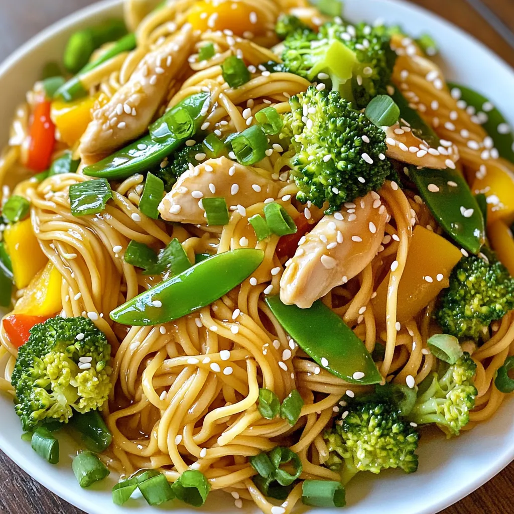 - 2 boneless, skinless chicken breasts, thinly sliced - 8 ounces egg noodles - 1 cup broccoli florets - 1 bell pepper (any color), sliced - 1 cup snap peas - 1/3 cup honey - 1/4 cup soy sauce (low-sodium) - 3 cloves garlic, minced - 1 tablespoon fresh ginger, grated - 2 tablespoons sesame oil - 2 tablespoons vegetable oil - 1 tablespoon cornstarch mixed with 2 tablespoons water (for thickening) To make my Honey Garlic Chicken Noodle Stir Fry, I focus on fresh and vibrant ingredients. First, I slice the chicken breasts thinly. This helps them cook fast and stay juicy. Next, I grab my egg noodles. They add a nice, chewy texture. For the veggies, I choose broccoli, bell pepper, and snap peas. These add color and crunch. Plus, they pack a healthy punch. I love the mix of flavors they bring. Now, let’s talk sauce. I whisk together honey, soy sauce, garlic, and ginger. This mix creates a sweet and savory taste. The honey gives it a nice glaze. The garlic and ginger add warmth. I also use sesame oil and vegetable oil. They help with cooking and add depth to the dish. Finally, I add cornstarch mixed with water. This thickens the sauce and makes it cling to the noodles and chicken. These ingredients come together to create a quick and tasty meal. You can easily find them at your local store. Enjoy cooking! First, cook the egg noodles. Follow the package directions for best results. Typically, this takes about 5-7 minutes. Once they are soft, drain the noodles and set them aside. You want them ready for the stir fry. Next, grab a small bowl. Whisk together the honey, soy sauce, minced garlic, and grated ginger. Don't forget to add the cornstarch mixed with water. This will help thicken the sauce. Set this mix aside for later. Now, heat vegetable oil in a large skillet over medium-high heat. Add the sliced chicken breasts. Season them with salt and pepper. Stir-fry for about 5-7 minutes. You want the chicken to turn golden and cook through. Once done, remove it from the skillet and set it aside. In the same skillet, add sesame oil. Toss in the broccoli, bell pepper, and snap peas. Stir-fry these for about 3-4 minutes. They should be tender-crisp and bright in color. Return the chicken to the skillet. Pour the honey garlic sauce over everything. Toss well to coat the chicken and vegetables. Add the cooked egg noodles next. Mix everything together until it's heated through. This should take about 2-3 minutes. Taste and adjust seasoning if needed. Serve warm, and enjoy your tasty meal! To get tender-crisp vegetables, heat your skillet well before adding them. Use medium-high heat so they cook fast. Add the vegetables in a single layer to avoid steaming. Stir them often for even cooking. Broccoli, bell peppers, and snap peas should stay bright and crunchy. They only need about 3-4 minutes in the skillet. Seasoning is key in stir fry. After cooking the chicken, taste it. If it feels bland, add more salt or pepper. You can also try a splash of soy sauce for extra depth. If you love spice, add a bit of red pepper flakes or sriracha. The honey garlic sauce brings sweetness, so balance is vital. Stir-frying is a quick method. Use a large skillet or wok for the best results. Make sure the oil is hot before adding ingredients. This helps to lock in flavors. Do not overcrowd the pan; cook in batches if needed. Toss the ingredients often to ensure they cook evenly. This technique keeps everything juicy and delicious. {{image_2}} You can switch up the chicken for different proteins. Shrimp cooks fast and adds a nice flavor. Tofu is a great choice for a vegetarian option. It soaks up the sauce well. Beef adds a hearty taste to the dish. Just slice it thin and cook it until brown. Each protein brings its own unique twist to the honey garlic sauce. Egg noodles are popular, but there are other choices. Rice noodles are gluten-free and have a nice chew. Soba noodles, made from buckwheat, add a nutty flavor. You can also use whole wheat noodles for a healthier twist. Each type of noodle will change the texture of your stir fry. Feel free to mix in different veggies. Carrots add sweetness and color. Zucchini is great for a mild flavor and crunch. You can also try mushrooms for an earthy taste. Spinach wilts nicely and adds nutrients. Use whatever you have on hand to make this dish your own! To store leftovers safely, let the stir fry cool down. Place it in an airtight container. Refrigerate it within two hours of cooking. This keeps it fresh for up to three days. If you plan to eat it later, make sure to label the container with the date. To reheat your stir fry, use a skillet over medium heat. Add a splash of water or broth. This helps keep the texture. Stir the mix gently until hot. You can also use a microwave. Heat it in short intervals, stirring in between. This prevents uneven heating. Yes, you can freeze this dish! To do so, let it cool completely. Place it in a freezer-safe container. It will stay good for up to three months. When ready to eat, thaw it overnight in the fridge. Reheat it on the stove or in the microwave. The total cooking time is 25 minutes. Here’s how it breaks down: - Prep time: 10 minutes to gather and prepare ingredients. - Cooking time: 15 minutes to cook chicken, vegetables, and noodles. This quick method keeps flavors fresh and vibrant. Yes, you can make this dish ahead of time. Prepare the chicken and vegetables. Store them in the fridge. Cook the noodles fresh when you are ready to eat. It tastes best when made fresh, but it can last in the fridge for 2-3 days. This recipe is not gluten-free due to the soy sauce. You can use tamari or coconut aminos for a gluten-free option. Check the labels to be sure. Substitute the egg noodles with rice noodles or zucchini noodles to keep it gluten-free. Enjoy the same tasty flavors without the gluten! You learned how to create a delicious honey garlic chicken noodle stir fry. We covered the main ingredients like chicken, egg noodles, and colorful veggies. I walked you through making a tasty sauce and shared tips for perfecting your dish. You can even switch up proteins or veggies and store leftovers easily. Now you are ready to enjoy a flavorful meal anytime! Cooking can be fun and simple with the right steps. Dive into your kitchen and try this recipe. Happy cooking!