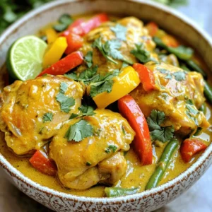 - 2 lbs boneless, skinless chicken thighs, cut into bite-sized pieces - 1 can (13.5 oz) coconut milk - 1 cup chicken broth - 1 large onion, chopped - 3 cloves garlic, minced - 1 tablespoon fresh ginger, grated - 2 tablespoons red curry paste - 1 tablespoon fish sauce (optional, for depth of flavor) - 1 cup bell peppers, sliced (red and yellow for color) - 1 cup green beans, trimmed - 1 tablespoon brown sugar - Juice of 1 lime - Fresh cilantro, for garnish - Salt and pepper to taste Adding a few extras can boost the taste. Consider using: - 1 tablespoon of soy sauce for umami - 1 teaspoon of chili flakes for spice - A splash of lime juice for brightness These options can elevate the dish further, making it truly your own. Fresh herbs add a pop of color and taste. I recommend: - Cilantro for a fresh, citrusy note - Basil for a sweet, aromatic flavor - Mint for a cool contrast Sprinkling these herbs on top of your curry can make your dish look and taste even better. Enjoy the process of making this dish your own! Start by gathering your ingredients. You will need chicken thighs, coconut milk, chicken broth, onion, garlic, ginger, red curry paste, and bell peppers. 1. Chop the onion into small pieces. 2. Mince the garlic into fine bits. 3. Grate the ginger to release its flavor. 4. Slice the bell peppers into thin strips. These steps help build a strong flavor base for the curry. Now, let’s get cooking! 1. In your slow cooker, add the chopped onion, minced garlic, and grated ginger. Mix them well. 2. Place the bite-sized chicken pieces on top. 3. Season the chicken with salt and pepper to taste. 4. In a bowl, whisk together the coconut milk, chicken broth, red curry paste, fish sauce, and brown sugar. This mix brings all the flavors together. 5. Pour this mixture over the chicken and onions, ensuring it covers them well. 6. Add the sliced bell peppers and green beans. Gently stir to mix everything. 7. Cover the slow cooker and set it to low for 6-7 hours or high for 3-4 hours. The chicken should be tender when done. When the cooking time is up, it’s time for the last steps. 1. Stir in the lime juice to brighten the flavors. 2. Taste and adjust the seasoning if needed. 3. Serve the curry over steamed rice or quinoa. 4. Don’t forget to garnish with fresh cilantro for a pop of color and fresh flavor. Enjoy your delicious coconut curry chicken! To get the most flavor from your slow cooker coconut curry chicken, follow these tips: - Use fresh ingredients: Fresh ginger and garlic add a bright taste. - Pick quality chicken: Boneless, skinless thighs stay juicy and tender in the slow cooker. - Mix the curry paste well: Blend it well with coconut milk for even flavor. - Add fish sauce: Though optional, it deepens the flavor. - Finish with lime juice: This adds a fresh zing right before serving. Here are some mistakes to steer clear of: - Don't skip browning the chicken: While not necessary, browning adds a rich layer of flavor. - Avoid overcooking: Cooking too long can dry out the chicken. Check for doneness around 3 hours on high. - Don’t forget to taste: Always taste and adjust seasoning before serving. - Skip the salt until the end: Adding salt too early can make the dish too salty. Having the right tools makes cooking easier: - Slow cooker: A good quality slow cooker ensures even cooking. - Cutting board and knife: A sharp knife makes chopping quick and easy. - Measuring cups and spoons: Precision helps maintain flavor balance. - Whisk: Use a whisk to blend the curry paste and coconut milk well. - Ladle: A ladle helps serve this rich curry without mess. These tips will help you create a delicious and flavorful dish that impresses everyone. {{image_2}} You can switch chicken with other proteins. Try using shrimp or tofu. Shrimp cooks fast, so add it in the last hour. Tofu gives a nice texture and soaks up the curry flavor. Use firm tofu and cut it into cubes. You can also use pork, but cook it longer for tender meat. To make this dish vegetarian or vegan, skip the chicken. Use chickpeas instead. They add protein and a creamy texture. You can also use a mix of vegetables, like carrots and zucchini. These will soak up the curry flavor well. This way, everyone can enjoy the dish. Boost the nutrition of your curry with add-ins. Try adding spinach or kale for greens. These will wilt nicely into the sauce. Carrots add sweetness and crunch. You can also add lentils for extra fiber. Just make sure they are cooked before adding to the slow cooker. These simple changes make your meal even better. After you enjoy your coconut curry chicken, let it cool. Then, put it in an airtight container. Store it in the fridge. It stays good for 3 to 4 days. If you see any signs of spoilage, throw it away. Always check before eating. To freeze, use a freezer-safe container. Leave some space at the top. The curry will expand when it freezes. Label the container with the date. You can freeze it for up to 3 months. When you're ready to eat, thaw it in the fridge overnight. For reheating, you can use the microwave or the stove. If using the microwave, heat it in short bursts. Stir between bursts for even heating. If using the stove, warm it in a pot over low heat. Add a splash of chicken broth if it looks thick. Enjoy your meal again! Yes, you can use frozen chicken. Just add the frozen pieces directly to the slow cooker. Cooking time may increase by one to two hours. Always check that the chicken reaches 165°F for safety. You can use almond milk or soy milk for a dairy-free option. For creaminess, add a bit of nut butter or silken tofu. These options change the flavor but can still taste good. To amp up the heat, add more red curry paste. You can also add chopped fresh chilies or a pinch of cayenne pepper. Adjust slowly to find your perfect spice level. This blog post covered the key ingredients needed for a delicious dish. We walked through step-by-step cooking instructions, ensuring the best flavor and common mistakes to avoid. You learned about tasty variations, storage tips, and answers to frequently asked questions. Cooking can be fun and rewarding. With these tips, you can enjoy every bite. Experiment with flavors and find what you love best. Let's make your next meal a hit!