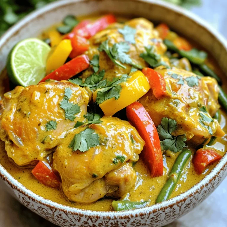 - 2 lbs boneless, skinless chicken thighs, cut into bite-sized pieces - 1 can (13.5 oz) coconut milk - 1 cup chicken broth - 1 large onion, chopped - 3 cloves garlic, minced - 1 tablespoon fresh ginger, grated - 2 tablespoons red curry paste - 1 tablespoon fish sauce (optional, for depth of flavor) - 1 cup bell peppers, sliced (red and yellow for color) - 1 cup green beans, trimmed - 1 tablespoon brown sugar - Juice of 1 lime - Fresh cilantro, for garnish - Salt and pepper to taste Adding a few extras can boost the taste. Consider using: - 1 tablespoon of soy sauce for umami - 1 teaspoon of chili flakes for spice - A splash of lime juice for brightness These options can elevate the dish further, making it truly your own. Fresh herbs add a pop of color and taste. I recommend: - Cilantro for a fresh, citrusy note - Basil for a sweet, aromatic flavor - Mint for a cool contrast Sprinkling these herbs on top of your curry can make your dish look and taste even better. Enjoy the process of making this dish your own! Start by gathering your ingredients. You will need chicken thighs, coconut milk, chicken broth, onion, garlic, ginger, red curry paste, and bell peppers. 1. Chop the onion into small pieces. 2. Mince the garlic into fine bits. 3. Grate the ginger to release its flavor. 4. Slice the bell peppers into thin strips. These steps help build a strong flavor base for the curry. Now, let’s get cooking! 1. In your slow cooker, add the chopped onion, minced garlic, and grated ginger. Mix them well. 2. Place the bite-sized chicken pieces on top. 3. Season the chicken with salt and pepper to taste. 4. In a bowl, whisk together the coconut milk, chicken broth, red curry paste, fish sauce, and brown sugar. This mix brings all the flavors together. 5. Pour this mixture over the chicken and onions, ensuring it covers them well. 6. Add the sliced bell peppers and green beans. Gently stir to mix everything. 7. Cover the slow cooker and set it to low for 6-7 hours or high for 3-4 hours. The chicken should be tender when done. When the cooking time is up, it’s time for the last steps. 1. Stir in the lime juice to brighten the flavors. 2. Taste and adjust the seasoning if needed. 3. Serve the curry over steamed rice or quinoa. 4. Don’t forget to garnish with fresh cilantro for a pop of color and fresh flavor. Enjoy your delicious coconut curry chicken! To get the most flavor from your slow cooker coconut curry chicken, follow these tips: - Use fresh ingredients: Fresh ginger and garlic add a bright taste. - Pick quality chicken: Boneless, skinless thighs stay juicy and tender in the slow cooker. - Mix the curry paste well: Blend it well with coconut milk for even flavor. - Add fish sauce: Though optional, it deepens the flavor. - Finish with lime juice: This adds a fresh zing right before serving. Here are some mistakes to steer clear of: - Don't skip browning the chicken: While not necessary, browning adds a rich layer of flavor. - Avoid overcooking: Cooking too long can dry out the chicken. Check for doneness around 3 hours on high. - Don’t forget to taste: Always taste and adjust seasoning before serving. - Skip the salt until the end: Adding salt too early can make the dish too salty. Having the right tools makes cooking easier: - Slow cooker: A good quality slow cooker ensures even cooking. - Cutting board and knife: A sharp knife makes chopping quick and easy. - Measuring cups and spoons: Precision helps maintain flavor balance. - Whisk: Use a whisk to blend the curry paste and coconut milk well. - Ladle: A ladle helps serve this rich curry without mess. These tips will help you create a delicious and flavorful dish that impresses everyone. {{image_2}} You can switch chicken with other proteins. Try using shrimp or tofu. Shrimp cooks fast, so add it in the last hour. Tofu gives a nice texture and soaks up the curry flavor. Use firm tofu and cut it into cubes. You can also use pork, but cook it longer for tender meat. To make this dish vegetarian or vegan, skip the chicken. Use chickpeas instead. They add protein and a creamy texture. You can also use a mix of vegetables, like carrots and zucchini. These will soak up the curry flavor well. This way, everyone can enjoy the dish. Boost the nutrition of your curry with add-ins. Try adding spinach or kale for greens. These will wilt nicely into the sauce. Carrots add sweetness and crunch. You can also add lentils for extra fiber. Just make sure they are cooked before adding to the slow cooker. These simple changes make your meal even better. After you enjoy your coconut curry chicken, let it cool. Then, put it in an airtight container. Store it in the fridge. It stays good for 3 to 4 days. If you see any signs of spoilage, throw it away. Always check before eating. To freeze, use a freezer-safe container. Leave some space at the top. The curry will expand when it freezes. Label the container with the date. You can freeze it for up to 3 months. When you're ready to eat, thaw it in the fridge overnight. For reheating, you can use the microwave or the stove. If using the microwave, heat it in short bursts. Stir between bursts for even heating. If using the stove, warm it in a pot over low heat. Add a splash of chicken broth if it looks thick. Enjoy your meal again! Yes, you can use frozen chicken. Just add the frozen pieces directly to the slow cooker. Cooking time may increase by one to two hours. Always check that the chicken reaches 165°F for safety. You can use almond milk or soy milk for a dairy-free option. For creaminess, add a bit of nut butter or silken tofu. These options change the flavor but can still taste good. To amp up the heat, add more red curry paste. You can also add chopped fresh chilies or a pinch of cayenne pepper. Adjust slowly to find your perfect spice level. This blog post covered the key ingredients needed for a delicious dish. We walked through step-by-step cooking instructions, ensuring the best flavor and common mistakes to avoid. You learned about tasty variations, storage tips, and answers to frequently asked questions. Cooking can be fun and rewarding. With these tips, you can enjoy every bite. Experiment with flavors and find what you love best. Let's make your next meal a hit!