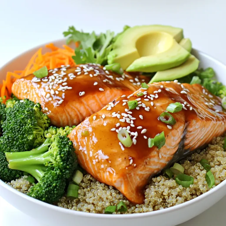 To make Honey Garlic Salmon Bowls, gather these items: - 2 salmon fillets (6 ounces each) - 2 tablespoons honey - 2 tablespoons soy sauce (or tamari for gluten-free) - 2 cloves garlic, minced - 1 teaspoon grated ginger - 2 cups cooked quinoa - 1 cup steamed broccoli florets - 1/2 cup shredded carrots - 1 avocado, sliced - Sesame seeds for garnish - Green onions, chopped, for garnish - Salt and pepper to taste This dish offers a great balance of nutrients. Each serving provides protein from salmon, fiber from quinoa and veggies, and healthy fats from avocado. - Calories: About 550 - Protein: 35g - Fat: 25g - Carbohydrates: 50g - Fiber: 10g - Sugar: 8g These values may vary based on specific brands and portion sizes. I love to keep this dish simple, but you can add more flavor. Try these seasonings: - Lemon zest for a fresh twist - Chili flakes for some heat - Fresh herbs like cilantro or parsley for brightness Adjust the flavors to suit your taste. Enjoy experimenting! To start, get a small bowl. In this bowl, whisk together 2 tablespoons of honey, 2 tablespoons of soy sauce, 2 cloves of minced garlic, and 1 teaspoon of grated ginger. This mix will make a sweet and savory sauce. It adds a lot of flavor to the salmon. Make sure all the ingredients blend well. Set this aside; you’ll use it soon. Next, we need to cook the salmon. Preheat a non-stick skillet over medium-high heat. While it heats, season 2 salmon fillets with salt and pepper on both sides. Once the skillet is hot, place the salmon in it, skin-side down. Pour half of the marinade over the salmon. Cook it for about 4 to 5 minutes. Flip the fillets carefully and pour the rest of the marinade on top. Cook for another 3 to 4 minutes. The salmon is ready when it flakes easily with a fork. Now, it’s time to put everything together. Grab serving bowls and layer in the cooked quinoa first. Add the steamed broccoli and shredded carrots next. Slice the avocado and place pieces on top. Finally, add a salmon fillet to each bowl. Drizzle the delicious pan sauce over the salmon. For the finishing touch, sprinkle sesame seeds and chopped green onions on top. This makes each bowl look bright and tasty. Enjoy your meal while it’s warm! To save time, you can prep your ingredients ahead. Cook the quinoa and steam the broccoli the day before. Store them in the fridge. This way, you just need to heat them up. You can also make the marinade ahead. Keep it in a jar, and it will stay fresh for a week. When you are ready to cook, just grab everything. This makes the process quick and easy. For the best salmon, always use a non-stick skillet. Heat it well before adding the fish. This helps to get a nice sear. Always cook the salmon skin-side down first. This keeps the fish moist and flavorful. When flipping, be gentle to avoid breaking the fillet. Cook until the salmon flakes easily with a fork. This means it’s done and perfect to eat. To make your Honey Garlic Salmon Bowls look great, use a colorful array of ingredients. Start with a base of quinoa. Add bright broccoli and vibrant carrots. Place the salmon neatly on top. The green avocado adds a nice touch. Drizzle the pan sauce over the salmon for shine. Finish with a sprinkle of sesame seeds and green onions. Serve the bowls warm for the best experience. {{image_2}} You can easily swap some ingredients. Try using maple syrup instead of honey. It gives a nice sweetness. For the soy sauce, use tamari if you need a gluten-free option. You can replace salmon with another fish, like trout or tilapia. If you prefer chicken, use chicken breast fillets. For the veggies, feel free to use snap peas or bell peppers instead of broccoli and carrots. While I love quinoa for its nutty flavor, you can choose other grains too. Brown rice works well and adds a hearty touch. If you want something lighter, use cauliflower rice. You could even try farro or barley for a chewy texture. Each grain brings a unique flavor and nutrition to your bowl. Want to jazz up your dish? Add some chili flakes for heat. Toss in fresh herbs like cilantro or basil for a fragrant twist. You can also mix in sesame oil for extra depth. A squeeze of lime or lemon juice brightens the flavors too. Experiment with these ideas to make your Honey Garlic Salmon Bowls your own! To store leftover Honey Garlic Salmon Bowls, let them cool first. Place them in an airtight container. You can keep them in the fridge for up to three days. Make sure to separate the salmon from the quinoa and veggies to keep them fresh. When you are ready to eat your leftovers, you can reheat them easily. Use a microwave for quick warming. Heat for one to two minutes, stirring halfway through. If you prefer, you can reheat the salmon in a skillet over low heat. This keeps the salmon moist and tasty. If you want to freeze your bowls, it’s best to freeze the salmon and quinoa separately. Place them in freezer-safe bags or containers. They can last up to three months in the freezer. When you are ready to eat, thaw them in the fridge overnight. Then reheat as described above. It takes just 15 minutes to make Honey Garlic Salmon Bowls. You spend 5 minutes prepping the ingredients and 10 minutes cooking. This quick meal fits into any busy day. You get a tasty dish without spending hours in the kitchen. Yes, you can use frozen salmon for this recipe. Just thaw the salmon before you cook it. You can place the frozen fillets in the fridge overnight to thaw. If you're in a rush, you can also run cold water over the fillets for a quicker thaw. Just make sure to pat them dry before seasoning. You can serve Honey Garlic Salmon Bowls with a variety of sides. Here are some ideas: - Steamed asparagus - Roasted sweet potatoes - Mixed greens salad - Sautéed spinach - Brown rice or cauliflower rice Adding these options makes the meal even more delicious and filling. You can mix and match based on your taste and what you have on hand. In this blog post, we explored how to make Honey Garlic Salmon Bowls. I shared the key ingredients, nutritional facts, and the best seasonings. You learned step-by-step instructions for marinating, cooking, and assembling your bowls. We covered tips, tricks, and variations to simplify meal prep and enhance flavor. Finally, I answered common questions about timing, frozen salmon, and side options. Making these bowls is easy and fun. Enjoy your cooking journey!