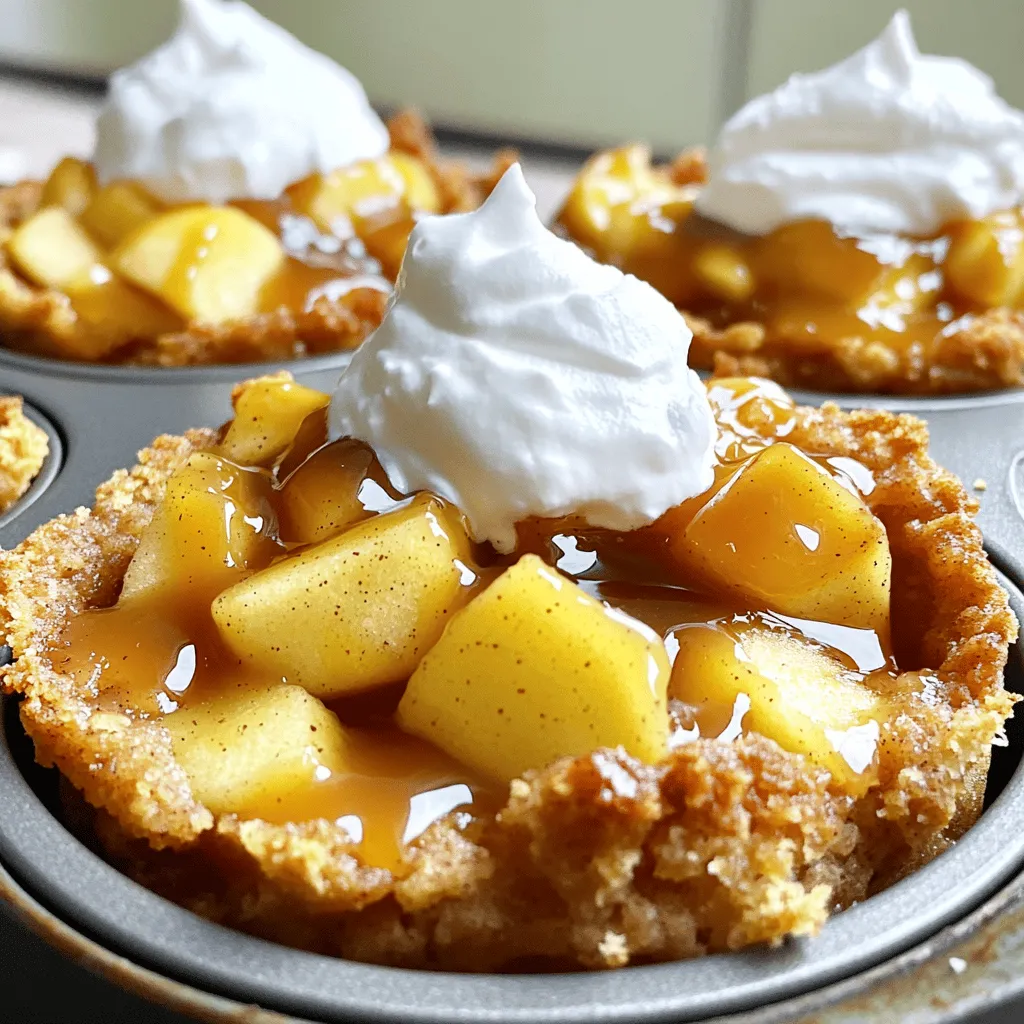 For this recipe, you need fresh apples. I prefer using two large Granny Smith apples. They have a nice tartness that pairs well with sweetness. You will also need one tablespoon of lemon juice. This keeps your apples from browning. Ground cinnamon adds warmth, so grab one teaspoon for that cozy flavor. You’ll also need a quarter cup of brown sugar and half a teaspoon of vanilla extract for sweetening the mix. Lastly, don’t forget one tablespoon of unsalted butter to enhance the taste. Next, let’s cover the pantry staples. You’ll need one cup of all-purpose flour for the base of your cups. Granulated sugar is also a must; you will need half a cup. One tablespoon of baking powder will help your cups rise, and half a teaspoon of salt balances all the flavors. Milk is key too; get one cup of it to make the batter nice and moist. For optional toppings, consider drizzling warm caramel sauce over your cobbler cups. You can use store-bought or homemade. If you want to add a creamy touch, whipped cream is a lovely choice. It pairs well with the warm flavors of the cobbler. Feel free to get creative and add your favorite toppings! First, grab your two large apples. I like using Granny Smith for their tartness. Peel and core them, then dice into small pieces. Place them in a bowl and add one tablespoon of lemon juice. This keeps the apples fresh. Next, sprinkle one teaspoon of ground cinnamon and a quarter cup of brown sugar over the apples. Add half a teaspoon of vanilla extract for extra flavor. Toss everything together gently. Let the mixture sit while you prepare the batter. This step helps the apples soak up all the yummy flavors. In a separate bowl, combine one cup of all-purpose flour, half a cup of granulated sugar, one tablespoon of baking powder, and half a teaspoon of salt. Mix these dry ingredients well. Now, pour in one cup of milk and add one tablespoon of melted unsalted butter. Stir gently until everything is just combined. Be careful not to overmix; we want a nice, soft batter. Take your greased muffin tin and start layering. Spoon about one tablespoon of batter into the bottom of each muffin cup. This forms a base. Next, add a generous spoonful of your cinnamon apple mixture on top of the batter. Make sure to spread it evenly. Finally, divide the remaining batter over the apple mixture, covering the apples completely. This will help keep them moist while baking. Now, it's time to bake! Place the muffin tin in your preheated oven at 350°F (175°C). Bake for 20 to 25 minutes. You know they are done when the tops are golden brown. Insert a toothpick into the center; it should come out clean. Once baked, let the cups cool in the tin for about five minutes. Carefully remove them and place them on a wire rack. Drizzle warm caramel sauce over each cobbler cup before serving. If you want to treat yourself, top with whipped cream! These warm caramel apple cinnamon cobbler cups shine at any gathering. Serve them fresh out of the oven for a cozy dessert. A drizzle of caramel sauce adds extra flavor. Top with whipped cream for a creamy finish. Pair them with vanilla ice cream for a delightful contrast. You can even serve them at breakfast with a hot cup of coffee or tea. To enhance the flavor, try using a mix of apples. Honeycrisp and Fuji add sweetness. For a crunch, fold in chopped nuts like walnuts or pecans into the apple mix. A dash of nutmeg can add warmth. If you like a spicy kick, consider adding a pinch of ground ginger. These small tweaks can make a big difference in taste. One common mistake is overmixing the batter. This can make the cups tough and chewy. Mix until just combined for a light texture. Also, don’t skip greasing the muffin tin. This helps the cups release easily after baking. Ensure your apples are diced evenly for consistent cooking. Lastly, watch the baking time closely to avoid overbaking. {{image_2}} You can swap out apples for other fruits in this recipe. Pears work well too. They add a sweet, juicy bite. You can use berries for a tart twist. Blueberries and raspberries add great color and flavor. Peaches are also a good choice. They give a nice, soft texture. Just make sure to adjust the sugar if the fruit is very sweet. To make this recipe gluten-free, use a gluten-free flour blend. Most blends work well in baking. For dairy-free options, substitute milk with almond or oat milk. Use coconut oil instead of butter for a dairy-free fat. This keeps the flavor rich and delicious. Your cobbler cups will still turn out great! You can add nuts for extra crunch. Chopped walnuts or pecans really enhance the taste. If you like spices, try adding nutmeg or ginger. They bring warmth to the flavor profile. A pinch of sea salt can also boost sweetness. Try mixing in some vanilla or almond extract for more depth. Each addition gives a unique twist to your cobbler cups. To keep your leftover cobbler cups fresh, let them cool completely. Place them in an airtight container. You can store them in the fridge for up to three days. This helps keep the flavors nice without losing their taste. When you're ready to enjoy your cobbler cups again, preheat your oven to 350°F (175°C). Place the cups on a baking sheet. Cover them with foil to avoid over-browning. Heat for about 10-15 minutes. If you prefer the microwave, heat them for 30 seconds to 1 minute. Check if they're warm enough before serving. If you want to save some for later, freezing works well. Wrap each cobbler cup in plastic wrap. Then, place them in a freezer-safe bag. They will stay good for about two months. When you want to eat them, thaw overnight in the fridge. Then, reheat as mentioned above. Enjoying these treats later is just as good as fresh! Yes, you can use other apples! While Granny Smith apples work well, feel free to try Fuji, Honeycrisp, or Braeburn apples. These varieties add their unique flavor and sweetness. Each type will give the cobbler cups a different taste. Just keep in mind the tartness and sweetness of the apples you choose. Making homemade caramel sauce is easy. You need sugar, butter, and cream. Start by melting one cup of sugar over medium heat in a saucepan. Stir until it turns golden brown. Then, add 6 tablespoons of butter and mix until melted. Next, pour in half a cup of heavy cream, stirring well. Let it cool before using. This sauce adds a rich flavor to your cobbler cups! Serve the cobbler cups warm. Drizzle them with warm caramel sauce for a treat. You can also add whipped cream on top for extra creaminess. They look great on a dessert table, too. Pair with coffee or tea for a delightful end to any meal. To adjust sweetness, you can change the sugar amounts. Use less brown sugar if you want them less sweet. If you prefer sweeter cups, add more sugar or caramel sauce. Remember, the apples also add natural sweetness. Always taste the apple mix before baking to find your perfect balance! This blog post covered the ingredients, steps, and tips for making delicious apple cobbler cups. You learned about fresh ingredients, pantry staples, and toppings. I shared key steps like preparing apples and baking instructions. You got useful tips and tricks, plus creative variations for different diets. Remember, experimenting can lead to new favorites. Enjoy baking and sharing these tasty cups!