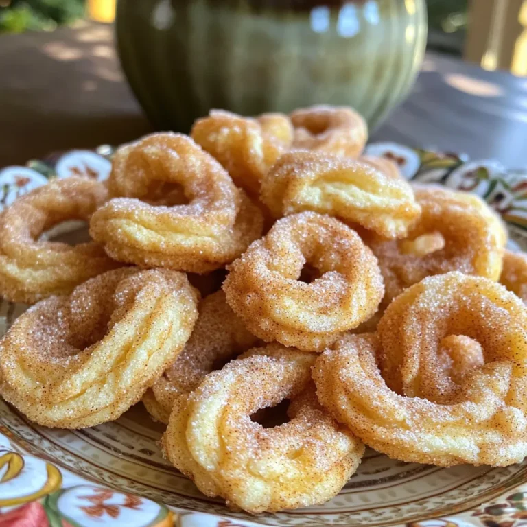 To make these churro cookies, you need simple items. Here’s what you’ll need: - 1 cup all-purpose flour - 1/2 cup unsalted butter, melted - 1/2 cup sugar - 1 large egg - 1 teaspoon vanilla extract - 1/2 teaspoon baking powder - 1/4 teaspoon salt - 1 tablespoon ground cinnamon These ingredients blend well to form a soft and tasty dough. The butter adds richness, while the sugar brings sweetness. The egg helps bind everything together. To create the sweet cinnamon-sugar topping, you’ll need: - 1/4 cup sugar - 1 tablespoon ground cinnamon This topping gives your cookies that classic churro flavor. Rolling the cookies in this mix makes them extra special. If you need to make changes, here are some options: - For all-purpose flour, use gluten-free flour for a gluten-free version. - Replace unsalted butter with coconut oil for a dairy-free choice. - If you are out of eggs, use a flax egg (1 tablespoon ground flaxseed mixed with 2.5 tablespoons water). These substitutes maintain the spirit of churro cookies while catering to different diets. First, preheat your oven to 350°F (175°C). This step warms up your oven for baking. Line a baking sheet with parchment paper to avoid sticking. In a medium bowl, mix 1 cup of all-purpose flour, 1/2 teaspoon of baking powder, and 1/4 teaspoon of salt. Whisk these dry ingredients well and set them aside. In a large bowl, combine 1/2 cup of melted unsalted butter with 1/2 cup of sugar. Beat until the mix is smooth and creamy. Then, add 1 large egg and 1 teaspoon of vanilla extract. Whisk everything together until it blends well. Next, gradually add the dry mix into the wet mix. Keep mixing until a soft dough forms. Scoop out the dough using a tablespoon or cookie scoop. Drop the dough balls onto the prepared baking sheet. Make sure to leave space between each ball. This space helps them spread. Bake in the oven for 10 to 12 minutes. You want the edges to be lightly golden. While they bake, your kitchen will fill with a delightful aroma. Once done, take them out and let them sit for a couple of minutes. Then, transfer the cookies to a cooling rack to cool. While the cookies cool, prepare the cinnamon sugar topping. In a small bowl, mix 1/4 cup of sugar with 1 tablespoon of ground cinnamon. When the cookies are still warm, roll each one in the cinnamon-sugar mix. Make sure to coat all sides well. This step adds the perfect sweet crunch to your cookies. Arrange the cookies on a decorative plate. For extra flair, sprinkle a bit more cinnamon-sugar on top. Enjoy your delightful, oven-baked cinnamon sugar churro cookies! To achieve the best texture, use room temperature butter. This helps the dough mix well. When you beat the butter and sugar, aim for a smooth, creamy blend. This creates cookies that are soft and chewy. Consider using a kitchen scale for precise measurements of flour. Too much flour can make your cookies dry. If you want a richer flavor, add a pinch of nutmeg or a dash of almond extract. These small changes can elevate your churro cookies. Every oven is different, so check your cookies a bit early. Bake them for 10 minutes, then look for golden edges. If they are not golden, add one or two more minutes. Keep an eye on them to avoid burning. If you like a crispier cookie, extend the baking time by a minute. For a softer cookie, remove them right at 10 minutes. Remember, they will continue to cook slightly after you take them out. One common mistake is not spacing the cookies enough on the baking sheet. They need room to spread, so leave at least two inches apart. Another mistake is rolling them in cinnamon sugar too late. Coat them while they are still warm for better sticking. Avoid overmixing the dough; mix just until combined. Lastly, don’t skip the cooling rack. This helps keep them from getting soggy on the bottom. {{image_2}} You can add chocolate chips to your churro cookies. Simply mix in 1 cup of semi-sweet chocolate chips into the dough after combining the wet and dry ingredients. This twist gives a rich flavor and a gooey texture. Each bite will be a sweet surprise, blending the cinnamon goodness with melty chocolate. To make these cookies gluten-free, swap the all-purpose flour for a gluten-free blend. Look for blends that include xanthan gum to help with texture. This option keeps the cookies soft and chewy. You won’t lose any flavor, and those with gluten sensitivities can enjoy a tasty treat! You can get creative with flavors. Try adding 1 teaspoon of almond extract for a nutty twist. You can also mix in 1 tablespoon of orange zest for a bright, fresh note. For a spicy kick, add a pinch of cayenne pepper. These small changes make your churro cookies unique and fun to eat! You can store your churro cookies in an airtight container. This keeps them fresh and tasty. They will last for about five days at room temperature. If you want to keep them longer, consider freezing them. Just make sure they are fully cooled before storing. To freeze your churro cookies, place them in a single layer on a baking sheet. Freeze them for about an hour. This way, they won’t stick together. Once frozen, put them in a freezer-safe bag or container. They will stay good for about three months. When you’re ready to eat them, just take out the number you want. To reheat your churro cookies, preheat your oven to 350°F (175°C). Place the cookies on a baking sheet for about five minutes. This will make them warm and soft again. You can also pop them in the microwave for about 10-15 seconds, but the oven gives a better texture. Enjoy your delicious cookies just like fresh-baked! Yes, you can make these cookies ahead of time. I recommend baking them and letting them cool. Store the cookies in an airtight container for up to three days. You can also freeze them for up to three months. When ready to eat, just reheat them in the oven for a few minutes. This keeps them soft and tasty. Churro cookies are baked, while traditional churros are fried. Churros are long and crispy, while churro cookies are round and soft. The flavor is similar, with cinnamon and sugar in both. However, churro cookies have a more cake-like texture. They are easier to make and less messy than frying churros. You can find churro cookies in some bakeries or specialty shops. Many grocery stores also carry them in the bakery section. Online retailers often sell churro cookies too. Just check the ingredient list to ensure they match your taste. If you want a homemade taste, baking them yourself is the best option. Churro cookies are fun and easy to make. We covered the ingredients, step-by-step instructions, and tips to perfect them. You learned about tasty variations and how to store them well. Now, you can enjoy these treats anytime. With practice, you’ll master this recipe and impress anyone who tries them. Happy baking, and enjoy your delicious churro cookies!